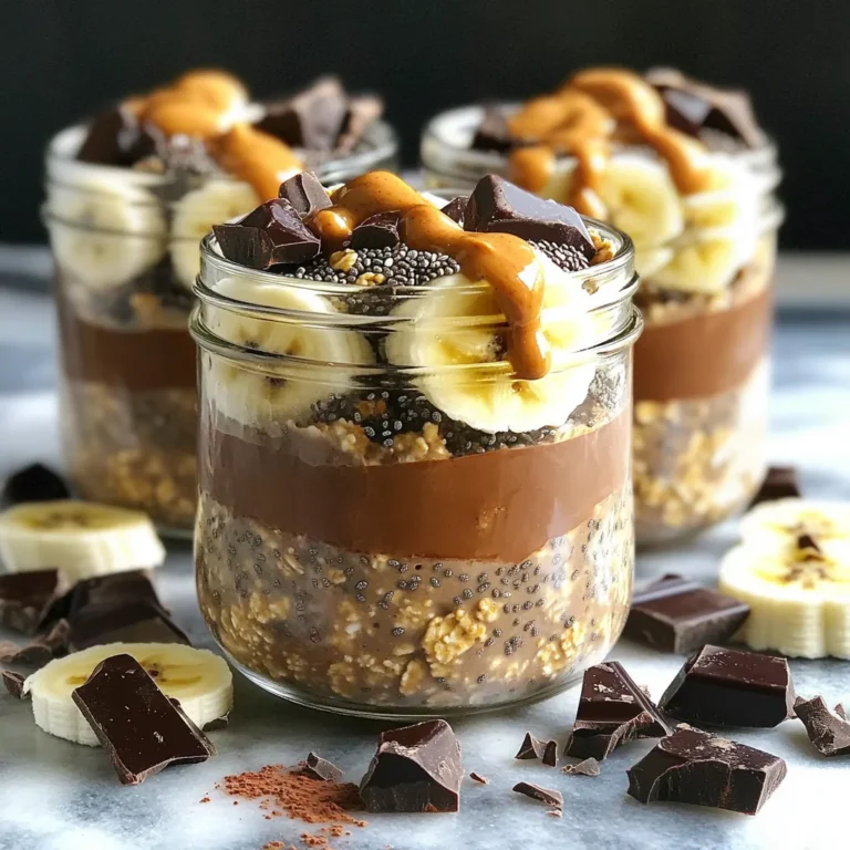 To make Peanut Butter Cup Overnight Oats, you need these key items: - 1 cup rolled oats - 2 tablespoons chia seeds - 2 cups almond milk (or any milk of choice) - 3 tablespoons natural peanut butter - 2 tablespoons maple syrup (or honey) - 1 teaspoon vanilla extract - A pinch of salt - 3 tablespoons cocoa powder - Chopped dark chocolate or chocolate chips (for topping) - Sliced bananas or strawberries (for garnish) These ingredients work together to create a creamy and rich flavor. The oats provide a great base, while the peanut butter and cocoa give that yummy chocolatey taste. You can easily swap out some ingredients to fit your needs: - Use oat milk or coconut milk instead of almond milk for a different flavor. - Try sunflower seed butter if you're allergic to nuts. - Replace maple syrup with agave nectar for a vegan option. - Choose unsweetened cocoa powder for a less sweet taste. These options keep your oats tasty and friendly for many diets. Want to make your oats even better? Here are some fun toppings: - Chopped nuts like almonds or walnuts for crunch. - Dried fruits like raisins or cranberries for sweetness. - A sprinkle of cinnamon for warmth and spice. - A drizzle of extra peanut butter for that extra kick. These toppings add flavor and texture, making your breakfast even more exciting! Start by gathering your dry ingredients. In a large mixing bowl, add: - 1 cup rolled oats - 2 tablespoons chia seeds - 3 tablespoons cocoa powder Mix these ingredients well. This step is key! You want all the flavors to blend before adding the wet ingredients. In a separate bowl, combine your wet ingredients. Add: - 2 cups almond milk (or any milk of choice) - 3 tablespoons natural peanut butter - 2 tablespoons maple syrup (or honey) - 1 teaspoon vanilla extract - A pinch of salt Stir them together until smooth and creamy. This mixture should be rich and inviting. Now, pour the wet mixture into the bowl with the dry ingredients. Stir well. Make sure all the oats and chia seeds are coated. This step ensures every bite is full of flavor. Next, divide the mixture into two jars. Press down slightly to remove air pockets. Seal the jars and place them in the refrigerator overnight. This soaking makes the oats soft and creamy. In the morning, stir the oats, and add your favorite toppings! Enjoy the deliciousness! To get the best texture, use rolled oats. They soak up the liquid well. Chia seeds also help create a nice thickness. Make sure to stir the mixture well. This helps the oats and chia seeds absorb the almond milk evenly. After mixing, press down lightly in the jars. This removes air pockets and keeps the oats creamy. Store your overnight oats in airtight jars. This keeps them fresh and tasty. Place them in the fridge right after you prepare them. They can last up to five days. Just remember to give them a good stir before eating. If you notice any separation, don't worry; it's normal. Feel free to get creative with flavors! You can swap almond milk for your favorite milk. Try adding spices like cinnamon or nutmeg for warmth. You can also mix in different fruits. Berries, apples, or even mango can add a fun twist. Don’t be afraid to experiment with toppings too! Each time you make it, you can create something new and exciting. {{image_2}} If you want a nut-free option, you can use sun butter or soy nut butter. Both spread options taste great and still give you that creamy texture. You can also swap almond milk for oat milk or coconut milk. These substitutes keep your oats rich and delicious without nuts. To make this recipe vegan, start by ensuring your chocolate chips are dairy-free. You can use maple syrup instead of honey, which keeps it plant-based. Oats and chia seeds are already vegan, so you’re halfway there! Just focus on your toppings and choose fresh fruits or nuts that fit a vegan diet. You can make your overnight oats even more fun with add-ins. Think about tossing in some cinnamon or a scoop of protein powder for added nutrition. You might also try different fruits, like blueberries or diced apples. Want a chocolate boost? Add an extra tablespoon of cocoa powder to the mix! Each twist gives your meal a new taste adventure. To keep your Peanut Butter Cup Overnight Oats fresh, store them in airtight containers. Glass jars work great for this. They help you see the layers and make it easy to grab in the morning. Before sealing, push the mixture down a bit. This removes air pockets and helps the oats absorb the liquid better. When stored properly in the fridge, your overnight oats will last for up to five days. This means you can prepare a few jars in advance. Just remember to add fresh toppings like fruit right before you eat. This keeps them looking and tasting great. You can also freeze your overnight oats for longer storage. Use freezer-safe jars and fill them, leaving space at the top. This way, they can expand as they freeze. To eat, thaw them in the fridge overnight. A little stirring may be needed in the morning to bring back the creamy texture. Yes, you can use quick oats. They cook faster and absorb liquid quickly. This makes them softer. However, the texture will be different. Rolled oats give a heartier bite. If you prefer a creamy feel, quick oats work well. To add more protein, include Greek yogurt or protein powder. Mix in a scoop of your favorite protein powder in the wet mix. You can also add nuts or seeds. Try adding a handful of almonds or sunflower seeds for extra crunch and protein. Yes, overnight oats are safe for up to five days in the fridge. Store them in airtight containers. Check for any off smells or strange textures before eating. If they look good, they are likely good to eat. You’ve explored the key ingredients, step-by-step instructions, and helpful tips for making overnight oats. You learned about substitutions, variations, and storage methods to keep your oats fresh. Remember to experiment with flavors to find what you love. Overnight oats are flexible and nutritious, fitting any diet. Feel free to try new toppings and mix-ins. With these insights, you can create delicious overnight oats that suit your taste. Enjoy the process and happy snacking!