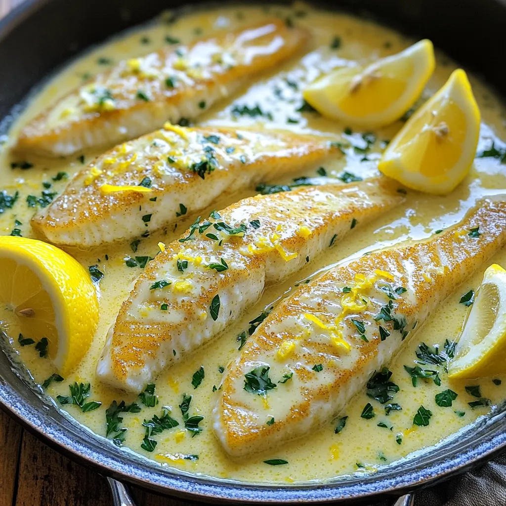 - 4 tilapia fillets - 3 tablespoons unsalted butter - 1 tablespoon olive oil For this dish, I start with fresh tilapia fillets. They are mild and flaky, making them a perfect base. I use unsalted butter for that rich flavor. Olive oil adds a nice touch and helps cook the fish evenly. - 3 cloves garlic, minced - 1 cup heavy cream - 1 teaspoon lemon zest - 2 tablespoons freshly squeezed lemon juice Garlic brings a warm aroma that makes the dish inviting. Heavy cream adds smoothness to the sauce. I love lemon zest and juice for a bright, fresh kick. - 1 teaspoon dried thyme - Salt and pepper to taste - Fresh parsley for garnish - Lemon wedges for serving Dried thyme adds depth to the flavor. Salt and pepper bring out the best in all the ingredients. Fresh parsley gives a pop of color, and lemon wedges are great for an extra zesty bite. This combination of ingredients creates a dish that feels special yet is easy to make. You’ll love how these flavors work together to create a delightful meal! To start, heat a large skillet over medium heat. Add 1 tablespoon of olive oil and 1 tablespoon of unsalted butter. Let them melt together. This mix gives the tilapia a nice buttery flavor. Once melted, it’s time to season the tilapia fillets. Sprinkle salt and pepper on both sides of the fish. This step is key for flavor. Now, place the seasoned tilapia in the skillet. Cook each side for about 3-4 minutes. You will know the fish is done when it flakes easily with a fork. This means it’s perfectly cooked. Once ready, take the fillets out and set them aside on a plate. In the same skillet, add the remaining 2 tablespoons of butter. Next, toss in the minced garlic. Sauté for about 1 minute. You want the garlic to smell great but not brown. After that, pour in 1 cup of heavy cream. Stir it well to mix everything. Add 1 teaspoon of lemon zest and 2 tablespoons of lemon juice. The lemon gives a fresh taste. Also, add 1 teaspoon of dried thyme and season with salt and pepper. Let this sauce simmer for 2-3 minutes to thicken a bit. Now, return the cooked tilapia to the skillet. Spoon the creamy sauce over the fish. Cook for another 1-2 minutes to warm everything up. Finally, remove the skillet from the heat. Garnish the dish with fresh parsley and serve it with lemon wedges on the side. This dish is bright, creamy, and sure to impress! To get moist and flaky tilapia, follow a few key steps. First, use fresh fillets for the best flavor. Pat the fish dry before cooking to help it sear nicely. Cook on medium heat for about 3-4 minutes per side. Check for doneness by gently flaking the fish with a fork. If it flakes easily, it's ready! If you want to skip heavy cream, try alternatives like coconut milk or Greek yogurt. Both add creaminess without the extra fat. You can also boost flavor by adding a pinch of smoked paprika or a splash of white wine. These small tweaks create a richer taste and keep things exciting. To round out your meal, pair the tilapia with sides like garlic bread or a light salad. Roasted vegetables, like asparagus or broccoli, also match well. For a complete dish, serve your tilapia with lemon wedges for a fresh squeeze of flavor. Each bite will be a delightful mix of creamy and zesty goodness! {{image_2}} You can switch out tilapia for other fish like cod or salmon. These alternatives keep the dish tasty. If you prefer chicken, use thin breast fillets. Chicken cooks well in the creamy sauce, too. Just adjust cooking time. Fish and chicken absorb flavors well, making them great options. To make this dish gluten-free, simply ensure your ingredients are safe. The recipe naturally avoids gluten. For a dairy-free version, swap heavy cream with coconut cream or a nut-based cream. These options provide a rich texture while staying dairy-free. Always check labels for hidden gluten or dairy. You can enhance the flavor by adding herbs like dill or basil. Fresh herbs bring brightness to the dish. Spices such as paprika or chili flakes can add a kick. Experiment with these flavors to find your perfect taste. The creamy lemon sauce is versatile, so have fun with it! To store leftovers safely, first let the tilapia cool down to room temperature. Then, place it in an airtight container. I recommend using glass for better heat resistance. Seal the container tightly to prevent moisture loss. Store it in the fridge for up to three days. This way, you keep the fish fresh and tasty. To reheat without drying out the fish, the best method is to use the stove. Place the leftover tilapia in a skillet over low heat. Add a splash of water or cream to keep it moist. Cover the skillet with a lid to trap steam. Heat for about 5 minutes or until warm. You can also use the microwave, but be careful. Heat it in short bursts to avoid drying. Yes, you can freeze this dish! To do it right, wrap the tilapia tightly in plastic wrap. Then, place it in a freezer-safe bag. Remove as much air as possible to prevent freezer burn. This stored tilapia can last for up to three months in the freezer. When you are ready to eat it, thaw it overnight in the fridge before reheating. Yes, you can use frozen tilapia fillets. Just thaw them first. Place them in the fridge overnight or run them under cold water. Once thawed, pat them dry before cooking. This helps the seasoning stick better. Tilapia is cooked when it turns opaque and flakes easily with a fork. This usually takes about 3-4 minutes per side. You can also use a food thermometer. The internal temperature should reach 145°F (63°C) for safety. You can use half-and-half or coconut milk as a substitute for heavy cream. Both add creaminess to the sauce. For a lighter option, try using Greek yogurt mixed with a bit of milk. This will give a tangy flavor. Yes, this recipe is great for meal prep. You can cook the tilapia and sauce in advance. Store them in airtight containers. This dish tastes good even after a day or two in the fridge. Just reheat gently when ready to eat. Leftover tilapia will last about 2-3 days in the fridge. Store it in an airtight container to keep it fresh. Make sure to check for any off smells or changes in appearance before eating. This blog highlighted how to cook delicious tilapia with a creamy lemon sauce. We covered key ingredients and steps, from preparing the skillet to serving your meal. Remember to check for doneness to keep the fish tender. Use these tips for cooking, enhancing flavors, and experimenting with variations. Enjoy storing and reheating your leftovers safely. With simple steps, you can make a wonderful dish that will impress!