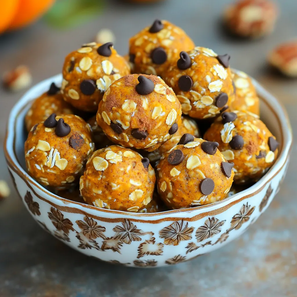 To make No Bake Pumpkin Spice Energy Balls, you need simple and healthy ingredients. Here’s what you’ll need: - 1 cup rolled oats - 1/2 cup almond butter - 1/2 cup canned pumpkin puree - 1/4 cup honey or maple syrup - 1 teaspoon vanilla extract - 1 teaspoon pumpkin pie spice - 1/4 teaspoon salt - Optional add-ins: - 1/4 cup mini chocolate chips - 1/4 cup chopped walnuts or pecans Each ingredient plays a key role in flavor and texture. The oats give a hearty base, while almond butter adds creaminess. Pumpkin puree brings moisture and a lovely fall flavor. Honey or maple syrup sweetens the mix nicely. Vanilla extract adds depth, and pumpkin pie spice gives that warm, cozy aroma we love. A pinch of salt balances the sweetness. If you want to make them even more fun, add chocolate chips or nuts. The chocolate adds a nice surprise, and the nuts give a delightful crunch. These energy balls are not just tasty; they are also packed with nutrients. Enjoy making this easy snack that’s perfect for any time of the day! First, grab a large mixing bowl. Add 1 cup of rolled oats. Next, scoop in 1/2 cup of almond butter. Then, add 1/2 cup of canned pumpkin puree. Pour in 1/4 cup of honey or maple syrup. Finally, add 1 teaspoon of vanilla extract. Mix all these ingredients well. You want a sticky dough to form. Now, sprinkle in 1 teaspoon of pumpkin pie spice and 1/4 teaspoon of salt. Stir until everything blends well. If you want some extra flavor, fold in 1/4 cup of mini chocolate chips and 1/4 cup of chopped nuts. Use walnuts or pecans for a nice crunch. Take about 1 tablespoon of the mixture. Roll it into a ball using your hands. Repeat this step until you shape all the mixture into balls. Place the energy balls on a baking sheet lined with parchment paper. Refrigerate them for at least 30 minutes. This will help them firm up nicely. When they are chilled, store them in an airtight container in the fridge. Enjoy your tasty snack! To get the best texture, use rolled oats. They help create a chewy bite. You want your mixture sticky but not too wet. If it's too dry, add a bit more almond butter or syrup. If it’s too wet, mix in some oats until it feels just right. You can switch things up to match your taste. Try using different nut butters like peanut or cashew. You can also add spices. Cinnamon or nutmeg can add a warm touch. For a fun twist, add dried fruit like cranberries or raisins. This gives a sweet and chewy bite. Presentation matters! Arrange the energy balls in a nice bowl. Sprinkle them with extra pumpkin pie spice for a festive look. You can also use colorful cupcake liners to make them pop. These energy balls are perfect for snacks at home or to share at parties. {{image_2}} You can easily change your energy balls by adding different ingredients. Try using sunflower seed butter instead of almond butter for a nut-free option. You can also swap the mini chocolate chips for dried fruit like cranberries or raisins. Seeds like chia or flax can add crunch and boost nutrition. Pumpkin spice is perfect for fall, but you can mix it up! In winter, add peppermint extract for a fresh twist. For spring, use lemon zest to brighten the flavor. Summer calls for coconut flakes for a tropical vibe. Each season brings new chances to enjoy these bites. These energy balls can fit many diets. To make them gluten-free, use certified gluten-free oats. If you need them nut-free, opt for sun butter instead of almond butter. Vegan eaters can replace honey with maple syrup. This way, everyone can enjoy these tasty snacks! You should store your No Bake Pumpkin Spice Energy Balls in an airtight container. This keeps them fresh and tasty. A glass jar works great if you have one. You can also use a plastic container with a tight lid. Placing parchment paper between layers helps prevent sticking. These energy balls stay fresh in the fridge for up to a week. After that, they may lose flavor and texture. Check for any signs of spoilage, like an off smell or mold. If they look good and smell right, they’re likely fine to eat. For longer storage, you can freeze the energy balls. Place them in a single layer on a baking sheet first. Freeze them for about an hour. After that, pop them into a freezer-safe bag or container. They can last for up to three months in the freezer. Just thaw them in the fridge before enjoying! Yes, you can use other nut butters. Peanut butter works well. Sunflower seed butter is a great option if you need nut-free. Each butter adds a unique taste. Just pick what you like best! These energy balls last about one week in the fridge. Store them in an airtight container. If you want them to last longer, you can freeze them. They will keep well for up to three months in the freezer. You can make these without pumpkin puree. Try using applesauce for a fruity twist. You can also use mashed bananas for a different flavor. Each option will change the taste and texture a bit. This blog post shows how to make tasty, healthy energy balls using simple ingredients. We discussed combining oats, almond butter, and pumpkin puree for a nutritious snack. You can customize these balls with spices, flavors, and add-ins like chocolate chips or nuts. We also covered storage tips to keep them fresh. In the end, these energy balls are fun to make and great to eat anytime. Enjoy creating your snacks!