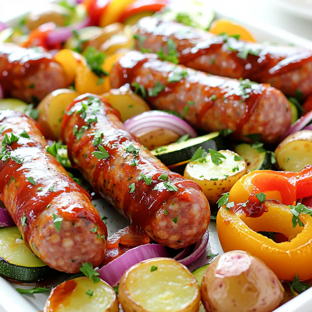 - 4 spicy Italian sausage links (chicken or turkey for lighter option) - 1 red bell pepper, sliced - 1 yellow bell pepper, sliced - 1 medium zucchini, chopped - 1 red onion, quartered - 2 cups baby potatoes, halved - 3 tablespoons olive oil - 2 tablespoons BBQ sauce (your favorite brand) - 1 teaspoon garlic powder - 1 teaspoon smoked paprika - Salt and pepper to taste - Fresh parsley, chopped (for garnish) This dish is simple and fun to make. Each ingredient serves a purpose. The spicy sausage adds bold flavor. The veggies bring color and crunch. Baby potatoes give heartiness. Olive oil helps everything roast well. BBQ sauce coats the sausage and adds sweetness. Garlic powder and smoked paprika boost flavor. Using fresh ingredients makes the dish better. Choose ripe peppers and firm zucchini. Look for sausages that you enjoy. You can even mix sausage types for fun flavors. Don't forget the parsley! It adds a fresh touch on top. Ready to get cooking? Gather these ingredients and prepare for a tasty meal! - Preheat your oven to 425°F (220°C). - Chop the veggies first. Slice the red and yellow bell peppers. - Cut the zucchini into chunks. Quarter the red onion. - Halve the baby potatoes. Set everything aside. - Grab your spicy Italian sausage links. - In a big bowl, toss the veggies with olive oil. - Add garlic powder, smoked paprika, salt, and pepper. - Mix well until all the veggies are coated. - Spread the seasoned vegetables in a single layer on a sheet pan. - Place the sausage links on the pan with the veggies. - Brush the sausages with BBQ sauce for extra flavor. - Bake in the oven for about 25-30 minutes. - Stir halfway through to ensure even cooking. - When done, let the pan cool for a few minutes. - Garnish with fresh parsley before serving. To ensure even cooking, spread the veggies out on the sheet pan. This allows hot air to circulate around them. Stir halfway through cooking. This helps everything cook nicely. For sausage, I like spicy Italian sausage. Chicken or turkey sausages are great for a lighter option. They still offer good flavor without all the fat. This dish pairs well with a fresh salad or some crusty bread. A side of coleslaw adds crunch and flavor. Serve the meal hot for the best taste. You can swap some ingredients for lighter options. Use zucchini noodles instead of baby potatoes for fewer carbs. Opt for turkey sausage instead of pork for lower calories. To further reduce calories, cut back on BBQ sauce. You can also add more veggies. Carrots or broccoli work great in this dish. {{image_2}} You can swap veggies in this dish for more fun. Here are some great options: - Broccoli florets: They roast well and add crunch. - Carrots: Slice them thin for sweet flavor. - Asparagus: Use young stalks for a fresh taste. For sausage, try these flavor profiles: - Smoky chipotle sausage: Adds a spicy kick. - Garlic sausage: Brings a strong garlic taste. - Vegetarian sausage: Great for a meat-free meal. Making your own BBQ sauce is simple and fun. Here’s a quick recipe: 1. Combine: Mix 1 cup ketchup, 1/4 cup apple cider vinegar, and 1 tablespoon brown sugar. 2. Spice it up: Add 1 teaspoon garlic powder and 1 teaspoon onion powder. Different regions have their own BBQ sauce styles. Here are a few: - Kansas City style: Thick and sweet. - North Carolina style: Tangy and vinegar-based. - Texas style: Spicy with a smoky flavor. You can make this dish ahead of time. Here are some tips: - Chop veggies the night before and store them in the fridge. - Pre-cook sausages and mix them with veggies later. For freezing: - Let the dish cool completely. - Store in airtight containers. It lasts up to three months. When you're ready, reheat in the oven for a quick meal! To store leftovers in the fridge, let the dish cool first. Place the cooled food in an airtight container. This helps keep the flavors fresh. You can store it for up to four days. For reheating, take the leftovers out of the fridge. Place them on a microwave-safe plate. Heat for 1-2 minutes, stirring halfway through. You can also reheat in the oven at 350°F (175°C) for about 10-15 minutes. For freezing, let the dish cool completely. Then, transfer it to a freezer-safe container. Make sure to leave some space for expansion. Wrap it tightly with plastic wrap and then with aluminum foil. This helps prevent freezer burn. To thaw, place the container in the fridge overnight. If you're in a hurry, you can use the microwave on the defrost setting. Once thawed, reheat as mentioned before. In the fridge, this dish will last about four days. In the freezer, it can last up to three months. For the best taste, eat it within the first month. Yes, you can use different types of sausage. Try chicken, turkey, or even pork sausage. If you want a milder taste, go for sweet Italian sausage. For a spicy kick, use chorizo or jalapeño sausage. Each type adds a unique flavor to your dish. To know when the sausages are done, check their temperature. They should reach at least 160°F (70°C) for safety. Use a meat thermometer for the best results. When done, the sausages should be firm and no longer pink inside. For a vegetarian version, substitute sausage with plant-based options. You could use veggie sausage or tempeh. Add more vegetables, like mushrooms or eggplant, for extra flavor. Tofu is also a great choice. Just marinate it in BBQ sauce before baking for added taste. This meal combines tasty sausage, colorful veggies, and rich flavors. We covered ingredients, cooking steps, and variations to fit any taste. With tips for storage and meal prep, this dish offers a lot of flexibility. You can easily make it healthier or switch up ingredients to keep it fresh. Whether you’re feeding a crowd or meal prepping for the week, this recipe has you covered. Enjoy your flavorful dish, knowing you made a smart choice!