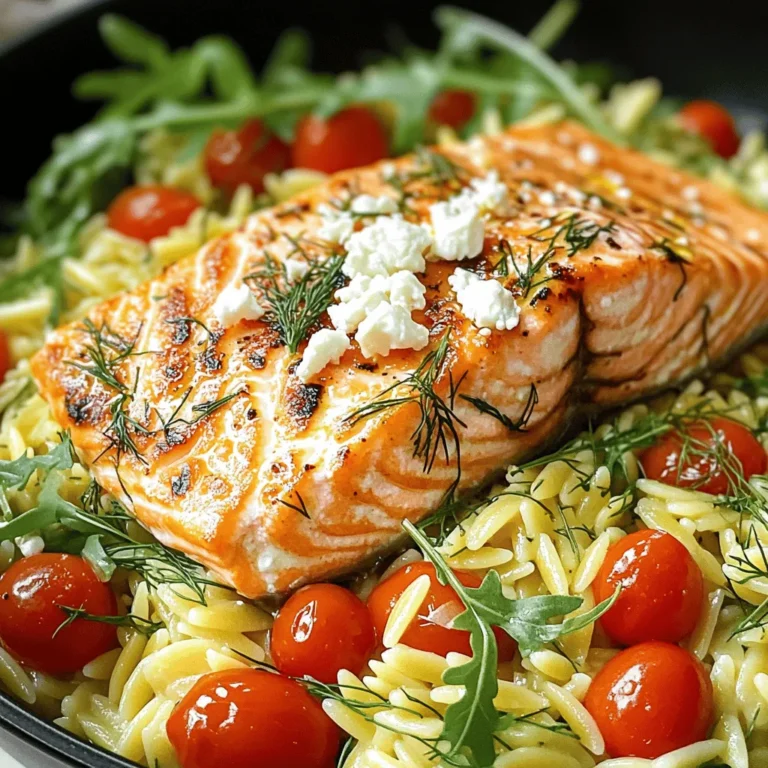 For this dish, you will need two salmon fillets. Each fillet should weigh about 6 ounces. Fresh salmon gives the best taste, but frozen works too. Look for bright color and no strong smell. You need one cup of orzo pasta. Orzo looks like rice but cooks like pasta. It adds a nice texture to the dish. You can find it in the pasta aisle of most stores. To make your meal pop, gather some key flavor enhancers: - 2 cups vegetable broth - 1 tablespoon olive oil - 2 tablespoons fresh dill, chopped (or 1 tablespoon dried dill) - Zest and juice of 1 lemon - 1 garlic clove, minced - Salt and pepper to taste - 1 cup cherry tomatoes, halved - 1/2 cup feta cheese, crumbled - Fresh arugula or spinach for serving These ingredients work together to create a bright, fresh taste. The lemon and dill give the dish a wonderful aroma. The feta adds a creamy touch, while the tomatoes provide a nice burst of flavor. To cook the orzo, start with a medium saucepan. Pour in 2 cups of vegetable broth and bring it to a boil. The broth adds great flavor. Once boiling, add 1 cup of orzo pasta. Cook it for about 8 to 10 minutes. You want it to be al dente, which means it should still have a slight bite. After cooking, drain the orzo and set it aside. This step is simple but key to a tasty meal. Next, focus on the salmon. Take 2 salmon fillets and season them well. Use salt, pepper, lemon zest, and half of the fresh dill. This mix gives the salmon a fresh taste. In a large skillet, heat 1 tablespoon of olive oil over medium-high heat. Add the salmon fillets skin side down. Cook them for about 4 to 5 minutes until they are golden brown. Flip the fillets over and add 1 minced garlic clove and the juice of 1 lemon. Cook for an additional 4 to 5 minutes. The salmon is ready when it flakes easily with a fork. Keep it warm after cooking. Now it's time to combine everything. In the same skillet with leftover oil, add the cooked orzo, halved cherry tomatoes, and the remaining dill. If it looks dry, add a bit more olive oil. Gently toss these together and heat for about 2 minutes. This step melds all the flavors. To serve, plate the orzo mixture on individual plates. Lay the salmon fillet on top and sprinkle with crumbled feta cheese. For a pop of color, add fresh arugula or spinach around the dish. This adds freshness and makes it look beautiful. Enjoy your meal! When picking salmon, look for bright, shiny skin. The flesh should appear moist, not dry. Fresh salmon smells like the sea, not fishy. Always check for firm texture. If it feels mushy, skip it. Ask your fishmonger for wild-caught salmon. It's often fresher and tastier than farmed. To cook orzo just right, use plenty of water. This helps it not stick together. Follow the package instructions for timing, usually about 8-10 minutes. Test the orzo before draining; it should be al dente. If you prefer softer pasta, cook it a minute longer. Draining it quickly prevents sogginess. For a great meal, plate the orzo first. Place the salmon on top for a nice look. Sprinkle crumbled feta over the fish for flavor. Add fresh arugula or spinach around the plate. This adds color and a fresh crunch. You can also serve with lemon wedges on the side. They add a zesty touch when squeezed over the dish. {{image_2}} You can easily add vegetables for more color and taste. Consider bell peppers, zucchini, or asparagus. These veggies will cook quickly and blend well with the orzo. Simply chop them and toss them into the skillet with the orzo. You can even roast them first for a deeper flavor. This way, you make the dish more nutritious and vibrant. If you want to switch things up, try using other herbs. Basil and parsley offer fresh flavors that go well with salmon. You can also try tarragon for a unique twist. Just chop the herbs and mix them in with the orzo, or sprinkle them on top as a garnish. This small change can make your meal feel new and exciting. Feta cheese adds a nice touch, but you can try other cheeses too. Goat cheese gives a creamy texture that contrasts well with the salmon. Parmesan adds a nutty flavor that enhances the dish. Simply crumble or grate the cheese and sprinkle it over the salmon and orzo before serving. Each cheese brings its own unique taste to this healthy dinner. Store any leftover Lemon Dill Salmon Orzo in an airtight container. This keeps it fresh. Place the container in the fridge. It will stay good for up to three days. Make sure to cool the dish before sealing it. If you want to keep it longer, consider freezing. To reheat, use the microwave or stovetop. If you use the microwave, place the orzo in a bowl. Add a splash of water to keep it moist. Heat for one to two minutes. Stir halfway to warm it evenly. For the stovetop, use a skillet over low heat. Stir gently until hot. This helps maintain the dish's flavors. You can freeze Lemon Dill Salmon Orzo if you plan to save it longer. First, let the dish cool completely. Then, place it in a freezer-safe container or bag. Make sure to remove as much air as possible. Label it with the date. The dish can last for up to three months in the freezer. When ready to eat, thaw it overnight in the fridge before reheating. Yes, you can use frozen salmon. Make sure to thaw it before cooking. Thawing helps it cook evenly. You can leave it in the fridge overnight or use cold water. Just be sure to dry it well before seasoning. This way, you still get a tasty and juicy salmon. If you don't have orzo, you can try other small pastas. Examples are ditalini, farro, or even quinoa. Each will bring a different texture. Adjust cooking times as needed. Quinoa cooks faster, while ditalini takes about the same time as orzo. This dish lasts about three days in the fridge. Store it in an airtight container. Make sure to cool it to room temp first. When you’re ready to eat, just reheat it in the microwave or on the stove. Enjoy your Lemon Dill Salmon Orzo even days later! This blog post covers how to make a tasty salmon and orzo dish. We explored the key ingredients, including fresh salmon and orzo pasta, along with flavor enhancers. I walked through easy cooking steps for perfect salmon and orzo. You learned tips for freshness, texture, and serving ideas. In the end, this dish offers great flavor and simple options. Feel free to add veggies or switch herbs. Remember, cooking is about trying new things. Enjoy your meal and impress your friends!