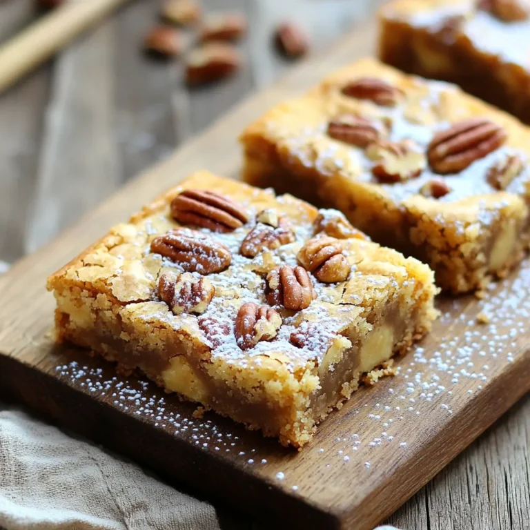 - 1 cup unsalted butter (for browning) - 1 1/2 cups brown sugar, packed - 1/2 cup granulated sugar - 2 large eggs - 2 teaspoons vanilla extract - 2 cups all-purpose flour - 1/2 teaspoon baking powder - 1/2 teaspoon baking soda - 1/4 teaspoon salt - 1 cup pecans, roughly chopped - 1/2 cup pure maple syrup You can swap butter for coconut oil or ghee. These options work well in baking. If you want to cut sugar, try coconut sugar or honey. Both can add a nice flavor. For nuts, feel free to use walnuts or almonds instead of pecans. They give a different taste but still fit well in this recipe. Adjust these ingredients based on your needs or what you have at home. The blondies will still turn out tasty! 1. Prepping the oven and baking pan Start by preheating your oven to 350°F (175°C). While it heats, grab a 9x13 inch baking pan. Grease it well or line it with parchment paper. This makes it easy to lift out the blondies later. 2. Melting and browning the butter Take 1 cup of unsalted butter and place it in a medium saucepan over medium heat. Melt the butter slowly. Keep stirring as it cooks. After about 5 to 7 minutes, it will turn golden brown and smell nutty. Be careful not to let it burn. Once ready, remove it from the heat and let it cool for a few minutes. 3. Combining sugars and adding brown butter In a large bowl, mix 1 1/2 cups of packed brown sugar and 1/2 cup of granulated sugar. Pour in the warm brown butter. Stir well until the sugars blend with the butter. 4. Incorporating eggs and vanilla extract Add 2 large eggs, one at a time. Mix well after each egg. Then, stir in 2 teaspoons of vanilla extract until everything is smooth. 5. Mixing dry ingredients and adding to wet mixture In another bowl, whisk together 2 cups of all-purpose flour, 1/2 teaspoon of baking powder, 1/2 teaspoon of baking soda, and 1/4 teaspoon of salt. Gradually add this dry mix to the wet mixture. Stir until just combined. Do not overmix, as this can make your blondies tough. 6. Folding in nuts and maple syrup Gently fold in 1 cup of roughly chopped pecans and 1/2 cup of pure maple syrup. This adds great flavor and texture to your blondies. 7. Pouring and spreading the batter Now, pour the blondie batter into the prepared pan. Use a spatula to spread it out evenly. 8. Baking times and checking for doneness Place the pan in the oven and bake for 20 to 25 minutes. Check for doneness by inserting a toothpick into the center. It should come out with a few moist crumbs, not wet batter. After baking, let the blondies cool in the pan for at least 10 minutes before transferring them to a wire rack. To brown butter, heat it in a medium saucepan over medium heat. Stir it often. Watch for the color to change to a golden brown. The smell should be nutty and sweet. This process takes about 5-7 minutes. If it smells burned, start over. Keep your focus here; brown butter adds a rich flavor to your blondies. Mixing too much can ruin your blondies. Stir just until the flour blends in. Overmixing makes them tough. Also, check your oven temperature. An oven that is too hot can burn the edges. A thermometer helps ensure it's at 350°F. This keeps your blondies soft and chewy. For a beautiful presentation, cut your blondies into squares. Dust the tops with powdered sugar. This adds a nice touch. You can also serve them warm with vanilla ice cream. The cold ice cream pairs well with the warm, sweet blondies. Top with a drizzle of maple syrup for extra flavor. Enjoy these treats with friends or family! {{image_2}} You can change the nuts in these blondies. Instead of pecans, try walnuts or almonds. Both will add a nice crunch. You can also add chocolate chips or butterscotch chips. These will melt and create pockets of sweetness. Mix in about a cup of your choice for a fun twist. If you want gluten-free blondies, swap the all-purpose flour for a gluten-free mix. Many brands work well in baking. For a vegan version, use a plant-based butter and flax eggs. To make one flax egg, mix one tablespoon of ground flaxseed with three tablespoons of water. Let it sit for a few minutes to thicken. You can play with flavors based on the season. In the fall, try adding pumpkin spice to the batter. Just a teaspoon will make a big difference. You can also use seasonal nuts or fruits, like chopped apples in the fall. They will add flavor and moisture to your blondies. To keep your blondies fresh, store them in an airtight container. This will help keep them moist and tasty. If you live in a warm place, put them in the fridge. At room temperature, they last about 3 to 4 days. If you keep them in the fridge, they can last up to a week. Just make sure to let them warm up a bit before eating. You can freeze blondies to enjoy later. To freeze them, first, let them cool completely. Then, cut them into squares. Wrap each piece in plastic wrap, and then put them in a freezer bag. Make sure to remove as much air as possible. They stay good in the freezer for about 2 to 3 months. When you're ready to eat, take them out and let them thaw in the fridge overnight. For a warm treat, pop them in the oven at 350°F for a few minutes. This will make them soft and gooey again. Enjoy! What makes these blondies different from brownies? Blondies are sweeter and softer than brownies. They use brown sugar, which gives them a rich flavor. Brownies have cocoa powder and are often more chocolatey. Blondies focus on flavors like butter and maple. They are chewy and have a light, golden color. Can I use margarine instead of butter? You can use margarine, but it changes the taste. Butter adds a rich, nutty flavor. Margarine may make them less tasty. If you have to use margarine, choose a stick form. It will work better than the spreadable kind. How can I tell when blondies are done baking? Check the edges first. They should pull away from the pan. Insert a toothpick in the middle. If it comes out with a few moist crumbs, they are ready. If it has wet batter, bake them a bit longer. What if my batter is too thick? If your batter feels too thick, add a splash of milk. This helps loosen it up. Mix it in slowly, so it doesn’t become too runny. A thick batter is fine, but it should spread easily in the pan. Can I make these blondies in smaller or larger batches? Yes, you can adjust the recipe size. For smaller batches, cut the ingredients in half. For larger batches, double them. Just keep the baking time similar. You may need to check for doneness a bit sooner or later. What should I do if I have leftover ingredients? Store leftover ingredients properly. Keep nuts and flour in airtight containers. You can save brown sugar in a cool place. Use leftovers in your next batch of baked goods or other recipes. In this post, I outlined how to make delicious brown butter maple pecan blondies. You learned the best ingredients and alternatives, along with step-by-step instructions. I shared tips to perfect your baking and avoid common mistakes. You also discovered ways to store and freeze your blondies for later enjoyment. These blondies are versatile and easy to make. Experiment with different flavors to find your favorite. Enjoy baking these treats, and let your creativity shine!