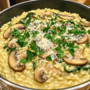- 1 cup Arborio rice - 4 cups vegetable broth - 1 cup mushrooms (button or cremini), sliced - 1 medium onion, finely chopped - 2 cloves garlic, minced Arborio rice is key for creamy risotto. It has a high starch content that helps thicken the dish. Vegetable broth gives flavor and depth. I like to use homemade broth when I can. Fresh mushrooms add a rich umami taste. You can choose button or cremini mushrooms based on what you prefer. Onion and garlic build a great base for the risotto, making it aromatic and inviting. - 1 cup fresh spinach, roughly chopped - 1/2 cup grated Parmesan cheese - 2 tablespoons olive oil - 1 tablespoon unsalted butter - Salt and pepper to taste - Fresh parsley, chopped (for garnish) Adding fresh spinach gives a nice color and a boost of nutrients. Parmesan cheese adds a creamy richness and salty flavor. Olive oil and butter work together for a savory base. Seasoning with salt and pepper is key to enhancing the taste. Finally, fresh parsley adds a bright touch when you serve your risotto. First, I heat olive oil and butter in a large pot over medium heat. I add the finely chopped onion and minced garlic. I sauté them until the onion turns clear, which takes about 3 to 4 minutes. This step builds a great flavor base for the risotto. Next, I stir in the sliced mushrooms. I cook them until they are tender and golden brown. This usually takes around 5 to 7 minutes. The mushrooms soak up the goodness from the onion and garlic. After the mushrooms are ready, I add 1 cup of Arborio rice to the pot. I stir well to coat each grain with the oil and butter mix for about 2 minutes. This helps the rice cook evenly. Then, I gradually add vegetable broth, one cup at a time. I stir constantly until the liquid is mostly gone before adding more broth. This step takes about 20 minutes. It is important to keep stirring to get that creamy texture risotto is known for. When the rice is creamy and al dente, I stir in 1 cup of fresh spinach. The spinach wilts quickly, adding color and nutrition. Next, I remove the pot from heat and mix in 1/2 cup of grated Parmesan cheese. I season the risotto with salt and pepper to taste. This brings all the flavors together in a simple and delicious way. I serve the risotto warm, garnished with chopped fresh parsley for a pop of color. Enjoy! To get that perfect creamy risotto, you must stir often. Stirring helps release starch from the rice. This starch makes the dish rich and smooth. If you stop stirring, your risotto may become grainy. The broth's temperature is also key. Use warm broth for the best texture. Cold broth can shock the rice. This can slow down cooking and ruin creaminess. Add herbs to boost the flavor. Fresh thyme or rosemary pairs well with mushrooms. You can also try basil for a twist. If you want to switch up the cheese, try goat cheese or feta. Both add a nice tang to the dish. Pre-soaking the rice can cut down on cooking time. Soak it for about 30 minutes before cooking. This helps the rice absorb liquid faster. Using a pressure cooker is another great option. It cooks risotto in a fraction of the time. Just follow your cooker’s guidelines for rice and broth ratios. {{image_2}} You can add protein to your risotto to make it heartier. - Chicken: Cook diced chicken breast until golden, then stir it in at the end. - Seafood: Shrimp or scallops work well. Sauté them briefly before adding to the risotto. - Vegetarian Options: Consider chickpeas or lentils for a protein boost. They add texture and flavor. Feel free to swap in different veggies based on what you have. - Seasonal Vegetables: Try peas in spring or butternut squash in fall. They change the taste and color. - Mushroom Varieties: Use shiitake, portobello, or even wild mushrooms for a unique twist. Each type brings its own flavor. You can easily adjust this risotto to fit different diets. - Gluten-Free: This recipe is already gluten-free since Arborio rice is safe. Just check your broth. - Vegan Options: Replace Parmesan with nutritional yeast for a cheesy flavor without dairy. Use vegan butter and broth for a full vegan dish. These variations let you make the risotto your own. Experiment with different proteins and veggies to find your favorite mix! To store leftover risotto, let it cool first. Place it in a shallow dish. This helps it cool faster. Cover the dish with plastic wrap or a lid. Store it in the fridge for up to three days. For storage containers, use airtight glass or plastic containers. These keep your risotto fresh and tasty. The best methods for reheating risotto are on the stove or in the microwave. For the stove, add a splash of broth or water. Heat it gently over low heat, stirring often. This keeps it creamy. In the microwave, place the risotto in a safe bowl. Add a little broth or water. Cover the bowl with a damp paper towel. Microwave in short bursts, stirring in between. This helps avoid mushiness. Yes, you can freeze risotto! First, let it cool completely. Then, scoop it into freezer bags or airtight containers. Remove as much air as possible. Label the bags with the date. It keeps well for about three months. For thawing, place the frozen risotto in the fridge overnight. To reheat, use the stove or microwave with a splash of broth or water. This keeps the texture nice and creamy. You can make risotto without constant stirring by using a technique called the “oven method.” Start by sautéing your onions and garlic in a pot. Then, add the Arborio rice and broth. Instead of stirring, cover the pot and place it in the oven at 375°F (190°C). Bake for about 20-25 minutes. This allows the rice to absorb the liquid evenly without the need for constant attention. You will still get creamy results. Yes, you can prepare risotto in advance! Cook the risotto as usual but stop just before it reaches the creamy stage. Allow it to cool completely, then store it in the fridge in an airtight container. When you are ready to serve, reheat it in a pot over low heat. Add a splash of broth and stir until creamy. This method keeps the risotto from drying out. Mushroom risotto pairs well with many side dishes. Here are some great options: - Salad: A fresh green salad with a light vinaigrette. - Grilled Vegetables: Roasted zucchini, asparagus, or bell peppers work well. - Protein: Serve it alongside grilled chicken or fish for a hearty meal. - Bread: Crusty bread or garlic bread can complement the risotto nicely. These sides enhance the flavors and make your meal more complete. In this post, we explored how to make a tasty mushroom risotto. We started with key ingredients like Arborio rice, mushrooms, and broth. I shared step-by-step instructions to create a creamy dish. We also discussed tips to enhance flavors and save time. Finally, I covered ways to modify the recipe for different diets. Risotto is flexible and fun to make, so enjoy experimenting with it!