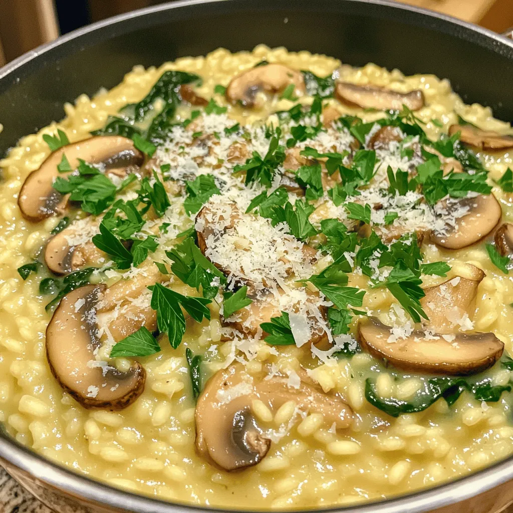 - 1 cup Arborio rice - 4 cups vegetable broth - 1 cup mushrooms (button or cremini), sliced - 1 medium onion, finely chopped - 2 cloves garlic, minced Arborio rice is key for creamy risotto. It has a high starch content that helps thicken the dish. Vegetable broth gives flavor and depth. I like to use homemade broth when I can. Fresh mushrooms add a rich umami taste. You can choose button or cremini mushrooms based on what you prefer. Onion and garlic build a great base for the risotto, making it aromatic and inviting. - 1 cup fresh spinach, roughly chopped - 1/2 cup grated Parmesan cheese - 2 tablespoons olive oil - 1 tablespoon unsalted butter - Salt and pepper to taste - Fresh parsley, chopped (for garnish) Adding fresh spinach gives a nice color and a boost of nutrients. Parmesan cheese adds a creamy richness and salty flavor. Olive oil and butter work together for a savory base. Seasoning with salt and pepper is key to enhancing the taste. Finally, fresh parsley adds a bright touch when you serve your risotto. First, I heat olive oil and butter in a large pot over medium heat. I add the finely chopped onion and minced garlic. I sauté them until the onion turns clear, which takes about 3 to 4 minutes. This step builds a great flavor base for the risotto. Next, I stir in the sliced mushrooms. I cook them until they are tender and golden brown. This usually takes around 5 to 7 minutes. The mushrooms soak up the goodness from the onion and garlic. After the mushrooms are ready, I add 1 cup of Arborio rice to the pot. I stir well to coat each grain with the oil and butter mix for about 2 minutes. This helps the rice cook evenly. Then, I gradually add vegetable broth, one cup at a time. I stir constantly until the liquid is mostly gone before adding more broth. This step takes about 20 minutes. It is important to keep stirring to get that creamy texture risotto is known for. When the rice is creamy and al dente, I stir in 1 cup of fresh spinach. The spinach wilts quickly, adding color and nutrition. Next, I remove the pot from heat and mix in 1/2 cup of grated Parmesan cheese. I season the risotto with salt and pepper to taste. This brings all the flavors together in a simple and delicious way. I serve the risotto warm, garnished with chopped fresh parsley for a pop of color. Enjoy! To get that perfect creamy risotto, you must stir often. Stirring helps release starch from the rice. This starch makes the dish rich and smooth. If you stop stirring, your risotto may become grainy. The broth's temperature is also key. Use warm broth for the best texture. Cold broth can shock the rice. This can slow down cooking and ruin creaminess. Add herbs to boost the flavor. Fresh thyme or rosemary pairs well with mushrooms. You can also try basil for a twist. If you want to switch up the cheese, try goat cheese or feta. Both add a nice tang to the dish. Pre-soaking the rice can cut down on cooking time. Soak it for about 30 minutes before cooking. This helps the rice absorb liquid faster. Using a pressure cooker is another great option. It cooks risotto in a fraction of the time. Just follow your cooker’s guidelines for rice and broth ratios. {{image_2}} You can add protein to your risotto to make it heartier. - Chicken: Cook diced chicken breast until golden, then stir it in at the end. - Seafood: Shrimp or scallops work well. Sauté them briefly before adding to the risotto. - Vegetarian Options: Consider chickpeas or lentils for a protein boost. They add texture and flavor. Feel free to swap in different veggies based on what you have. - Seasonal Vegetables: Try peas in spring or butternut squash in fall. They change the taste and color. - Mushroom Varieties: Use shiitake, portobello, or even wild mushrooms for a unique twist. Each type brings its own flavor. You can easily adjust this risotto to fit different diets. - Gluten-Free: This recipe is already gluten-free since Arborio rice is safe. Just check your broth. - Vegan Options: Replace Parmesan with nutritional yeast for a cheesy flavor without dairy. Use vegan butter and broth for a full vegan dish. These variations let you make the risotto your own. Experiment with different proteins and veggies to find your favorite mix! To store leftover risotto, let it cool first. Place it in a shallow dish. This helps it cool faster. Cover the dish with plastic wrap or a lid. Store it in the fridge for up to three days. For storage containers, use airtight glass or plastic containers. These keep your risotto fresh and tasty. The best methods for reheating risotto are on the stove or in the microwave. For the stove, add a splash of broth or water. Heat it gently over low heat, stirring often. This keeps it creamy. In the microwave, place the risotto in a safe bowl. Add a little broth or water. Cover the bowl with a damp paper towel. Microwave in short bursts, stirring in between. This helps avoid mushiness. Yes, you can freeze risotto! First, let it cool completely. Then, scoop it into freezer bags or airtight containers. Remove as much air as possible. Label the bags with the date. It keeps well for about three months. For thawing, place the frozen risotto in the fridge overnight. To reheat, use the stove or microwave with a splash of broth or water. This keeps the texture nice and creamy. You can make risotto without constant stirring by using a technique called the “oven method.” Start by sautéing your onions and garlic in a pot. Then, add the Arborio rice and broth. Instead of stirring, cover the pot and place it in the oven at 375°F (190°C). Bake for about 20-25 minutes. This allows the rice to absorb the liquid evenly without the need for constant attention. You will still get creamy results. Yes, you can prepare risotto in advance! Cook the risotto as usual but stop just before it reaches the creamy stage. Allow it to cool completely, then store it in the fridge in an airtight container. When you are ready to serve, reheat it in a pot over low heat. Add a splash of broth and stir until creamy. This method keeps the risotto from drying out. Mushroom risotto pairs well with many side dishes. Here are some great options: - Salad: A fresh green salad with a light vinaigrette. - Grilled Vegetables: Roasted zucchini, asparagus, or bell peppers work well. - Protein: Serve it alongside grilled chicken or fish for a hearty meal. - Bread: Crusty bread or garlic bread can complement the risotto nicely. These sides enhance the flavors and make your meal more complete. In this post, we explored how to make a tasty mushroom risotto. We started with key ingredients like Arborio rice, mushrooms, and broth. I shared step-by-step instructions to create a creamy dish. We also discussed tips to enhance flavors and save time. Finally, I covered ways to modify the recipe for different diets. Risotto is flexible and fun to make, so enjoy experimenting with it!