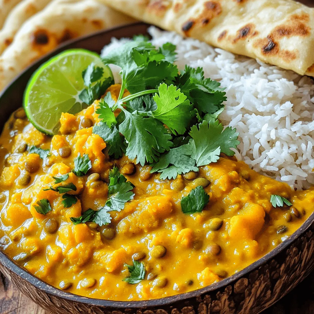 For this Slow Cooker Pumpkin Lentil Curry, you need a few key items. First, we have lentils. I like to use 1 cup of dried green or brown lentils. They add protein and texture. Next, 2 cups of pumpkin puree give the dish a creamy base. You can use canned or homemade pumpkin. Then, 1 can of coconut milk adds richness and a hint of sweetness. You also need a medium onion, diced. It adds flavor and aroma. Three cloves of garlic, minced, bring in a nice punch. Grated ginger, about 1 tablespoon, gives warmth. Spices are vital. You will need 1 tablespoon of curry powder, 1 teaspoon of ground cumin, 1 teaspoon of turmeric powder, and 1 teaspoon of chili powder. Finally, 2 cups of vegetable broth and 1 cup of diced tomatoes help create a saucy curry. Don't forget salt and black pepper to taste. Fresh cilantro is great for garnish, and a squeeze of lime juice brightens the dish. I often use green or brown lentils in this recipe. They hold their shape well. However, you can also try red lentils. They cook faster and become softer. If you choose red lentils, reduce the cooking time slightly. Black lentils can work as well, adding a unique flavor. Each type of lentil will change the texture of your curry, so feel free to experiment. If you don't have coconut milk, you can use other options. Almond milk or soy milk can be good substitutes, though they lack the creaminess. For a richer flavor, try using heavy cream or cashew cream. Both will make the dish very creamy. Just remember to adjust the other liquids in the recipe to keep the right consistency. Start by rinsing 1 cup of dried lentils. This step helps remove dirt and dust. Next, gather your pumpkin puree. You can use 2 cups from a can or make it fresh. If using fresh pumpkin, peel, seed, and cut it into small pieces before cooking. In your slow cooker, add the rinsed lentils and pumpkin puree. Pour in 1 can of coconut milk and stir to combine. Next, add 1 diced medium onion, 3 minced garlic cloves, and 1 tablespoon of grated ginger. Now, sprinkle in the spices. Use 1 tablespoon of curry powder, 1 teaspoon of ground cumin, 1 teaspoon of turmeric, and 1 teaspoon of chili powder. Mix everything well. Pour in 2 cups of vegetable broth and add 1 cup of diced tomatoes. Stir until all the ingredients blend together. After cooking for 6-8 hours on low or 4-5 hours on high, your lentils should be tender. Before serving, taste the curry. Add salt and freshly ground black pepper to your liking. For a bright finish, squeeze in lime juice. Ladle the curry into bowls and top with fresh cilantro. To make your slow cooker pumpkin lentil curry even better, try these ideas: - Add fresh herbs: Toss in chopped cilantro or parsley right before serving. - Citrus zest: Add a little lime or lemon zest for a bright twist. - Extra spices: If you like heat, add more chili powder or even cayenne pepper. - Sweetness: A spoonful of brown sugar can balance the spices nicely. - Umami: A splash of soy sauce or tamari deepens the flavor. These tips will help you create a dish full of rich taste. Using a slow cooker is easy, but safety is key. Follow these tips: - Don’t overfill: Fill your slow cooker only halfway. This helps food cook evenly. - Keep it clean: Wash and dry the cooker before each use. This avoids cross-contamination. - Use the right setting: Cook on low for 6-8 hours or high for 4-5 hours. - Check the lid: Always use the lid while cooking to keep heat in. - Let it cool: Allow the cooker to cool before cleaning to avoid burns. These steps keep your cooking safe and fun. Pair your curry with these tasty sides for a full meal: - Basmati rice: The fluffy texture soaks up the curry well. - Naan bread: Perfect for scooping up the delicious curry. - Quinoa: A nutty option that adds protein and fiber. - Simple salad: A fresh salad with cucumbers and tomatoes adds crunch. - Yogurt: A dollop of plain yogurt cools the spice and adds creaminess. These sides will complement your pumpkin lentil curry perfectly. {{image_2}} You can boost the curry's protein by adding cooked chicken, shrimp, or tofu. If you want to keep it simple, try using canned chickpeas or cooked black beans. These options mix well with lentils and pumpkin. If you add meat, put it in during the last hour of cooking. For tofu, add it in the last 30 minutes. This way, it absorbs the great flavors. This recipe is already vegetarian and vegan-friendly. To keep it that way, use vegetable broth and coconut milk, which are both plant-based. If you want more texture, add vegetables like spinach, mushrooms, or bell peppers. These add vitamins and crunch. You can also sprinkle in some nuts or seeds for a nice bite. If you like heat, add more chili powder or fresh chilies to the mix. You can also try a pinch of cayenne pepper for an extra kick. For those who prefer mild flavors, cut back on the chili powder. Use sweet spices instead, like cinnamon or cardamom, to keep the dish warm and cozy without the heat. Adjust the spices to fit your taste! After cooking, let the curry cool. Place it in an airtight container. It stays fresh in the fridge for about 4-5 days. Make sure to label it with the date. This helps you know when to eat it. You can freeze the curry for later use. Pour it into freezer-safe bags or containers. Leave some space at the top for expansion. The curry can last up to 3 months in the freezer. When you’re ready to eat it, just thaw it in the fridge overnight. To reheat, you can use the microwave or stove. If using a microwave, heat in short bursts. Stir it well to avoid hot spots. On the stove, warm it over low heat. Add a splash of water or broth if it seems thick. Make sure it’s hot all the way through before serving. Enjoy your delicious pumpkin lentil curry! Yes, you can use fresh pumpkin. Start by peeling and dicing the pumpkin. Cook it until soft, then mash it or blend it for a smooth texture. This adds a fresh taste to your curry. Fresh pumpkin may need a bit more cooking time. Lentils typically take about 6 to 8 hours on low heat. If you set the slow cooker on high, it takes about 4 to 5 hours. Make sure the lentils are tender before serving. Cooking times can vary slightly based on the type of lentils used. You can serve this curry with basmati rice or warm naan bread. Both pair well with the rich flavors of the curry. Adding a dollop of yogurt can also balance the spice. Fresh lime wedges add a nice touch too! In this blog post, we covered key ingredients, steps, and tips for making pumpkin lentil curry. You learned about lentil types, substitutes for coconut milk, and how to prepare your dish safely. We discussed ways to enhance flavor, adjust spice levels, and pair sides. Remember to follow storage tips for the best taste later. Enjoy experimenting with different variations! Cooking can be fun and rewarding, so dive in and make this dish your own.