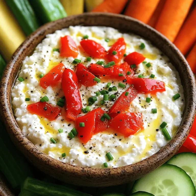 - 2 cups cottage cheese - 1/2 cup Greek yogurt - 1/4 cup fresh chives, finely chopped Cottage cheese is the star of this dip. It brings a creamy texture and lots of protein. Greek yogurt adds extra creaminess and a nice tang. Fresh chives give a mild onion flavor that brightens the dip. - 1/4 cup roasted red peppers, diced - 1 tablespoon lemon juice - 1 teaspoon garlic powder - 1 teaspoon onion powder - Salt and pepper to taste Roasted red peppers add a sweet, smoky taste. Lemon juice gives a fresh zing to the mix. Garlic and onion powders deepen the flavor, making each bite tasty. Salt and pepper balance everything perfectly. - Fresh vegetables like carrot sticks and cucumber slices - Whole-grain crackers This dip goes great with fresh veggies. Carrot sticks and cucumber slices are crunchy and refreshing. Whole-grain crackers add a nice crunch, too. You can mix and match your favorites for a fun snack! 1. In a large mixing bowl, combine 2 cups of cottage cheese with 1/2 cup of Greek yogurt. Use a fork to mash the cottage cheese. This makes it smoother and creamier. 2. Next, add 1/4 cup of finely chopped chives and 1/4 cup of diced roasted red peppers. Stir well until everything is mixed. 1. Now, add 1 tablespoon of lemon juice, 1 teaspoon of garlic powder, and 1 teaspoon of onion powder. 2. Season with salt and pepper to taste. Mix everything together until it’s well combined. If you want a creamier dip, blend it in a food processor until it reaches your desired smoothness. 1. Chill the dip in the refrigerator for at least 30 minutes. This helps the flavors blend and taste better. 2. Serve the dip chilled with fresh veggies like carrot sticks and cucumber slices, or with whole-grain crackers. Enjoy! To get the best texture for your dip, you can choose to mash or blend. If you want a chunky dip, use a fork to lightly mash the cottage cheese. This keeps some texture and makes it fun to eat. If you're after a smooth dip, use a blender. Blend until it’s creamy and velvety. You can also adjust the thickness. If it’s too thick, add a bit more Greek yogurt. If it’s too thin, blend in more cottage cheese. To make your dip even tastier, think about adding herbs. Fresh dill or parsley can lift the flavors. You can also try adding spices. Fresh herbs often taste brighter than dried ones. If you use dried spices, use less since they are stronger. Experiment with garlic powder or even a pinch of cayenne for a kick. This is your chance to make it unique! If you're busy, you can make this dip ahead. Store it in an airtight container in the fridge. It stays fresh for up to three days. This is great for parties or busy days. To let the flavors mix well, chill it for at least 30 minutes before serving. This makes the dip taste even better. Plus, you can enjoy it quickly when friends come over! {{image_2}} You can make your Protein Cottage Cheese Dip even more fun by adding different veggies. Spinach adds a nice touch, while shredded carrots bring a sweet crunch. You can also try diced cucumbers for a refreshing twist. If you want to spice things up, smoked paprika gives a nice smoky flavor. Just add a teaspoon or two, and you’re good to go! If you want to lower the fat in this dip, switch to low-fat cottage cheese and yogurt. This keeps the dip tasty while cutting calories. For those who are vegan, use plant-based yogurt instead of Greek yogurt. This way, you still get a creamy dip without any dairy. Now, let’s talk about what to serve with your dip. Fresh veggies like carrot sticks or cucumber slices are always a hit. Whole-grain crackers also make a great choice. If you want to get creative, pair the dip with other appetizers like pita chips or even tortilla chips. Mixing and matching makes for a fun snack platter! To keep your Protein Cottage Cheese Dip fresh, store it in an airtight container. This helps prevent moisture loss and keeps it tasty. The dip can last in the fridge for up to five days. After five days, check for changes in smell or texture before using. Yes, you can freeze cottage cheese dip! However, freezing may change the texture a bit. To freeze, place the dip in a freezer-safe container. Leave some space at the top for expansion. When you're ready to enjoy it again, thaw the dip in the fridge overnight. This slow method helps maintain flavor. If you need to reheat the dip, do so gently. Place it in a small pot over low heat. Stir often to avoid burning. This method helps keep the texture smooth. If you prefer, you can also microwave it in short bursts. Just make sure to stir in between to keep the flavor rich and fresh. Cottage cheese is packed with protein. It has about 25 grams of protein per cup. This makes it a great option for snacks. Protein helps build and repair muscles. It also keeps you full longer. Cottage cheese is also low in fat and calories. It contains calcium, which is good for bones. The dip uses Greek yogurt, adding even more protein. Together, they make a nutritious snack. Yes, you can change the recipe to fit your needs. For a gluten-free dip, use gluten-free crackers or veggies for dipping. To make it dairy-free, swap cottage cheese and Greek yogurt for a plant-based yogurt. There are many options, like almond or coconut yogurt. Just make sure to pick one that matches your taste. You should not leave the dip out for more than two hours. After that, it can get unsafe to eat. If it is hot, like at a summer party, keep it out for only one hour. After serving, store it in the fridge. This keeps it fresh and safe to enjoy later. This blog post showed you how to make a tasty cottage cheese dip. You learned about the main ingredients like cottage cheese, Greek yogurt, and fresh chives. I shared steps for mixing and seasoning the dip to get the perfect flavor. You saw tips to help enhance texture and make it ahead of time. Different variations and storage tips allow you to enjoy this dip exactly how you like it. With these simple steps, you can delight your friends and family with a fresh, healthy snack. Enjoy making your dip!