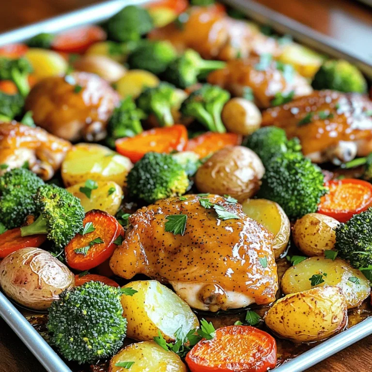 - 4 boneless, skinless chicken thighs - 1/4 cup honey - 1/4 cup Dijon mustard - 1 tablespoon apple cider vinegar - 2 tablespoons olive oil I love using boneless, skinless chicken thighs for this dish. They stay juicy and tender. Honey and Dijon mustard make a sweet and tangy sauce. The apple cider vinegar adds a nice kick, while olive oil helps everything cook well. - 2 cups baby potatoes, halved - 2 cups broccoli florets - 1 red bell pepper, sliced - 1 carrot, sliced I enjoy adding baby potatoes for a hearty touch. Broccoli florets bring color and crunch. The red bell pepper adds sweetness, while the sliced carrot gives a nice pop. Together, these veggies balance the rich chicken. - 1 teaspoon garlic powder - 1 teaspoon paprika - Salt and pepper to taste Garlic powder gives a warm flavor. Paprika adds a subtle smokiness. Salt and pepper bring everything together. These seasonings enhance the dish without overpowering the main flavors. To start, you need to mix the marinade. In a bowl, combine these ingredients: - 1/4 cup honey - 1/4 cup Dijon mustard - 1 tablespoon apple cider vinegar - 2 tablespoons olive oil - 1 teaspoon garlic powder - 1 teaspoon paprika - Salt and pepper to taste Whisk until everything blends well. This mix gives the chicken great flavor. Now, it's time to marinate the chicken thighs. Place your chicken thighs in a resealable bag or a bowl. Pour half of the marinade over the chicken. Seal the bag or cover the bowl. Let it marinate in the fridge for at least 30 minutes. For deeper flavor, leave it for up to 2 hours. While the chicken marinates, focus on the veggies. In a large bowl, gather and combine: - 2 cups baby potatoes, halved - 2 cups broccoli florets - 1 red bell pepper, sliced - 1 carrot, sliced Drizzle the remaining marinade over the veggies. Toss them well to coat. This step is key to adding flavor to your dish. Now, let’s cook everything. Preheat your oven to 425°F (220°C). Line a large baking sheet with parchment paper. This makes cleanup easy. On one side of the sheet pan, arrange the marinated chicken thighs. On the other side, spread out the coated veggies. Roast everything in the oven for 25-30 minutes. The chicken should reach an internal temperature of 165°F (74°C). The veggies will be tender and slightly caramelized. Once done, take the pan out and let it rest for 5 minutes. This helps the flavors set before you serve. For great taste, marinate the chicken for at least 30 minutes. You can go up to 2 hours for even more flavor. If you have leftover marinade, store it in the fridge in a sealed container. Use this for extra flavor when serving. Cut the vegetables into similar sizes. This helps them cook evenly. For the chicken, use a meat thermometer. It should reach 165°F (74°C) for safe eating. This ensures that your meal is both safe and delicious. Pair this dish with a simple salad or some crusty bread. For a nice look, serve the chicken and veggies on a large platter. Sprinkle fresh parsley on top for a pop of color. This makes your meal inviting and tasty. {{image_2}} You can use chicken breast or thighs. Chicken thighs are juicy and flavorful. If you prefer breast, it works well too. For a vegetarian option, try chickpeas or tofu. Both will soak up the honey mustard flavor. Seasonal veggies add freshness. In spring, use asparagus or snap peas. In fall, try sweet potatoes or Brussels sprouts. For spice lovers, add sliced jalapeños or chili peppers. They will give your dish a nice kick. Add herbs like thyme or rosemary for extra flavor. They pair well with honey mustard. You can also switch up the mustard. Try whole grain or spicy mustard for a twist. Each type brings a new taste to the dish. To keep your Honey Mustard Chicken Veggie Sheet Pan fresh, place leftovers in the fridge. Use airtight containers to store the chicken and veggies. This helps keep them moist and tasty. Store them within two hours of cooking for best results. You can enjoy your meal for up to three days in the fridge. When reheating, use an oven or a microwave. The oven keeps the chicken crispy. Preheat the oven to 350°F (175°C). Place the chicken and veggies on a baking sheet and cover with foil to avoid drying out. Heat for about 15-20 minutes. If using a microwave, heat in short bursts. This helps to avoid overcooking and keeps the chicken tender. You can freeze this dish before or after cooking. If freezing before cooking, marinate the chicken and veggies in a freezer-safe bag. Squeeze out the air and seal it tight. If freezing after cooking, let the dish cool first. Store in airtight containers or freezer bags. To thaw, place in the fridge overnight before reheating. This keeps the flavor intact while making it easy to prepare later. You should marinate the chicken for at least 30 minutes. This time helps the flavors soak in. For a richer taste, try marinating for up to 2 hours. Longer marination allows the honey and mustard to work their magic. If you need a substitute for honey, use maple syrup or agave nectar. Both options add sweetness, but they have different flavors. Maple syrup gives a richer taste, while agave is lighter. You can also use brown sugar mixed with water for a similar effect. Yes, you can make this dish ahead of time! Marinate the chicken and prep the veggies the night before. Store them separately in the fridge. When ready to cook, just arrange everything on the sheet pan. This saves time on busy days. You can also reheat leftovers in the oven or microwave. In this blog post, we explored a delicious roasted chicken dish. We went over the key ingredients, including chicken thighs, honey, and a mix of fresh vegetables. I shared step-by-step instructions for marinating and roasting, plus helpful tips for cooking and serving. Don't forget about variations to keep it fresh! Finally, I included storage methods to enjoy your dish later. With these ideas, you can make a tasty, healthy meal that suits your taste every time. It's simple and fun!