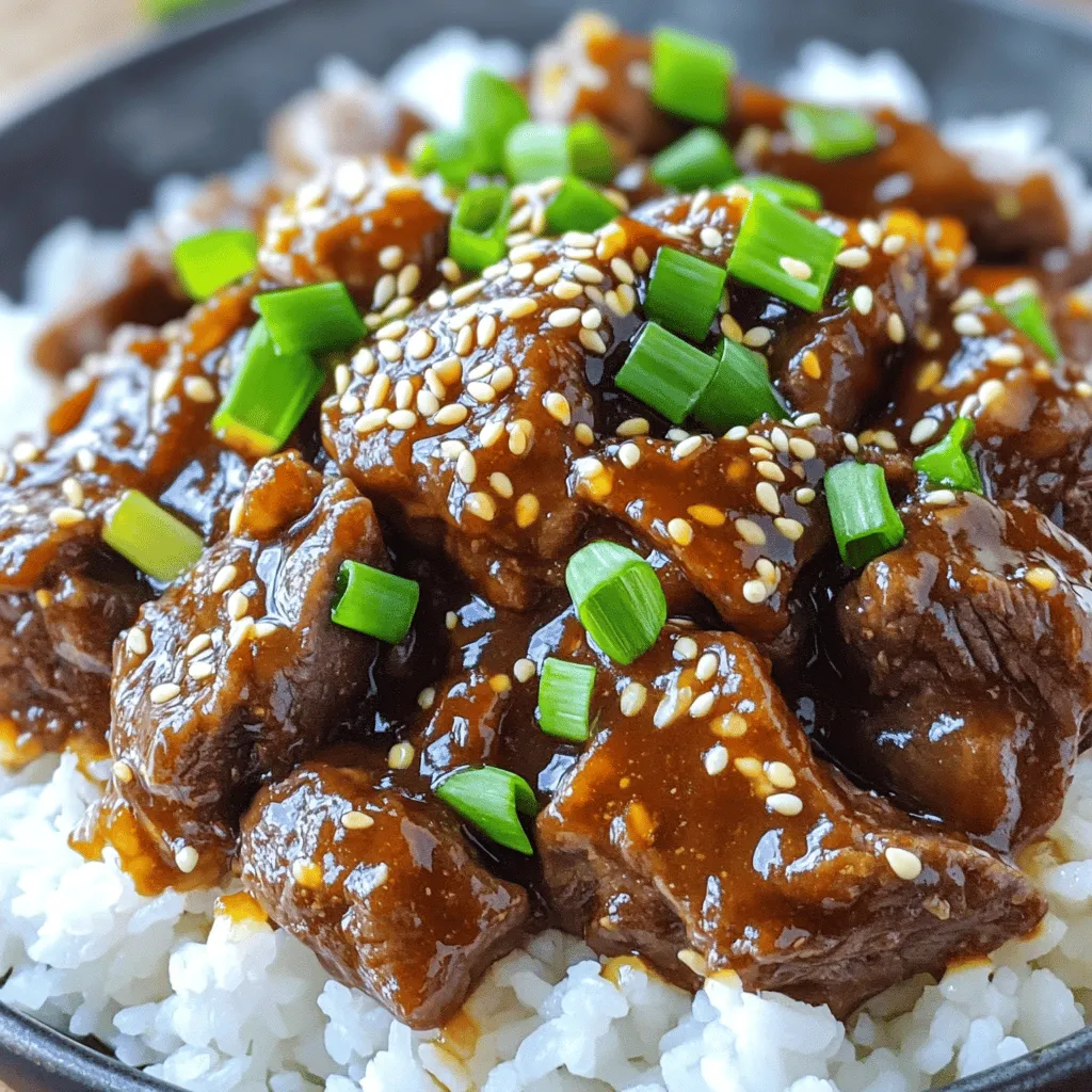 - 2 lbs beef chuck roast, cut into 1-inch pieces - ½ cup soy sauce - ¼ cup brown sugar - ¼ cup gochujang (Korean chili paste) - 2 tablespoons sesame oil - 4 cloves garlic, minced - 1-inch piece of ginger, grated - 2 green onions, chopped (for garnish) - 1 tablespoon sesame seeds (for garnish) - Cooked rice (for serving) To make this dish, start with the beef chuck roast. This cut is perfect for slow cooking. It becomes tender and full of flavor. Next, gather the marinade components. Soy sauce gives saltiness. Brown sugar adds sweetness. Gochujang provides heat and depth. Sesame oil brings a nutty taste. Garlic and ginger boost the flavor profile. Finally, you need garnishing items. Green onions add freshness. Sesame seeds give a nice crunch. You’ll serve the beef over cooked rice. This makes for a hearty meal. Using these ingredients, you create a savory dish that delights the taste buds. To begin, I whisk together the marinade ingredients in a large bowl. You need: - ½ cup soy sauce - ¼ cup brown sugar - ¼ cup gochujang - 2 tablespoons sesame oil - 4 cloves garlic, minced - 1-inch piece of ginger, grated Mix these until smooth. The sweet and spicy blend makes the beef shine. Next, I coat the beef. Cut 2 lbs of beef chuck roast into 1-inch pieces. Place them in the slow cooker. Pour the marinade over the beef. Ensure each piece is well coated. This step is key for great flavor. Now it’s time to set the slow cooker. Cover it with a lid. Set the heat to low. I cook it for 6-8 hours. This slow cook time makes the beef tender and juicy. It will easily shred with a fork when ready. After cooking, I let the beef rest for about 10 minutes. This helps the beef absorb flavors. I then serve the Korean beef over warm rice. For a nice touch, I sprinkle chopped green onions and sesame seeds on top. This adds color and crunch. Enjoy this savory dish with family and friends! Ideal Cooking Time Cook the beef for 6 to 8 hours on low heat. This slow cooking makes the beef tender. If you cook it too long, it can dry out. Check it after 6 hours. Tips on Beef Selection Use beef chuck roast for the best flavor. It has good fat content, which keeps it moist. Look for marbled meat to ensure tenderness. Avoid lean cuts, as they may become tough. Alternatives to Gochujang If you can't find gochujang, use sriracha mixed with a bit of sugar. This will give you the heat and sweetness. You can also mix red chili flakes with miso paste for a similar taste. Sweetener Options Brown sugar adds a nice depth. You can swap it for honey or maple syrup. Both will sweeten your dish well. Adjust the amount based on your taste. Additional Seasonings You can add a dash of rice vinegar for tanginess. A sprinkle of black pepper gives a nice kick. Try adding some sesame seeds into the sauce for extra flavor. Marinating Time Suggestions Let the beef sit in the marinade for at least 30 minutes. If you have more time, a few hours or overnight is even better. This helps the beef absorb all the delicious flavors. {{image_2}} You can switch up the meat if you want. Chicken or pork works great in this recipe. - Using Chicken or Pork For chicken, use boneless thighs or breasts. Cook them the same way as beef. Chicken cooks faster, so check it at 4-5 hours on low. For pork, try a pork shoulder. It will take about the same time as beef. - Vegetarian Versions If you want a meatless meal, use tofu or tempeh. Cut them into cubes and marinate just like the beef. Let them soak in the sauce for at least an hour before cooking. You can also add mushrooms for a hearty texture. Pair your Korean beef with some tasty sides. The dish is rich and full of flavor, so keep sides simple. - Side Dish Pairings Try steamed broccoli or sautéed bok choy. These greens balance the flavors well. You can also serve it with kimchi for some extra spice and crunch. - Flavor Variants with Rice Serve the beef over plain white rice for a classic meal. For more flavor, mix some soy sauce or sesame oil into the rice. You can also use fried rice for a twist. Explore other Korean dishes or mix it up with fusion ideas. - Other Korean Inspired Dishes Try making bulgogi or Korean short ribs. Both use similar flavors and techniques. They can be cooked in the slow cooker, too. - Fusion Ideas Use your Korean beef in tacos or wraps. Add some slaw and spicy mayo for a fun twist. You can also use it in a rice bowl with avocado and pickled veggies. To keep your Slow Cooker Korean Beef fresh, follow these tips. First, let the beef cool down to room temperature. This prevents steam buildup in the container. Place the beef in airtight containers. Glass or plastic containers work well. Make sure to remove extra air to avoid spoilage. Store the beef in the fridge for up to three days. You can use either the microwave or stovetop to reheat your Korean beef. If using a microwave, place the beef in a bowl. Cover it with a damp paper towel. Heat it in short bursts. Stir between each burst to keep it moist. For stovetop reheating, place the beef in a pan. Add a splash of water or broth to help steam it. Heat on low, stirring often to avoid dry meat. If you want to freeze your Korean beef, do it right. Pack the beef in freezer-safe bags. Flatten the bags to save space. Remove as much air as possible before sealing. This helps prevent freezer burn. You can freeze it for up to three months. To thaw, place the bag in the fridge overnight. This keeps the beef juicy and tasty when you’re ready to eat it. You should cook Slow Cooker Korean Beef for 6 to 8 hours on low heat. This time allows the beef to become tender. Cooking it longer helps the flavors mix well. Make sure to check the beef at the 6-hour mark. It should be soft and easily shred with a fork. Yes, you can use other cuts of beef. I recommend flank steak or brisket. These cuts also work well in a slow cooker. Flank steak will give you a leaner option, while brisket is richer and more flavorful. Just cut them into 1-inch pieces like the chuck roast. You can serve Slow Cooker Korean Beef with several tasty sides. Cooked rice is a must, as it soaks up the sauce. You can also add steamed broccoli or stir-fried vegetables for color and crunch. Kimchi is another great side that adds a spicy kick. You learned how to make Slow Cooker Korean Beef, from choosing the right ingredients to cooking tips. You can create a tasty meal that delights everyone. Explore variations, try different meats, and pair with fun sides. Follow storage tips to enjoy leftovers later. Remember, cooking is about experimenting and having fun. Enjoy your culinary journey and share your tasty results!