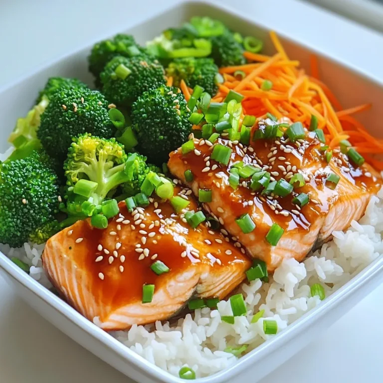 - 2 salmon fillets (about 6 oz each) - 1/4 cup teriyaki sauce - 1 cup jasmine rice - 1 cup steamed broccoli florets - 1/2 cup shredded carrots - 1/4 cup chopped green onions - 1 tablespoon sesame oil - Salt and pepper to taste - 1 tablespoon sesame seeds To make Minute Teriyaki Salmon Bowls, gather these fresh ingredients. Salmon fillets provide protein and rich flavor. Teriyaki sauce adds a sweet and savory note. Jasmine rice is the perfect base for this dish. For vegetables, steamed broccoli florets bring crunch and color. Shredded carrots add sweetness and texture. Chopped green onions give a fresh finish. In the cooking essentials, sesame oil adds depth. Salt and pepper enhance all the flavors. Sesame seeds add a nice touch and crunch. These simple ingredients come together to create a delightful meal. Enjoy the balance of flavors and textures in every bite. 1. Start by rinsing the jasmine rice. Place 1 cup of rice in a fine-mesh strainer. Rinse it under cold water. Keep doing this until the water runs clear. This helps remove excess starch. 2. Next, combine the rinsed rice with 2 cups of water or chicken broth in a saucepan. Using broth adds extra flavor. 3. Bring the mixture to a boil over high heat. Once it boils, reduce the heat to low. Cover the pot and let it simmer for about 15 minutes. The rice will be tender and the liquid should be all absorbed. 1. While the rice cooks, season the salmon fillets. Sprinkle salt and pepper on both sides. 2. Heat 1 tablespoon of sesame oil in a skillet over medium-high heat. When hot, place the salmon in the skillet, skin-side down. 3. Cook the salmon for about 4 minutes. 4. Carefully flip the fillets. Pour 1/4 cup of teriyaki sauce over them. Cook for an additional 3-4 minutes. Brush the sauce over the salmon as it cooks. It should turn opaque and flake easily when done. 5. In the last 5 minutes of cooking, add the steamed broccoli and shredded carrots. This warms them up and lets them soak in some teriyaki flavor. 1. Once the rice is ready, fluff it with a fork. Divide it among two serving bowls. 2. Top each bowl with a salmon fillet. Add the steamed broccoli and carrots on the side. 3. For a finishing touch, garnish with chopped green onions and a sprinkle of sesame seeds. This adds color and crunch to your dish. - Rinse your rice well. This helps make it fluffy. It removes extra starch, which makes rice sticky. - Prep your veggies ahead of time. Chop broccoli and carrots the night before. This saves time when you cook. - Cook the salmon and rice at the same time. While the rice simmers, you can focus on your salmon. This cuts down your total cooking time. - Use chicken broth instead of water. This adds a rich flavor to your rice. It makes your dish taste even better. - Pair your salmon bowl with extra sides. Try edamame or a simple cucumber salad. These add crunch and freshness. - Drink green tea or sparkling water with your meal. Both drinks complement the teriyaki flavors well. {{image_2}} You can switch the salmon for other proteins. Tofu works great for a vegan option. Chicken is another solid choice if you prefer poultry. For teriyaki sauce, look for gluten-free brands. Many stores offer tasty gluten-free options. This way, everyone can enjoy the dish. Add a kick by mixing in spices. Try ginger or garlic for more depth. You can also drizzle extra sauces, like sriracha or hoisin. Want more veggies? Toss in bell peppers, snap peas, or zucchini. These will add color and crunch to your bowl. Switch up the base grains, too. Quinoa or brown rice are healthy alternatives. For a fresh touch, sprinkle in herbs like cilantro or basil. They will brighten the flavors. You can also add a squeeze of lime for a zesty finish. Enjoy creating your own unique bowl! To keep your Minute Teriyaki Salmon Bowls fresh, store leftovers in the fridge. Place them in an airtight container. They will last up to three days. When ready to eat, reheat in a microwave or on the stove. For best results, heat slowly on low to keep the salmon moist. If you want to save some bowls for later, freezing is a great option. First, let the salmon and rice cool completely. Then, place portions in freezer-safe bags or containers. Remove as much air as possible before sealing. These bowls can stay frozen for up to three months. When it’s time to eat, thaw in the fridge overnight. For quick thawing, you can use the microwave on the defrost setting. The shelf life of your salmon bowls depends on storage. In the fridge, they last about three days. If frozen, they can last up to three months. Always check for signs of spoilage before eating. Look for off smells, changes in color, or a slimy texture. If you see any of these signs, it’s best to toss them. It takes about 25 minutes to make these bowls. You spend 10 minutes on prep. Cooking the rice takes about 15 minutes. During this time, you can cook the salmon and veggies. This recipe is quick and easy! Yes, you can use frozen salmon! Just add a few extra minutes to the cooking time. Start by cooking it on low heat until it thaws. Then, season it as usual. Cook it with the teriyaki sauce until it’s fully cooked. The salmon should flake easily when done. There are many tasty sides you can serve! Here are some ideas: - Steamed edamame - A fresh green salad - Sautéed spinach - Crispy seaweed snacks - Pickled ginger These sides pair well with the flavors in the teriyaki salmon bowls. Enjoy! In this blog post, we explored the delicious Teriyaki Salmon Bowls. We covered the key ingredients, from salmon fillets and teriyaki sauce to jasmine rice and vibrant vegetables. I shared step-by-step instructions to make cooking simple and efficient. Plus, I included useful tips for meal prep and variations to suit your taste. Remember, you can personalize your bowls easily and store leftovers for later meals. Enjoy crafting your own Teriyaki Salmon Bowls—they're quick, healthy, and full of flavor!