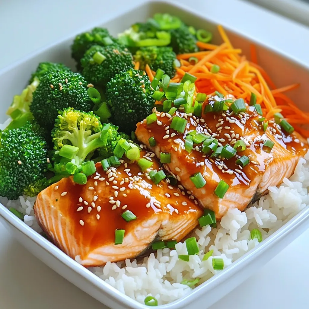- 2 salmon fillets (about 6 oz each) - 1/4 cup teriyaki sauce - 1 cup jasmine rice - 1 cup steamed broccoli florets - 1/2 cup shredded carrots - 1/4 cup chopped green onions - 1 tablespoon sesame oil - Salt and pepper to taste - 1 tablespoon sesame seeds To make Minute Teriyaki Salmon Bowls, gather these fresh ingredients. Salmon fillets provide protein and rich flavor. Teriyaki sauce adds a sweet and savory note. Jasmine rice is the perfect base for this dish. For vegetables, steamed broccoli florets bring crunch and color. Shredded carrots add sweetness and texture. Chopped green onions give a fresh finish. In the cooking essentials, sesame oil adds depth. Salt and pepper enhance all the flavors. Sesame seeds add a nice touch and crunch. These simple ingredients come together to create a delightful meal. Enjoy the balance of flavors and textures in every bite. 1. Start by rinsing the jasmine rice. Place 1 cup of rice in a fine-mesh strainer. Rinse it under cold water. Keep doing this until the water runs clear. This helps remove excess starch. 2. Next, combine the rinsed rice with 2 cups of water or chicken broth in a saucepan. Using broth adds extra flavor. 3. Bring the mixture to a boil over high heat. Once it boils, reduce the heat to low. Cover the pot and let it simmer for about 15 minutes. The rice will be tender and the liquid should be all absorbed. 1. While the rice cooks, season the salmon fillets. Sprinkle salt and pepper on both sides. 2. Heat 1 tablespoon of sesame oil in a skillet over medium-high heat. When hot, place the salmon in the skillet, skin-side down. 3. Cook the salmon for about 4 minutes. 4. Carefully flip the fillets. Pour 1/4 cup of teriyaki sauce over them. Cook for an additional 3-4 minutes. Brush the sauce over the salmon as it cooks. It should turn opaque and flake easily when done. 5. In the last 5 minutes of cooking, add the steamed broccoli and shredded carrots. This warms them up and lets them soak in some teriyaki flavor. 1. Once the rice is ready, fluff it with a fork. Divide it among two serving bowls. 2. Top each bowl with a salmon fillet. Add the steamed broccoli and carrots on the side. 3. For a finishing touch, garnish with chopped green onions and a sprinkle of sesame seeds. This adds color and crunch to your dish. - Rinse your rice well. This helps make it fluffy. It removes extra starch, which makes rice sticky. - Prep your veggies ahead of time. Chop broccoli and carrots the night before. This saves time when you cook. - Cook the salmon and rice at the same time. While the rice simmers, you can focus on your salmon. This cuts down your total cooking time. - Use chicken broth instead of water. This adds a rich flavor to your rice. It makes your dish taste even better. - Pair your salmon bowl with extra sides. Try edamame or a simple cucumber salad. These add crunch and freshness. - Drink green tea or sparkling water with your meal. Both drinks complement the teriyaki flavors well. {{image_2}} You can switch the salmon for other proteins. Tofu works great for a vegan option. Chicken is another solid choice if you prefer poultry. For teriyaki sauce, look for gluten-free brands. Many stores offer tasty gluten-free options. This way, everyone can enjoy the dish. Add a kick by mixing in spices. Try ginger or garlic for more depth. You can also drizzle extra sauces, like sriracha or hoisin. Want more veggies? Toss in bell peppers, snap peas, or zucchini. These will add color and crunch to your bowl. Switch up the base grains, too. Quinoa or brown rice are healthy alternatives. For a fresh touch, sprinkle in herbs like cilantro or basil. They will brighten the flavors. You can also add a squeeze of lime for a zesty finish. Enjoy creating your own unique bowl! To keep your Minute Teriyaki Salmon Bowls fresh, store leftovers in the fridge. Place them in an airtight container. They will last up to three days. When ready to eat, reheat in a microwave or on the stove. For best results, heat slowly on low to keep the salmon moist. If you want to save some bowls for later, freezing is a great option. First, let the salmon and rice cool completely. Then, place portions in freezer-safe bags or containers. Remove as much air as possible before sealing. These bowls can stay frozen for up to three months. When it’s time to eat, thaw in the fridge overnight. For quick thawing, you can use the microwave on the defrost setting. The shelf life of your salmon bowls depends on storage. In the fridge, they last about three days. If frozen, they can last up to three months. Always check for signs of spoilage before eating. Look for off smells, changes in color, or a slimy texture. If you see any of these signs, it’s best to toss them. It takes about 25 minutes to make these bowls. You spend 10 minutes on prep. Cooking the rice takes about 15 minutes. During this time, you can cook the salmon and veggies. This recipe is quick and easy! Yes, you can use frozen salmon! Just add a few extra minutes to the cooking time. Start by cooking it on low heat until it thaws. Then, season it as usual. Cook it with the teriyaki sauce until it’s fully cooked. The salmon should flake easily when done. There are many tasty sides you can serve! Here are some ideas: - Steamed edamame - A fresh green salad - Sautéed spinach - Crispy seaweed snacks - Pickled ginger These sides pair well with the flavors in the teriyaki salmon bowls. Enjoy! In this blog post, we explored the delicious Teriyaki Salmon Bowls. We covered the key ingredients, from salmon fillets and teriyaki sauce to jasmine rice and vibrant vegetables. I shared step-by-step instructions to make cooking simple and efficient. Plus, I included useful tips for meal prep and variations to suit your taste. Remember, you can personalize your bowls easily and store leftovers for later meals. Enjoy crafting your own Teriyaki Salmon Bowls—they're quick, healthy, and full of flavor!