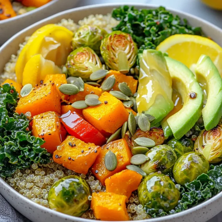 - 1 cup quinoa, rinsed - 2 cups vegetable broth - 1 cup butternut squash, diced - 1 cup Brussels sprouts, halved - 1 cup kale, chopped - 1 red bell pepper, diced - 1 avocado, sliced - 1/4 cup pumpkin seeds - 3 tablespoons olive oil - 2 tablespoons maple syrup - 1 teaspoon smoked paprika - Salt and pepper to taste - Lemon wedges for serving Quinoa is the star of this dish. It adds a nutty flavor and full texture. You also need vegetable broth to cook the quinoa. This makes it rich and tasty. Next, we have the vegetables. Butternut squash brings sweetness. Brussels sprouts add a nice crunch. Kale is packed with vitamins. Red bell pepper adds color and taste. Finally, avocado gives creaminess. For seasonings, we use olive oil and maple syrup. Olive oil helps cook the veggies. Maple syrup adds a sweet touch. Smoked paprika gives a warm flavor. Salt and pepper add balance. These ingredients come together to create a meal that is both simple and nutritious. Enjoy the process of preparing this dish, and savor the flavors! Start by rinsing the quinoa well under cold water. This removes any bitter taste. In a medium pot, combine the rinsed quinoa and vegetable broth. Bring this mix to a boil. Once boiling, reduce the heat and cover the pot. Let it simmer for about 15 minutes. When the quinoa absorbs all the liquid, take it off the heat. Let it sit for 5 minutes with the lid on. This makes the quinoa fluffy. Use a fork to fluff it gently before serving. While the quinoa cooks, let’s prep the veggies. Take the butternut squash and dice it into small cubes. Halve the Brussels sprouts. In a large bowl, toss these veggies with 2 tablespoons of olive oil, smoked paprika, salt, and pepper. Make sure they are well coated. Spread the seasoned veggies on a baking sheet. Roast them in a preheated oven at 425°F (220°C) for 20 to 25 minutes. Stir the veggies halfway through to ensure even cooking. They should be tender and slightly caramelized when done. Now it’s time to bring it all together. In the same bowl, mix the chopped kale and diced red bell pepper. Add the last tablespoon of olive oil, a pinch of salt, and some pepper. Once your roasted veggies are ready, add them to this bowl. The heat will soften the kale just right. To assemble, divide the cooked quinoa among bowls. Top each with the vegetable mix. Add slices of avocado and sprinkle pumpkin seeds on top. Drizzle maple syrup over everything for a hint of sweetness. Serve with lemon wedges on the side for a fresh kick. How to ensure quinoa cooks perfectly: For perfect quinoa, rinse it well before cooking. This removes bitter saponins. Use a ratio of 1 cup quinoa to 2 cups vegetable broth. Bring it to a boil, then lower the heat to a simmer. Cover it and let it cook for 15 minutes until it’s fluffy. Let it sit for 5 minutes before fluffing with a fork. Tips for roasting vegetables for optimal flavor: Roasting brings out the best in vegetables. Cut your butternut squash and Brussels sprouts into even pieces. Toss them with olive oil, salt, and smoked paprika. Spread them on a baking sheet in a single layer. Roast at 425°F for 20-25 minutes. Stir halfway for even caramelization. Ideas for making the bowls visually appealing: A colorful bowl is key. Use bright vegetables like red bell pepper and green kale. Arrange them neatly on top of the quinoa. Create layers for a beautiful look. A splash of color makes every bite exciting. Suggestions for garnishing: Top your bowl with sliced avocado for creaminess. Sprinkle pumpkin seeds for crunch. Drizzle maple syrup for sweetness. Serve with lemon wedges to add a zesty touch. These small details enhance both flavor and visual appeal. Nutritional advantages of using seasonal vegetables: Seasonal vegetables are fresh and full of nutrients. They often have more flavor and are usually cheaper. Using them helps support local farmers and reduces your carbon footprint. Eating a variety of seasonal produce boosts your health with vitamins and minerals. The benefits of quinoa as a grain option: Quinoa is a complete protein, which means it has all nine essential amino acids. It’s high in fiber, which helps digestion. Quinoa is also gluten-free, making it a great choice for many diets. Incorporating quinoa into your meals can help you feel full longer. {{image_2}} You can switch out grains for variety. Try brown rice, farro, or barley. Each grain adds its own flavor and texture. They all work well in this dish. For vegetables, you can use sweet potatoes, carrots, or spinach. These choices bring new colors and tastes to your bowl. Feel free to mix and match based on what you have at home. Spice up your grain bowl with different herbs and spices. Fresh herbs like parsley or basil add brightness. You can also try cumin, coriander, or chili powder for warmth. For dressings and sauces, think about tahini, balsamic glaze, or a simple lemon vinaigrette. These options add depth to your meal and make it even more enjoyable. Adding protein boosts the nutrition of your grain bowl. Chickpeas, tofu, or tempeh are great options. They blend well with the flavors of the veggies and grains. If you prefer vegetarian protein, consider lentils or edamame. These choices keep your meal filling and satisfying. To store leftover grain bowls, let them cool first. Once cool, place them in an airtight container. Keep the bowls in the fridge for up to three days. This helps keep the flavors fresh. For best results, store the quinoa and veggies separately. This way, you avoid soggy textures. To keep ingredients fresh, avoid mixing in toppings like avocado or pumpkin seeds until ready to eat. These toppings taste best when added just before serving. You can also squeeze lemon juice on the avocado to prevent browning. To reheat quinoa, use the microwave or stovetop. For the microwave, place the quinoa in a bowl. Add a splash of water and cover it. Heat for about one minute. Stir and heat again if needed. This keeps the quinoa fluffy. For reheating vegetables, use a skillet over medium heat. Add a little olive oil to keep them moist. Stir gently until warmed through. This method helps maintain the texture and flavor. Avoid high heat, as it can make veggies mushy. By following these tips, your Harvest Veggie Grain Bowls will taste fresh and delicious, even after storage. Yes, you can prep these bowls ahead. Cook the quinoa and veggies in advance. Store them in airtight containers in the fridge. This keeps them fresh for about three days. When you are ready to eat, just reheat everything. You can reheat in the microwave or on the stove. This will save you time on busy days. Yes, you can easily make this dish gluten-free. Substitute quinoa with brown rice or millet. Both grains are gluten-free and tasty. You can also use farro if you can tolerate it. Just check the label to make sure it is gluten-free. You can add many protein options to these bowls. Chickpeas are a great choice. They add flavor and protein without meat. You can also use cooked lentils or black beans. Tofu is another option. Just sauté or bake it before adding. Adding nuts or seeds, like almonds or sunflower seeds, gives extra protein too. This article discussed how to create delicious harvest veggie grain bowls. You learned about the key ingredients, like quinoa and seasonal vegetables. I shared clear steps for cooking and roasting, along with tips for perfect flavors. We explored variations and storage methods, ensuring your meals stay fresh. Finally, I answered common questions to guide your cooking. Embrace these tasty bowls for a healthy meal that's easy to enjoy any time.