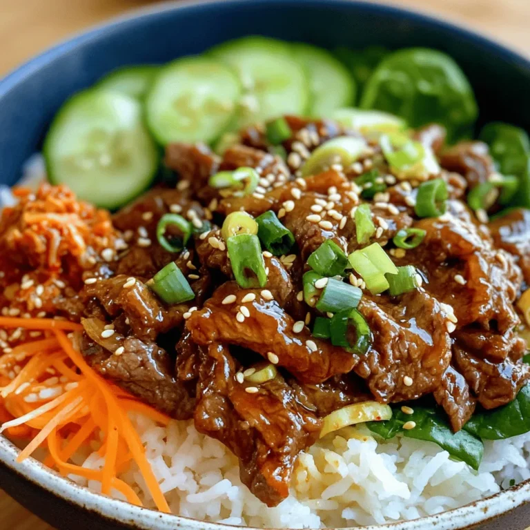 To make Beef Bulgogi Bowls, you need these main ingredients: - 1 lb beef sirloin, thinly sliced - 1/4 cup soy sauce - 2 tablespoons brown sugar - 1 tablespoon sesame oil - 3 cloves garlic, minced - 1-inch piece ginger, grated - 1/4 teaspoon black pepper - 2 green onions, chopped (plus more for garnish) - 1 tablespoon sesame seeds - 2 cups cooked jasmine rice - 1 cup shredded carrots - 1 cup sliced cucumbers - 1 cup baby spinach - Kimchi (optional, for serving) These ingredients come together to create a wonderful flavor. The beef sirloin gives a nice texture. The marinade adds a sweet and savory taste. For an extra touch, consider these optional ingredients: - Extra green onions, chopped - More sesame seeds - Sliced radishes - Avocado slices These garnishes not only enhance the look but also add fresh flavors. You can change some ingredients based on what you have: - Use chicken or tofu instead of beef for a different protein. - Swap jasmine rice with brown rice or quinoa for a healthier choice. - If you don't have ginger, garlic powder works in a pinch. These swaps let you customize your bowls while keeping the essence of the dish. Experimenting with flavors is part of the fun! Start by making the marinade. In a bowl, mix these ingredients: - 1/4 cup soy sauce - 2 tablespoons brown sugar - 1 tablespoon sesame oil - 3 cloves garlic, minced - 1-inch piece ginger, grated - 1/4 teaspoon black pepper This mixture will add depth and flavor to your beef. The brown sugar gives a sweet touch. The garlic and ginger add a nice kick. Next, add the beef to the marinade. Use 1 lb of thinly sliced beef sirloin. Mix well so the beef is coated. Cover the bowl and place it in the fridge. Let it marinate for at least 30 minutes. If you have time, leave it overnight for even more flavor. Now, it's time to cook the beef. Heat a large skillet over medium-high heat. Stir-fry the marinated beef in batches for about 5-7 minutes. Look for it to be cooked through and slightly caramelized. While the beef cooks, prepare your serving bowls. Start with 2 cups of cooked jasmine rice at the bottom. Then, add the cooked beef on top. Layer in shredded carrots, sliced cucumbers, and a handful of baby spinach. For the finishing touch, sprinkle chopped green onions and sesame seeds on top. You can also add kimchi on the side if you like a little extra zing. Enjoy your delicious Beef Bulgogi Bowls! To make the best bulgogi, focus on the marinade. Use fresh ingredients for the best taste. Mix soy sauce, brown sugar, sesame oil, minced garlic, grated ginger, and black pepper. Let the beef soak in this mix. You can marinate for 30 minutes or overnight. The longer, the better the flavor. When cooking the beef, use medium-high heat in a large skillet. This helps the meat cook fast and stay tender. Cook in small batches to avoid steaming. Stir-fry for about 5-7 minutes. Watch for the beef to caramelize slightly. This adds a nice texture and flavor. Layer your bowls for a great look. Start with a cup of jasmine rice. Next, add the stir-fried beef. Top it with shredded carrots, sliced cucumbers, and baby spinach. Garnish with green onions and sesame seeds for extra flair. Adding kimchi on the side gives it a spicy kick. Enjoy your beautiful meal with chopsticks! {{image_2}} You can easily turn this beef dish into a vegetarian delight. Use mushrooms as a main ingredient. Shiitake or portobello mushrooms work great. They soak up flavors well and have a nice texture. Tofu is another option. Choose firm tofu, press it, and cut it into cubes. Marinate it just like the beef. You can add extra veggies, like bell peppers and zucchini, for color and crunch. This gives you a tasty vegetarian bulgogi bowl. If you want to mix it up, try other proteins. Chicken is a great alternative. Use chicken thighs for juiciness. Thinly slice them and marinate just like the beef. Pork is also a tasty choice. Use pork shoulder for a rich flavor. You can even use shrimp; just marinate briefly, as shrimp cooks fast. Each protein brings its unique taste and texture to the bowl. Add more flavor with simple tweaks. Try adding a splash of rice vinegar for tang. You can also mix in gochujang for heat. This Korean chili paste adds depth and spice. Fresh herbs like cilantro or mint can brighten the dish. Don’t forget toppings! Roasted seaweed, pickled radishes, or extra sesame seeds can make your bowl even better. These small changes can elevate your beef bulgogi bowls to new heights. To store leftovers, let your beef bulgogi cool first. Then, place it in an airtight container. You can keep it in the fridge for up to three days. For best results, store the beef separately from the rice and veggies. This helps keep everything fresh. When you are ready to enjoy your leftovers, reheat them gently. Use a skillet over low heat. Add a splash of water to keep the beef moist. Stir it often to heat evenly. If you prefer, you can use a microwave. Heat in short bursts, stirring in between. This keeps the flavor intact. If you want to keep your beef bulgogi for a while, freezing is a great option. Place cooled beef in a freezer-safe bag. Squeeze out as much air as you can. Label the bag with the date. You can freeze it for up to three months. When you are ready to eat, thaw it in the fridge overnight. Reheat as mentioned before for the best taste. Bulgogi is a popular Korean dish. It features marinated beef grilled to perfection. The word "bulgogi" means "fire meat" in Korean. It often uses thinly sliced sirloin or ribeye. The marinade includes soy sauce, garlic, and sesame oil. This mix creates a sweet and savory flavor. The beef cooks quickly, making it a fast meal option. Yes, you can make Beef Bulgogi ahead of time. Marinating the beef can boost its flavor. You can marinate it for 30 minutes or up to overnight. If you prep the beef in advance, it saves time later. Cook the beef just before serving for the best taste. Leftover beef is still tasty the next day. To adjust the spice level, try adding gochujang. This Korean chili paste adds heat and flavor. Start with a small amount, like a teaspoon. Mix it into the marinade for a spicy kick. You can also add sliced chilies or red pepper flakes. For a milder bowl, skip the spicy ingredients. Enjoy customizing your Beef Bulgogi Bowls! In this article, we explored how to make delicious Beef Bulgogi Bowls. We covered all the key ingredients, from main to optional garnishes. You learned step-by-step how to prepare the marinade and cook the beef. I shared tips for marinating and cooking tender beef. Plus, you discovered variations and how to store leftovers. These bowls are tasty, easy to make, and fun to customize. Now, you have everything you need to create a delicious meal that suits your taste. Enjoy making your Beef Bulgogi Bowls!