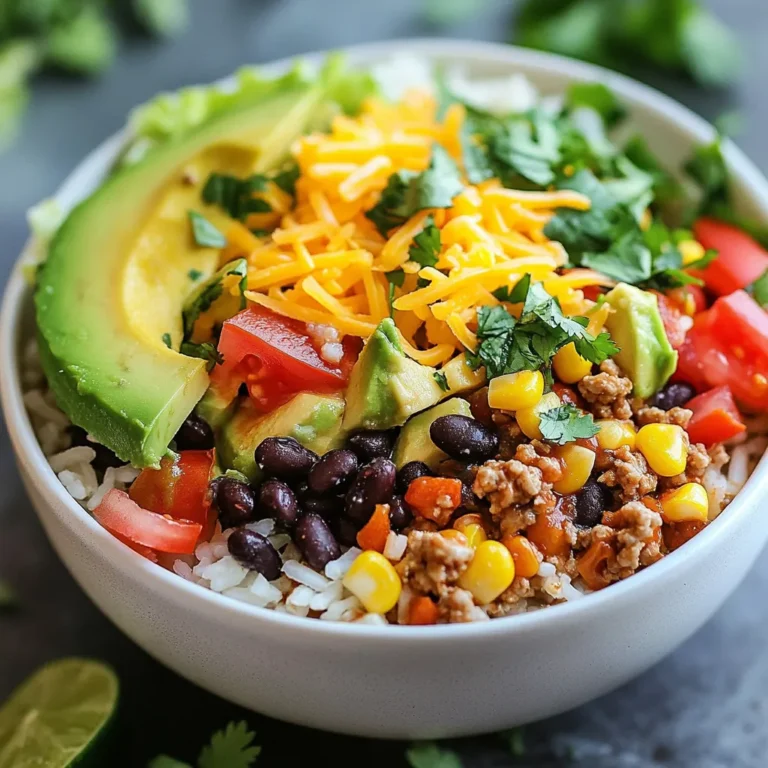 This recipe uses simple ingredients that pack a punch. Here is what you need: - 1 cup jasmine rice - 2 cups vegetable broth (or water) - 1 tablespoon olive oil - 1 medium onion, chopped - 2 cloves garlic, minced - 1 pound ground turkey (or black beans for a vegetarian option) - 1 tablespoon taco seasoning - 1 can (15 oz) black beans, drained and rinsed - 1 cup corn kernels (frozen or canned) - 1 large tomato, diced - 1 avocado, sliced - 1 cup shredded lettuce - 1/2 cup shredded cheese (cheddar or Mexican blend) - Salsa and sour cream for serving (optional) - Fresh cilantro for garnish (optional) Many of these items may already be in your kitchen. The key pantry staples include: - Jasmine rice - Vegetable broth (or water) - Olive oil - Taco seasoning - Canned black beans - Corn (frozen or canned) - Shredded cheese These staples make the recipe quick and easy. Fresh ingredients add flavor and color to your taco rice bowls. Here are some tips: - Use ripe avocados for a creamy texture. - Choose firm tomatoes for a juicy pop. - Fresh cilantro brightens the dish. - Opt for crisp lettuce to add crunch. With these fresh tips, your bowl will be vibrant and delicious. Enjoy every bite! {{ingredient_image_1}} Start by rinsing the jasmine rice. Use cold water until the water is clear. This step removes extra starch. Rinsing helps keep the rice fluffy. Next, combine the rinsed rice with vegetable broth in a medium saucepan. Bring the mixture to a boil over high heat. Once it boils, reduce the heat to low. Cover the pot and let it simmer for about 15 minutes. The rice will absorb the liquid and cook. After 15 minutes, turn off the heat. Let the rice sit, covered, for an extra 5 minutes. This resting time adds to the fluffiness. While the rice cooks, heat olive oil in a large skillet over medium heat. Add the chopped onion and sauté until it turns translucent, about 3 to 4 minutes. This step builds flavor in your dish. Add minced garlic and stir for about 30 seconds. You should smell the garlic as it cooks. Now, increase the heat to medium-high. Add the ground turkey or black beans at this point. Cook until the turkey is browned. If using beans, make sure they heat through. Break up the turkey with a spatula as it cooks. Then, stir in taco seasoning, black beans, and corn. Cook everything for about 3 to 4 minutes. This adds a burst of flavor. Once the rice and turkey (or beans) are ready, it’s time to assemble the bowls. Fluff the rice with a fork and divide it among serving bowls. Then, spoon the taco mixture over the rice. It’s now time to add the toppings. Start with diced tomatoes and sliced avocado. Next, sprinkle shredded lettuce and cheese on top. If you like, finish with salsa, sour cream, and fresh cilantro. Each layer adds color and flavor to your meal. Enjoy the vibrant look of your taco rice bowls! To get fluffy rice, rinse it well. Use cold water until it runs clear. This removes the extra starch. Then, cook it in vegetable broth for flavor. Keep the lid on while it cooks. Letting it rest after cooking makes it even better. Fluff it gently with a fork before serving. Add more zest to your taco rice bowls. Use fresh lime juice or zest for a bright taste. Fresh herbs like cilantro can boost flavor too. Try mixing in some diced jalapeños for heat. Spice lovers can add extra taco seasoning to the meat or beans. A dash of hot sauce can also spice things up! Make your taco rice bowls fun and colorful. Use bright bowls to catch the eye. Arrange toppings like a rainbow for a beautiful look. Serve with salsa and sour cream for extra flavor. You can also offer chips on the side for crunch. For a balanced meal, pair it with a fresh salad. Pro Tips Rinse Your Rice: Rinsing the jasmine rice removes excess starch, which helps achieve a fluffier texture when cooked. Customize Your Toppings: Feel free to get creative with toppings! Try adding sliced jalapeños, olives, or even a dollop of guacamole for extra flavor. Vegetarian Option: Substitute ground turkey with black beans or lentils for a protein-packed vegetarian option that still delivers on flavor. Meal Prep Friendly: This recipe is great for meal prep! Store the rice and taco mixture separately in the fridge for quick lunches throughout the week. {{image_2}} You can easily make this dish vegetarian or vegan. Instead of ground turkey, use black beans. They add protein and fiber. You can also use lentils for a different texture. Use vegetable broth for the rice to keep it vegan. For cheese, choose a plant-based option or skip it. Add more veggies, like bell peppers or zucchini, to boost flavor. If you're not in the mood for turkey, try ground beef or chicken. Ground beef adds a richer taste. Chicken is a lighter, leaner choice. For plant-based protein, try crumbled tofu or tempeh. Both soak up flavors well. You can even add quinoa for a unique twist. It’s packed with nutrients and adds a nice crunch. Feel free to mix and match ingredients. Swap jasmine rice for brown rice or quinoa. Brown rice gives a nuttier flavor and more fiber. You can also use frozen corn instead of canned for a fresher taste. If you like spice, add jalapeños or a dash of hot sauce. Don't forget to play with toppings. Try different types of cheese or fresh herbs like parsley or chives. Each swap can change the whole dish! To keep your taco rice bowls fresh, let them cool first. Place the rice and toppings in separate airtight containers. This helps keep everything tasty. Store the rice in the fridge for up to three days. Toppings like avocado should be used quickly. If you cut the avocado, it will brown fast. When you want to eat your leftovers, reheat them well. You can use the microwave or a skillet. If using a microwave, heat in short bursts. Stir the rice and toppings between bursts. This makes sure everything warms evenly. If you're using a skillet, add a splash of water. Cover it to keep the steam in. Heat on medium until hot. Freezing taco rice bowls is a great option! First, cool everything completely. Place the rice and turkey mixture in freezer-safe bags or containers. Squeeze out extra air before sealing. You can freeze it for up to three months. When ready to eat, thaw overnight in the fridge. Reheat as mentioned above. Enjoy your meal later with ease! To make rice fluffy, rinse it well. Rinse the jasmine rice under cold water until the water runs clear. This step removes extra starch. Starch can make rice sticky. After rinsing, cook the rice with vegetable broth in a covered pot. Bring it to a boil, lower the heat, and let it simmer. Once done, let it rest for five minutes. This helps the grains firm up and stay separate. Yes, you can use different beans! You can swap black beans for pinto beans or kidney beans. Chickpeas also work well for a different taste. Just be sure to drain and rinse any canned beans. This helps reduce sodium. You can mix and match beans based on what you have. This flexibility lets you customize your taco rice bowls. There are many tasty toppings you can choose! Here are some ideas: - Diced tomatoes - Sliced avocado - Shredded lettuce - Shredded cheese (like cheddar or a Mexican blend) - Salsa - Sour cream - Fresh cilantro Feel free to get creative! You can even add jalapeños for heat or lime wedges for a zesty kick. Enjoy making your taco rice bowls unique! You now have an easy path to make taco rice bowls. We covered key ingredients, cooking steps, and tips for great results. You can also customize it to your taste with fun swaps. If you store and reheat your leftovers right, they can last longer. With this guide, you can impress anyone with your cooking. Enjoy creating your own tasty taco rice bowls!