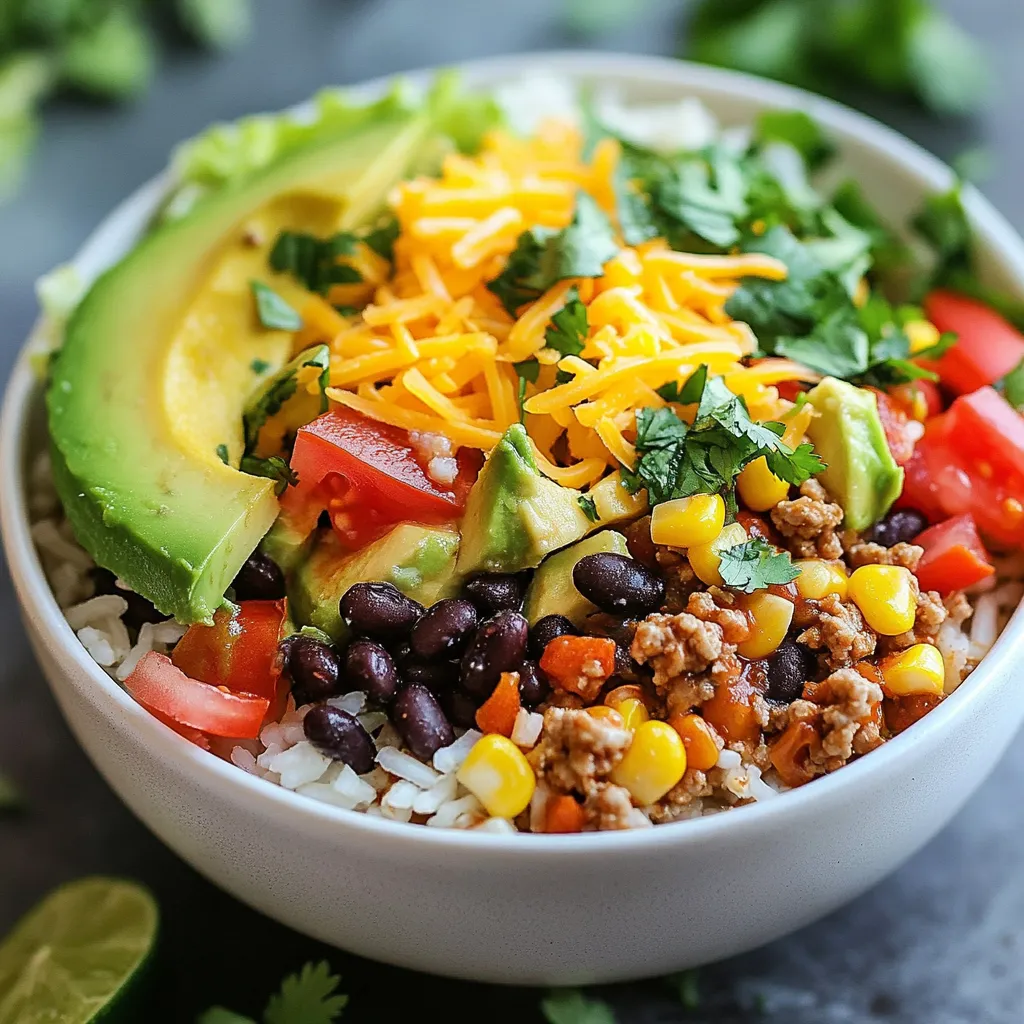 This recipe uses simple ingredients that pack a punch. Here is what you need: - 1 cup jasmine rice - 2 cups vegetable broth (or water) - 1 tablespoon olive oil - 1 medium onion, chopped - 2 cloves garlic, minced - 1 pound ground turkey (or black beans for a vegetarian option) - 1 tablespoon taco seasoning - 1 can (15 oz) black beans, drained and rinsed - 1 cup corn kernels (frozen or canned) - 1 large tomato, diced - 1 avocado, sliced - 1 cup shredded lettuce - 1/2 cup shredded cheese (cheddar or Mexican blend) - Salsa and sour cream for serving (optional) - Fresh cilantro for garnish (optional) Many of these items may already be in your kitchen. The key pantry staples include: - Jasmine rice - Vegetable broth (or water) - Olive oil - Taco seasoning - Canned black beans - Corn (frozen or canned) - Shredded cheese These staples make the recipe quick and easy. Fresh ingredients add flavor and color to your taco rice bowls. Here are some tips: - Use ripe avocados for a creamy texture. - Choose firm tomatoes for a juicy pop. - Fresh cilantro brightens the dish. - Opt for crisp lettuce to add crunch. With these fresh tips, your bowl will be vibrant and delicious. Enjoy every bite! {{ingredient_image_1}} Start by rinsing the jasmine rice. Use cold water until the water is clear. This step removes extra starch. Rinsing helps keep the rice fluffy. Next, combine the rinsed rice with vegetable broth in a medium saucepan. Bring the mixture to a boil over high heat. Once it boils, reduce the heat to low. Cover the pot and let it simmer for about 15 minutes. The rice will absorb the liquid and cook. After 15 minutes, turn off the heat. Let the rice sit, covered, for an extra 5 minutes. This resting time adds to the fluffiness. While the rice cooks, heat olive oil in a large skillet over medium heat. Add the chopped onion and sauté until it turns translucent, about 3 to 4 minutes. This step builds flavor in your dish. Add minced garlic and stir for about 30 seconds. You should smell the garlic as it cooks. Now, increase the heat to medium-high. Add the ground turkey or black beans at this point. Cook until the turkey is browned. If using beans, make sure they heat through. Break up the turkey with a spatula as it cooks. Then, stir in taco seasoning, black beans, and corn. Cook everything for about 3 to 4 minutes. This adds a burst of flavor. Once the rice and turkey (or beans) are ready, it’s time to assemble the bowls. Fluff the rice with a fork and divide it among serving bowls. Then, spoon the taco mixture over the rice. It’s now time to add the toppings. Start with diced tomatoes and sliced avocado. Next, sprinkle shredded lettuce and cheese on top. If you like, finish with salsa, sour cream, and fresh cilantro. Each layer adds color and flavor to your meal. Enjoy the vibrant look of your taco rice bowls! To get fluffy rice, rinse it well. Use cold water until it runs clear. This removes the extra starch. Then, cook it in vegetable broth for flavor. Keep the lid on while it cooks. Letting it rest after cooking makes it even better. Fluff it gently with a fork before serving. Add more zest to your taco rice bowls. Use fresh lime juice or zest for a bright taste. Fresh herbs like cilantro can boost flavor too. Try mixing in some diced jalapeños for heat. Spice lovers can add extra taco seasoning to the meat or beans. A dash of hot sauce can also spice things up! Make your taco rice bowls fun and colorful. Use bright bowls to catch the eye. Arrange toppings like a rainbow for a beautiful look. Serve with salsa and sour cream for extra flavor. You can also offer chips on the side for crunch. For a balanced meal, pair it with a fresh salad. Pro Tips Rinse Your Rice: Rinsing the jasmine rice removes excess starch, which helps achieve a fluffier texture when cooked. Customize Your Toppings: Feel free to get creative with toppings! Try adding sliced jalapeños, olives, or even a dollop of guacamole for extra flavor. Vegetarian Option: Substitute ground turkey with black beans or lentils for a protein-packed vegetarian option that still delivers on flavor. Meal Prep Friendly: This recipe is great for meal prep! Store the rice and taco mixture separately in the fridge for quick lunches throughout the week. {{image_2}} You can easily make this dish vegetarian or vegan. Instead of ground turkey, use black beans. They add protein and fiber. You can also use lentils for a different texture. Use vegetable broth for the rice to keep it vegan. For cheese, choose a plant-based option or skip it. Add more veggies, like bell peppers or zucchini, to boost flavor. If you're not in the mood for turkey, try ground beef or chicken. Ground beef adds a richer taste. Chicken is a lighter, leaner choice. For plant-based protein, try crumbled tofu or tempeh. Both soak up flavors well. You can even add quinoa for a unique twist. It’s packed with nutrients and adds a nice crunch. Feel free to mix and match ingredients. Swap jasmine rice for brown rice or quinoa. Brown rice gives a nuttier flavor and more fiber. You can also use frozen corn instead of canned for a fresher taste. If you like spice, add jalapeños or a dash of hot sauce. Don't forget to play with toppings. Try different types of cheese or fresh herbs like parsley or chives. Each swap can change the whole dish! To keep your taco rice bowls fresh, let them cool first. Place the rice and toppings in separate airtight containers. This helps keep everything tasty. Store the rice in the fridge for up to three days. Toppings like avocado should be used quickly. If you cut the avocado, it will brown fast. When you want to eat your leftovers, reheat them well. You can use the microwave or a skillet. If using a microwave, heat in short bursts. Stir the rice and toppings between bursts. This makes sure everything warms evenly. If you're using a skillet, add a splash of water. Cover it to keep the steam in. Heat on medium until hot. Freezing taco rice bowls is a great option! First, cool everything completely. Place the rice and turkey mixture in freezer-safe bags or containers. Squeeze out extra air before sealing. You can freeze it for up to three months. When ready to eat, thaw overnight in the fridge. Reheat as mentioned above. Enjoy your meal later with ease! To make rice fluffy, rinse it well. Rinse the jasmine rice under cold water until the water runs clear. This step removes extra starch. Starch can make rice sticky. After rinsing, cook the rice with vegetable broth in a covered pot. Bring it to a boil, lower the heat, and let it simmer. Once done, let it rest for five minutes. This helps the grains firm up and stay separate. Yes, you can use different beans! You can swap black beans for pinto beans or kidney beans. Chickpeas also work well for a different taste. Just be sure to drain and rinse any canned beans. This helps reduce sodium. You can mix and match beans based on what you have. This flexibility lets you customize your taco rice bowls. There are many tasty toppings you can choose! Here are some ideas: - Diced tomatoes - Sliced avocado - Shredded lettuce - Shredded cheese (like cheddar or a Mexican blend) - Salsa - Sour cream - Fresh cilantro Feel free to get creative! You can even add jalapeños for heat or lime wedges for a zesty kick. Enjoy making your taco rice bowls unique! You now have an easy path to make taco rice bowls. We covered key ingredients, cooking steps, and tips for great results. You can also customize it to your taste with fun swaps. If you store and reheat your leftovers right, they can last longer. With this guide, you can impress anyone with your cooking. Enjoy creating your own tasty taco rice bowls!