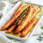 - 1 pound of fresh carrots - 3 tablespoons honey - 2 tablespoons olive oil - 4 cloves of garlic - 1 teaspoon salt - ½ teaspoon black pepper - Fresh or dried thyme - Optional: 1 tablespoon sesame seeds To make Honey Garlic Roasted Carrots, first, gather all your ingredients. Start with fresh carrots. Choose bright, firm ones for the best flavor. Peel and cut them into sticks. This helps them cook evenly. Next, measure out the honey. It gives the carrots a sweet touch. You'll also need olive oil. This adds a nice richness. Mince four cloves of garlic. Garlic brings a savory depth to the dish. Don't forget the salt and black pepper. These seasonings enhance all the flavors. You can use fresh thyme for a bright note. Dried thyme works well too if you don't have fresh. If you like a bit of crunch, add sesame seeds. They are optional but add a fun texture. These simple ingredients come together to create a great side dish. 1. Preheat the oven. Start by setting your oven to 425°F (220°C). This high heat helps the carrots caramelize and develop a sweet flavor. 2. Combine honey and olive oil. In a large bowl, mix 3 tablespoons of honey with 2 tablespoons of olive oil. This blend will give your carrots a sweet and rich taste. 3. Add minced garlic and seasonings. Next, add 4 cloves of minced garlic, 1 teaspoon of salt, ½ teaspoon of black pepper, and 1 teaspoon of fresh thyme to the bowl. Whisk everything until the honey blends well with the other ingredients. 1. Toss and coat carrot sticks. Now, take 1 pound of fresh carrots that you have peeled and cut into sticks. Add them to your bowl and toss until each piece is coated with the honey garlic mixture. 2. Arrange on a baking sheet. Spread the coated carrot sticks in a single layer on a baking sheet lined with parchment paper. This will help prevent them from sticking. 3. Roast and stir halfway. Place the baking sheet in the oven and roast for 20-25 minutes. Stir the carrots halfway through to ensure they cook evenly and get nice and tender. 1. Add sesame seeds. If you like a bit of crunch, sprinkle 1 tablespoon of sesame seeds over the carrots during the last 5 minutes of roasting. This adds a nice texture. 2. Cooling and serving tips. Once the carrots are done, take them out and let them cool for a few minutes. Serve them warm on a vibrant platter, drizzled with any remaining honey garlic sauce. Adding fresh thyme sprigs and a sprinkle of sesame seeds makes it look even better. - Look for firm, vibrant carrots. - Avoid carrots that are soft or wrinkled. Fresh carrots are key to great flavor. They should feel solid in your hand. A good carrot has a bright orange color. If you see roots or spots, skip those. Always pick the ones that feel heavy for their size. This means they are juicy and fresh. - Adjusting honey and garlic levels. - Adding herbs for extra flavor. You can change the honey and garlic amounts to fit your taste. If you like more sweetness, add more honey. For a stronger garlic taste, use more cloves. Fresh herbs like thyme add a nice taste, too. You can try rosemary or parsley for a different twist. - Different roasting times for thicker carrots. - Broiling for extra caramelization. Thicker carrots need more time to roast. Check them around the 25-minute mark. If you want them extra caramelized, try broiling them for a few minutes. Just watch closely so they don’t burn. This makes them crispy and delicious! {{image_2}} You can add more taste to your honey garlic roasted carrots. Try mixing in other vegetables. Broccoli, bell peppers, or even sweet potatoes work well. Just cut them into similar sizes for even cooking. You can also spice things up. Adding a dash of cumin or paprika gives a nice kick. Just sprinkle it in when you mix the honey and oil. This small change makes a big difference in flavor. If you need gluten-free options, rest easy. All the ingredients in this recipe are gluten-free. Just check your honey and oil for any labels if you're cautious. For a vegan twist, swap honey with maple syrup or agave nectar. These sweeteners keep the taste lovely and sweet. They work great with garlic and carrots, too. You can use an air fryer for a quicker method. Set your air fryer to 375°F. Cook the carrot sticks for about 15-20 minutes. Shake the basket halfway for even cooking. If you prefer stovetop cooking, sauté the carrots. Heat olive oil in a pan over medium heat. Add the carrot sticks and cook for about 10-12 minutes. Stir often to avoid burning. This method gives a nice, crispy texture. To keep your honey garlic roasted carrots fresh, store them in the fridge. Place the cooled carrots in an airtight container. This method helps retain their flavor and texture. You can also use a glass jar with a lid. Make sure to eat them within 3 to 5 days for the best taste. When reheating, the oven is the best choice. Preheat it to 350°F (175°C). Spread the carrots on a baking sheet and heat for about 10 minutes. This keeps them crispy. If you use a microwave, place them in a bowl and cover. Heat for 1 to 2 minutes. However, this may make them softer. You can freeze leftover roasted carrots. First, let them cool completely. Then, spread them on a baking sheet and freeze for 1 hour. After that, transfer them to a freezer bag. This prevents them from sticking together. They can last up to 3 months. To thaw, place them in the fridge overnight or microwave them for a quick option. For the best flavor, roast the carrots for 20-25 minutes. This time lets the carrots become tender and bring out their natural sweetness. I recommend checking them halfway through. Stirring helps them cook evenly and caramelize nicely. Yes, you can use baby carrots! They are small and sweet, making them a great choice. Just cut them in half lengthwise to help them roast evenly. This way, they will soak up the honey garlic mix well and still taste delicious. If you need a substitute for honey, try maple syrup or agave nectar. Both options provide sweetness but with a different flavor. When using a liquid sweetener, keep the amount the same as honey. You may want to adjust the garlic or salt for balance. Honey Garlic Roasted Carrots pair well with many dishes. They go great with roasted chicken or grilled fish. You can also serve them alongside rice or quinoa for a tasty side. They add color and flavor to any meal, making it special! This blog post shared a simple and tasty recipe for Honey Garlic Roasted Carrots. You learned about fresh ingredients, preparation steps, and cooking tips. I highlighted how to choose the right carrots and offered ways to adjust flavors. You can get creative with add-ins and various cooking methods. Remember, proper storage and reheating keep your leftovers fresh. Enjoy making roasted carrots that fit your taste and diet! This dish not only delights your palate but also adds color and nutrition to your plate.