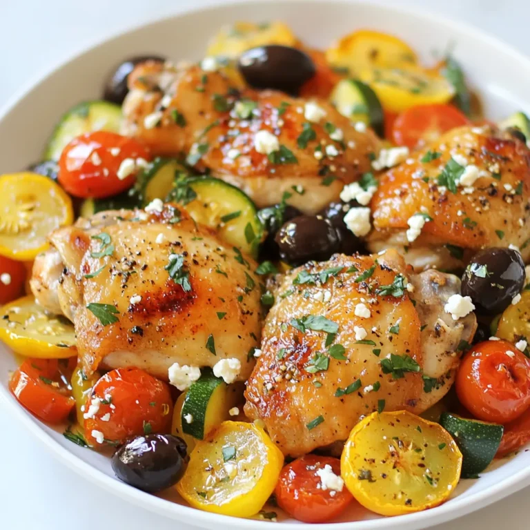 To make your Keto Mediterranean Chicken Skillet, gather these items: - 4 boneless, skinless chicken thighs - 2 tablespoons olive oil - 1 teaspoon smoked paprika - 1 teaspoon garlic powder - 1 teaspoon dried oregano - Salt and pepper to taste - 1 medium zucchini, sliced - 1 bell pepper, chopped (any color) - 1 cup cherry tomatoes, halved - 1/2 cup black olives, pitted and sliced - 1/4 cup feta cheese, crumbled - Fresh parsley, for garnish Each serving of this dish is packed with nutrients. Here’s what you can expect: - Calories: 350 - Protein: 28g - Fat: 24g - Carbohydrates: 10g - Fiber: 3g This meal is low in carbs, making it perfect for a keto diet. You can swap some ingredients for variety or to meet dietary needs. Here are some ideas: - Use chicken breast instead of thighs for a leaner option. - Try avocado oil if you want a different flavor than olive oil. - Replace zucchini with yellow squash for a slight twist. - Use sun-dried tomatoes instead of fresh for a richer taste. - Swap feta cheese for goat cheese if you prefer a creamier texture. Feel free to mix and match these suggestions to suit your taste! {{ingredient_image_1}} Start by taking four boneless, skinless chicken thighs. Place them in a bowl. Drizzle two tablespoons of olive oil over the chicken. This helps keep the chicken moist and adds flavor. Sprinkle one teaspoon of smoked paprika, garlic powder, and dried oregano over the chicken. Add salt and pepper to taste. Mix well to coat each piece. Let the chicken marinate for about 15 minutes. This step is key for great flavor. Now, heat your large skillet over medium-high heat. Add one tablespoon of olive oil to the pan. Once hot, place the marinated chicken thighs in the skillet. Cook them for about 6-7 minutes on each side. Look for that golden brown color to know they are done. Once cooked, remove the chicken from the skillet and set it aside. This keeps the chicken warm while you cook the veggies. In the same skillet, add the remaining tablespoon of olive oil. Toss in one medium zucchini, sliced into half-moons, and one chopped bell pepper. Sauté these for about 3-4 minutes until they soften a bit. Then, stir in one cup of halved cherry tomatoes and half a cup of sliced black olives. Cook for another 3-4 minutes. This allows the tomatoes to soften and release their juices. Finally, return the chicken to the skillet, nestling it among the veggies. Cook for 2 more minutes to heat everything through. Top with a quarter cup of crumbled feta cheese and give it a gentle stir. Garnish with fresh parsley before serving. Enjoy your tasty Keto Mediterranean Chicken Skillet! To get the best flavor, marinate the chicken. Use olive oil, smoked paprika, garlic powder, oregano, salt, and pepper. Mix these in a bowl and coat the chicken thighs well. Let them sit for about 15 minutes. This short time helps the spices soak in. You can also marinate longer, up to 2 hours, for even more depth. Keep it in the fridge if you marinate longer. When you cook the chicken, heat your skillet first. Use medium-high heat for a nice sear. Add a tablespoon of olive oil and let it get hot. Cook the chicken for 6-7 minutes on each side. You want it golden brown and cooked through. Use a meat thermometer to check. The chicken should reach 165°F. Remove the chicken from the pan and let it rest. This keeps it juicy. Garnish with crumbled feta and fresh parsley. It adds color and flavor. Serve the chicken with a side salad for crunch. You can also pair it with cauliflower rice for a low-carb option. For extra zing, drizzle some lemon juice over the top. This brightens the dish and enhances the Mediterranean flavors. Enjoy your meal! Pro Tips Marinate for Flavor: Allowing the chicken thighs to marinate for at least 15 minutes helps infuse the meat with the spices, making every bite flavorful. Use Fresh Ingredients: Whenever possible, opt for fresh vegetables and herbs to enhance the overall taste and nutritional value of the dish. Cook on Medium-High Heat: Cooking the chicken on medium-high heat ensures a nice sear, locking in the juices and keeping the chicken moist. Customize Your Veggies: Feel free to swap or add other low-carb vegetables like spinach or eggplant according to your preference. {{image_2}} If you want a vegetarian meal, you can swap chicken for hearty mushrooms or chickpeas. Both options add great texture and flavor. Use 2 cups of sliced mushrooms or 1 can of chickpeas, rinsed and drained. Cook them the same way you would the chicken. Mushrooms give a rich taste, while chickpeas add a nice protein boost. Feel free to mix and match vegetables. You can use spinach, eggplant, or asparagus instead of zucchini and bell peppers. Each veggie brings its own flavor. For a colorful dish, try adding red and yellow bell peppers. You can also toss in some fresh spinach at the end for extra greens. The key is to use fresh and seasonal produce for the best taste. To change the spice level, add ingredients based on your taste. For a mild dish, stick to the original spices. If you like heat, try adding red pepper flakes or cayenne pepper. Start with a pinch and add more if needed. You can also include a dash of hot sauce when serving. This way, you can enjoy a dish that suits your spice preference perfectly. To store leftovers, let the Keto Mediterranean Chicken Skillet cool first. Place it in an airtight container. This keeps the dish fresh and tasty. Store it in the fridge for up to 3 days. If you want to keep it longer, consider freezing it. When reheating, use a skillet for the best flavor. Heat a small amount of olive oil over medium heat. Add the chicken and veggies back to the skillet. Stir until everything is warm. You can also use a microwave. Place the dish in a microwave-safe bowl, cover it, and heat in short bursts. Stir often to avoid hot spots. To freeze, portion the dish into freezer-safe containers. Let it cool completely before sealing. Label each container with the date. This way, you know how long it has been stored. You can freeze it for up to 3 months. To reheat, thaw it in the fridge overnight. Then use the skillet method to warm it up. This keeps the flavors bright and delicious. Yes, this dish works great for meal prep. You can cook it ahead of time and store it. Just keep the skillet in airtight containers in the fridge. It lasts up to four days. Reheat in the microwave or on the stove. The flavors blend even more after a day, making it tasty for lunch or dinner. Absolutely! While feta cheese adds a nice tang, you can swap it for other cheeses. Try goat cheese for a creamier texture. Mozzarella offers a mild taste that melts well. Parmesan adds a sharper flavor and pairs nicely. Feel free to experiment with your favorite cheeses to find the best match for your palate. This dish pairs well with many sides. Consider a fresh salad with leafy greens and a light vinaigrette. Cauliflower rice is a low-carb option that soaks up the sauce. You can also serve it with roasted veggies for added flavor and nutrients. These sides will complement the rich taste of the chicken skillet. This article covered ingredients, instructions, and tips for a delicious chicken skillet. I shared alternatives and variations to fit your tastes. Storing leftovers and meal prep ideas make this dish easy for busy days. Remember, you can adjust flavors and ingredients as needed. Cooking should be fun and flexible! Enjoy creating your own tasty version of this dish for friends and family.