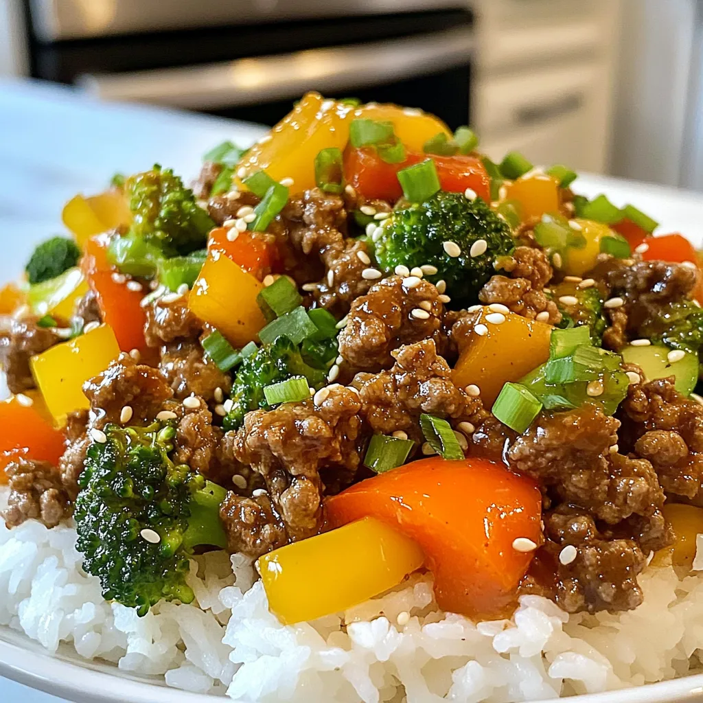 - 1 lb ground beef - 1/4 cup soy sauce (low sodium if preferred) - 2 tablespoons honey or maple syrup - 2 tablespoons rice vinegar - 1 tablespoon sesame oil - 1 tablespoon grated ginger - 2 cloves garlic, minced - 1/2 cup bell peppers, diced (any color) - 1/2 cup broccoli florets (fresh or frozen) These main ingredients create a sweet and savory flavor. Ground beef provides protein, while the soy sauce adds umami. Honey or maple syrup gives a touch of sweetness, balancing the dish. Rice vinegar adds tang, and sesame oil brings richness. Garlic and ginger enhance the aroma and taste. Bell peppers and broccoli add texture and color. - 2 green onions, chopped (for garnish) - Sesame seeds for garnish Garnishes make your dish pop! Chopped green onions add freshness and crunch. Sesame seeds add a nice nutty flavor. These garnishes not only beautify your meal but also enhance its taste. - Cooked rice or quinoa for serving Serving this dish over rice or quinoa gives it a hearty base. Rice soaks up the teriyaki sauce well, making each bite delicious. Quinoa is a great choice for added protein and fiber. Both options make this meal filling and satisfying. {{ingredient_image_1}} Start by heating the sesame oil in a large skillet over medium heat. Once the oil is hot, add the minced garlic and grated ginger. Sauté these for about one minute. You want to smell their fragrant aroma. Be careful not to burn them, as this adds bitterness. Next, raise the heat to medium-high. Add the pound of ground beef to the skillet. Cook the beef for about five to seven minutes. Use a spatula to break it apart as it cooks. Cook until it turns brown. After browning the beef, drain any fat that collects in the skillet. This keeps your dish lighter and healthier. In a small bowl, mix together the soy sauce, honey or maple syrup, and rice vinegar. Whisk the ingredients until they blend well. Once your beef is browned, toss in the diced bell peppers and broccoli florets. Pour the teriyaki sauce over the beef and veggies. Stir everything to combine. Cook for another three to five minutes. This allows the vegetables to become tender but still crisp. To get the best texture for your ground beef, start with fresh beef. Choose meat with some fat for flavor. Lean beef can dry out. When cooking, break the meat into small pieces. This helps it cook evenly. Cook on medium-high heat for browning. This gives a nice crust and keeps the meat juicy. You can tweak the teriyaki sauce to match your taste. If you like it sweeter, add more honey or maple syrup. For a tangy kick, add extra rice vinegar. You can also mix in a splash of chili sauce for heat. Fresh herbs like cilantro can enhance the flavor too. Experiment with different combinations. Make it your own! Store your meal prep in airtight containers. It stays fresh in the fridge for up to five days. For reheating, use the microwave or stovetop. If using the microwave, cover the container to keep moisture in. Stir halfway through for even heating. If you want, you can add a splash of water to keep it moist. Enjoy your meal anytime! Pro Tips Use Fresh Ingredients: Fresh vegetables will add more flavor and nutrients to your dish. Choose vibrant, seasonal produce for the best results. Adjust Sweetness to Taste: Depending on your preference, you can increase or decrease the amount of honey or maple syrup in the teriyaki sauce to suit your taste. Perfectly Cooked Vegetables: To maintain the crispness of your vegetables, avoid overcooking them. They should be tender but still vibrant in color. Meal Prep Efficiency: This dish is perfect for meal prep. Make a larger batch and store in individual containers for quick and easy lunches throughout the week. {{image_2}} You can use other proteins in this recipe. Ground turkey or chicken works great. They cook quickly and soak up flavors well. If you prefer, you can try tofu for a plant-based option. Just crumble it before cooking. Each protein gives a unique taste and texture to the dish. Feel free to mix up the veggies in your teriyaki dish. Carrots, snap peas, or zucchini can add color and crunch. You can also use frozen stir-fry blends for convenience. Just remember to adjust cooking times. You want all your veggies to stay crisp and fresh. To make this meal gluten-free, choose tamari instead of soy sauce. It gives a similar taste without gluten. For a low-carb version, swap rice for cauliflower rice. This keeps your meal light but still filling. You can enjoy the same great flavors while sticking to your diet needs. Storing your Ground Beef Teriyaki well keeps it fresh and tasty. Here are my best tips: - Cool Down First: Let the dish cool slightly before sealing. This prevents steam and sogginess. - Use Airtight Containers: These stop air from getting in and spoiling the food. - Label and Date: Write the name and date on each container. This helps you keep track of freshness. If you want to store your meal longer, freezing works great. Follow these steps: - Cool Completely: Make sure your teriyaki is cool before freezing. This keeps it from becoming mushy. - Portion It Out: Divide the meal into single servings. This makes it easy to grab just what you need. - Use Freezer Bags or Containers: These are perfect for freezing. Make sure to remove as much air as possible. Choosing the right container is key to good meal prep. Here are my favorites: - Glass Containers: They are durable and safe for microwave use. Plus, they don't stain. - BPA-Free Plastic Containers: Lightweight and easy to stack, these are great for on-the-go meals. - Divided Meal Prep Containers: These keep your rice or quinoa separate from the beef and veggies. Following these tips will help you enjoy your flavorful Ground Beef Teriyaki all week! You can store Meal Prep Ground Beef Teriyaki in the fridge for up to 5 days. Make sure to keep it in airtight containers. This way, it stays fresh and safe to eat. If you want to keep it longer, consider freezing it. Just remember to thaw it before reheating. Yes, you can use frozen ground beef. Just make sure to thaw it first. You can do this in the fridge overnight or use the microwave. Once thawed, cook it as you would fresh ground beef. This makes meal prep easy, even on busy days. If you need a substitute for honey or maple syrup, you can use agave nectar or brown sugar. Both options add sweetness to the sauce. You can also try coconut sugar for a different flavor. Just use the same amount as the original ingredient in the recipe. This blog post covered making flavorful ground beef teriyaki. We explored the main ingredients, optional garnishes, and perfect sides for serving. I shared clear, step-by-step instructions, from preparing the aromatics to cooking the beef and making the sauce. I also offered tips for texture, flavor, and meal prep storage. You can create variations using different proteins or veggies. Lastly, I answered common questions to help you succeed. Enjoy cooking and customizing your dish!