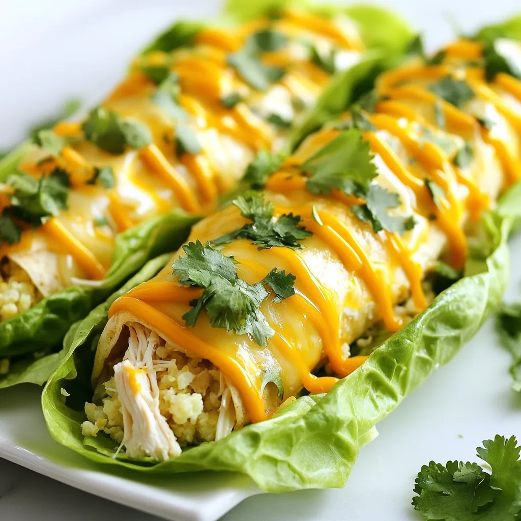 - 2 cups cooked chicken, shredded - 1 cup cream cheese, softened - 1 cup shredded Monterey Jack cheese - 1 cup cauliflower rice (fresh or frozen) - 1/2 cup sour cream - 1/2 cup chicken broth - 1 teaspoon garlic powder - 1 teaspoon onion powder - 1 teaspoon cumin - 1/2 teaspoon salt - 1/2 teaspoon black pepper - 8 large lettuce leaves (for wrapping) - 1/4 cup chopped fresh cilantro (optional, for garnish) To make low carb white chicken enchiladas, gather these simple ingredients. You need cooked chicken, which adds protein. Cream cheese gives a rich, creamy texture. Monterey Jack cheese brings flavor and melts well. Cauliflower rice acts as a great low-carb substitute for traditional tortillas. Sour cream adds a nice tang, while chicken broth keeps it moist. Spices like garlic powder, onion powder, and cumin enhance the flavor. Salt and black pepper are must-haves for seasoning. Finally, large lettuce leaves wrap everything up perfectly. If you want, add fresh cilantro on top for a bright finish. With these ingredients, you’re ready to create a delicious meal that’s easy and fun to make. {{ingredient_image_1}} - Preheat the oven to 350°F (175°C). - In a large mixing bowl, combine: - 2 cups cooked chicken, shredded - 1 cup cream cheese, softened - 1 cup shredded Monterey Jack cheese - 1 cup cauliflower rice (fresh or frozen) - 1/2 cup sour cream - 1/2 cup chicken broth - 1 teaspoon garlic powder - 1 teaspoon onion powder - 1 teaspoon cumin - 1/2 teaspoon salt - 1/2 teaspoon black pepper - Mix all the ingredients until well combined. - Lay out the large lettuce leaves on a flat surface. - Spoon about 1/4 cup of the chicken mixture onto each leaf. - Roll tightly, folding in the sides to secure the filling. - Place the rolled enchiladas seam-side down in a greased 9x13 inch baking dish. - In a small bowl, mix the remaining 1/2 cup of chicken broth and 1/4 cup of Monterey Jack cheese. - Pour this mixture evenly over the rolled enchiladas. - Cover the dish with aluminum foil and bake in the oven for 20 minutes. - After 20 minutes, remove the foil and bake for an additional 10 minutes. - The cheese should be bubbly and slightly golden when done. - Let cool for a few minutes before serving. You can garnish with chopped fresh cilantro if you like. Using cooked chicken is key for this dish. You can use rotisserie chicken for ease. Shred it finely for even mixing. This saves time and adds great flavor. To soften cream cheese, take it out of the fridge early. Let it sit for about 30 minutes. You can also microwave it in short bursts. Just 10 seconds at a time works well. Stir after each round until soft. Spices can make a big difference. Adding chili powder gives a nice kick. Cumin adds warmth, while garlic powder enhances the flavor. Feel free to adjust spices to your taste. For garnishes, fresh cilantro brightens the dish. A squeeze of lime juice adds freshness. You can also serve it with avocado slices or diced tomatoes. Rolling enchiladas evenly is important. If they are not tight, they may fall apart. Start from one end and roll firmly, tucking in the sides. Soggy lettuce leaves can ruin the dish. Make sure to dry them well. If using fresh leaves, choose larger ones to hold the filling better. Pro Tips Use Rotisserie Chicken: For an even quicker prep time, consider using store-bought rotisserie chicken. It adds great flavor and saves you from cooking the chicken yourself. Experiment with Cheese: Feel free to mix up the cheeses! Adding pepper jack or cheddar can give your enchiladas a unique twist. Make Ahead: You can prepare the enchiladas a day in advance. Just cover them tightly and refrigerate. When ready to bake, add a few extra minutes to the cooking time. Fresh Herbs for Garnish: Don’t skip the cilantro! It adds a fresh burst of flavor that complements the richness of the dish beautifully. {{image_2}} You can swap the chicken for turkey or tofu. Turkey has a similar taste and texture. It also adds a nice twist to the dish. Tofu is great for a plant-based option. Just make sure to use firm tofu for the best results. Changing the cheese can also change the flavor. Try using pepper jack for a spicy kick. You could also use cheddar for a sharper taste. Mixing different cheeses keeps things exciting. Adding more low-carb veggies boosts nutrition and flavor. Spinach or zucchini can work well. Just chop them finely and mix them in. You can also use mushrooms, which add a nice earthy flavor. For tortillas, consider using low-carb options like almond flour wraps. They have fewer carbs than regular tortillas. You can also use cabbage leaves for a fresh, crunchy wrap. Pair your enchiladas with low-carb side dishes. A simple salad with avocado and lime juice fits perfectly. You can also serve roasted vegetables for a hearty option. For sauces or dips, consider a creamy avocado dip. It adds richness and flavor. A homemade salsa can brighten up the dish too. Just mix diced tomatoes, onions, and cilantro for a fresh taste. To keep your Low Carb White Chicken Enchiladas fresh, store leftovers right away. Place them in an airtight container. This helps keep moisture in and prevents drying out. Glass or BPA-free plastic containers work great. Make sure the lid seals well, which keeps the flavors locked in. You can freeze enchiladas either before or after baking. If you freeze before baking, wrap each one tightly in plastic wrap. Then, place them in a freezer-safe bag. To freeze after baking, let them cool first. Then, cover them with foil and put them in a freezer-safe dish. To reheat frozen enchiladas, take them out and let them thaw overnight in the fridge. Once thawed, bake at 350°F (175°C) for about 20 minutes or until heated through. In the fridge, your enchiladas will last about 3 to 4 days. Be sure to check for signs of spoilage. If you see mold or an off smell, it’s best to throw them away. Keep an eye on your food to enjoy the best flavors! The best way to shred chicken is with two forks. Hold one fork steady and use the other to pull apart the meat. This method works well for warm or cold chicken. You can also use your hands if the chicken is cool. For a quicker option, a stand mixer can shred cooked chicken in seconds. Just place the chicken in the bowl and mix on low speed until shredded. Yes, you can use many types of cheese. Cheddar cheese adds a nice sharp flavor. Pepper Jack gives a spicy kick. You might also try cream cheese for a richer taste. If you want something lighter, mozzarella works well too. Just keep in mind that cheese changes the texture and flavor of your dish. To make this recipe dairy-free, use dairy-free cream cheese and sour cream. Many brands offer great substitutes that taste similar. You can also try cashew cream, made by blending soaked cashews with a bit of water. This will give you a creamy texture without dairy. Just be sure to adjust the amounts based on your taste. Yes, you can prepare these enchiladas in advance. Assemble them and store them in the fridge for up to a day. Just cover the dish tightly with foil or plastic wrap. If you want to freeze them, do that before baking. Wrap them well and store them for up to three months. When ready, thaw in the fridge overnight and bake as directed. In this blog post, we explored an easy and delicious enchilada recipe using simple ingredients. You learned about preparation steps, cooking tips, and ways to avoid common mistakes. We discussed variations, like swapping proteins or making the dish low-carb. You also found storage tips to keep leftovers fresh. Try these enchiladas for a tasty meal that fits your needs. Enjoy the cooking and eating experience!