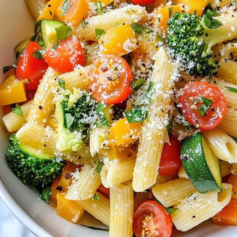 - 12 oz pasta (penne or fettuccine) - 1 cup cherry tomatoes, halved - 1 zucchini, thinly sliced - 1 bell pepper (any color), julienned - 1 cup broccoli florets - 1 carrot, julienned - 3 cloves garlic, minced - 1/4 cup olive oil - 1 teaspoon dried Italian herbs (basil, oregano, thyme) - Salt and pepper to taste - Fresh basil leaves for garnish - Grated Parmesan cheese, to serve (optional) Pasta Primavera shines with fresh, vibrant ingredients. The choice of pasta helps hold the sauce and veggies. I love using penne or fettuccine for their great texture. Cherry tomatoes add a sweet burst of flavor. Zucchini brings a nice crunch, while bell pepper adds color and taste. Broccoli florets offer a slight bitterness that balances the dish. Carrots add sweetness and a lovely orange hue. Garlic is key for flavor. It gives a warm, rich taste. Olive oil adds richness and helps to sauté the veggies. The dried Italian herbs tie everything together with classic flavors. Don't forget the salt and pepper. They enhance all the other tastes. Fresh basil leaves add a bright finish, while grated Parmesan offers a creamy touch if you choose to add it. This dish is all about using fresh, seasonal ingredients. Choose what you love and make it your own! {{ingredient_image_1}} - Bring a large pot of salted water to a boil. - Add 12 oz of pasta and cook until al dente. This usually takes about 8-10 minutes. - Reserve 1/2 cup of the pasta cooking water, then drain the pasta. Set it aside in a large bowl. - In a large skillet, heat 1/4 cup olive oil over medium heat. - Add 3 cloves of minced garlic and sauté for about 1 minute until it smells great. - Next, add 1 zucchini (thinly sliced), 1 bell pepper (julienned), 1 cup of broccoli florets, and 1 carrot (julienned). - Sauté these veggies for about 5-7 minutes. You want them tender, but still crisp. - Stir in 1 cup of halved cherry tomatoes and cook for 2-3 minutes until they soften. - Add the cooked pasta to the skillet. - Pour in the reserved pasta water and sprinkle in 1 teaspoon of dried Italian herbs. - Toss everything together until well mixed and heated through. - Season with salt and pepper to taste. - Remove from heat and garnish with fresh basil leaves. Serve hot with grated Parmesan cheese if you like. Cooking pasta to al dente is key. Al dente means the pasta is firm but not hard. It gives texture and holds sauce well. To achieve this, boil salted water, and cook the pasta just until it has a slight bite. Always check the package for timing. To sauté vegetables properly, use medium heat. Heat the olive oil first, then add minced garlic. This brings out flavor. After a minute, add your vegetables. Stir frequently but do not overcrowd the pan. You want them to be tender yet crisp. For a beautiful presentation, use large bowls. After plating, add a sprinkle of fresh Parmesan on top. This adds a nice touch. A few extra basil leaves will brighten the dish. Drizzle some olive oil for extra flavor and shine. Pair Pasta Primavera with a crisp white wine like Pinot Grigio. It complements the vegetables nicely. If you prefer bread, a fresh baguette works well. It’s perfect for soaking up any sauce. Garnishes can change the look of your dish. Fresh herbs, like parsley or basil, add a pop of color. You can also sprinkle some grated cheese on top. It introduces a savory flavor. For visual appeal, consider colorful vegetables. Red bell peppers, green zucchini, and yellow carrots create a vibrant plate. The mix of colors makes the dish more inviting and fun. Pro Tips Use Seasonal Vegetables: Opt for vegetables that are in season to enhance flavor and nutrition. This will also make your dish more vibrant and colorful. Perfect Pasta Cooking: Always cook pasta in a large pot of salted water to ensure even cooking and optimal flavor. Al dente pasta holds up better when tossed with sauce. Customize Your Herbs: Feel free to experiment with different herbs like parsley or thyme based on your preference. Fresh herbs can be added at the end for a burst of flavor. Presentation Matters: For a restaurant-style presentation, twirl the pasta into nests on the plate and top with vegetables and a sprinkle of cheese for an appealing look. {{image_2}} For Pasta Primavera, you can switch up the pasta. Try using gluten-free pasta made from rice or quinoa. It's just as tasty! You can also choose different vegetables based on the season. In summer, add fresh corn or peas. In fall, consider using butternut squash or Brussels sprouts. To make this dish even better, add some protein. Grilled chicken, shrimp, or tofu works well. You can also spice it up! A pinch of red pepper flakes adds heat. A bit of lemon zest gives a bright flavor that pops. If you want to make this dish vegan, skip the cheese. Use nutritional yeast for a cheesy flavor instead. For nut-free diets, keep an eye on ingredients like tofu that may contain nuts. You can also swap regular pasta for zucchini noodles for a low-carb option. This keeps it light and fresh! To store Pasta Primavera, let it cool first. Use an airtight container. This keeps the dish fresh. You can keep it in the fridge for up to three days. For best taste, eat it soon. If you want to freeze it, use freezer-safe containers. It will last for about two months. Make sure to label the containers with the date. This way, you know when to use them. When it’s time to eat the leftovers, you can reheat them. The best way is to use a skillet. Add a splash of water to keep it moist. Heat over medium-low heat for about five minutes. Stir often to avoid sticking. You can also use the microwave. Place the pasta in a bowl and cover it. Heat it for one minute, then stir. Repeat until warm. This helps keep the texture and flavor nice. Leftovers of Pasta Primavera last for three days in the fridge. In the freezer, they can last for up to two months. Always check for signs of spoilage before eating. If it smells bad or looks odd, throw it away. Enjoy your colorful dish while it’s fresh! Pasta Primavera is a fresh and colorful pasta dish. It originated in Italy. The name means "spring pasta" in Italian. It celebrates the fresh veggies of spring. Chefs crafted it in the 1970s in New York. It quickly became popular for its lightness and bright flavors. You can enjoy it as a main dish or a side. Yes, you can switch up the veggies! Seasonal vegetables work well. Try asparagus, peas, or spinach for spring. In summer, add eggplant or bell peppers. Fall brings squash or mushrooms. Use what you love or what you have. This dish is versatile and fun to customize. To make Pasta Primavera healthier, consider these tips: - Use whole grain pasta for more fiber. - Add more veggies to boost nutrients. - Swap olive oil for a lighter cooking spray. - Use less cheese or skip it for fewer calories. - Add lean protein like grilled chicken or chickpeas for balance. These changes keep the dish tasty while enhancing its health benefits. This blog post covered a tasty Pasta Primavera recipe. You learned about the ingredients and step-by-step cooking tips. I shared helpful storage advice and answered common questions. Remember, you can swap ingredients to fit your diet or use seasonal veggies. Final thoughts: Pasta Primavera is flexible, healthy, and full of flavor. Give it a try and enjoy!
