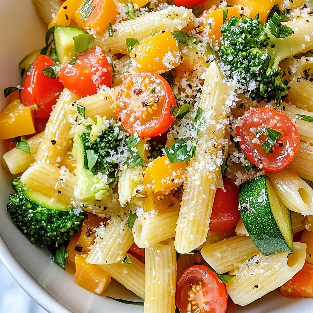 - 12 oz pasta (penne or fettuccine) - 1 cup cherry tomatoes, halved - 1 zucchini, thinly sliced - 1 bell pepper (any color), julienned - 1 cup broccoli florets - 1 carrot, julienned - 3 cloves garlic, minced - 1/4 cup olive oil - 1 teaspoon dried Italian herbs (basil, oregano, thyme) - Salt and pepper to taste - Fresh basil leaves for garnish - Grated Parmesan cheese, to serve (optional) Pasta Primavera shines with fresh, vibrant ingredients. The choice of pasta helps hold the sauce and veggies. I love using penne or fettuccine for their great texture. Cherry tomatoes add a sweet burst of flavor. Zucchini brings a nice crunch, while bell pepper adds color and taste. Broccoli florets offer a slight bitterness that balances the dish. Carrots add sweetness and a lovely orange hue. Garlic is key for flavor. It gives a warm, rich taste. Olive oil adds richness and helps to sauté the veggies. The dried Italian herbs tie everything together with classic flavors. Don't forget the salt and pepper. They enhance all the other tastes. Fresh basil leaves add a bright finish, while grated Parmesan offers a creamy touch if you choose to add it. This dish is all about using fresh, seasonal ingredients. Choose what you love and make it your own! {{ingredient_image_1}} - Bring a large pot of salted water to a boil. - Add 12 oz of pasta and cook until al dente. This usually takes about 8-10 minutes. - Reserve 1/2 cup of the pasta cooking water, then drain the pasta. Set it aside in a large bowl. - In a large skillet, heat 1/4 cup olive oil over medium heat. - Add 3 cloves of minced garlic and sauté for about 1 minute until it smells great. - Next, add 1 zucchini (thinly sliced), 1 bell pepper (julienned), 1 cup of broccoli florets, and 1 carrot (julienned). - Sauté these veggies for about 5-7 minutes. You want them tender, but still crisp. - Stir in 1 cup of halved cherry tomatoes and cook for 2-3 minutes until they soften. - Add the cooked pasta to the skillet. - Pour in the reserved pasta water and sprinkle in 1 teaspoon of dried Italian herbs. - Toss everything together until well mixed and heated through. - Season with salt and pepper to taste. - Remove from heat and garnish with fresh basil leaves. Serve hot with grated Parmesan cheese if you like. Cooking pasta to al dente is key. Al dente means the pasta is firm but not hard. It gives texture and holds sauce well. To achieve this, boil salted water, and cook the pasta just until it has a slight bite. Always check the package for timing. To sauté vegetables properly, use medium heat. Heat the olive oil first, then add minced garlic. This brings out flavor. After a minute, add your vegetables. Stir frequently but do not overcrowd the pan. You want them to be tender yet crisp. For a beautiful presentation, use large bowls. After plating, add a sprinkle of fresh Parmesan on top. This adds a nice touch. A few extra basil leaves will brighten the dish. Drizzle some olive oil for extra flavor and shine. Pair Pasta Primavera with a crisp white wine like Pinot Grigio. It complements the vegetables nicely. If you prefer bread, a fresh baguette works well. It’s perfect for soaking up any sauce. Garnishes can change the look of your dish. Fresh herbs, like parsley or basil, add a pop of color. You can also sprinkle some grated cheese on top. It introduces a savory flavor. For visual appeal, consider colorful vegetables. Red bell peppers, green zucchini, and yellow carrots create a vibrant plate. The mix of colors makes the dish more inviting and fun. Pro Tips Use Seasonal Vegetables: Opt for vegetables that are in season to enhance flavor and nutrition. This will also make your dish more vibrant and colorful. Perfect Pasta Cooking: Always cook pasta in a large pot of salted water to ensure even cooking and optimal flavor. Al dente pasta holds up better when tossed with sauce. Customize Your Herbs: Feel free to experiment with different herbs like parsley or thyme based on your preference. Fresh herbs can be added at the end for a burst of flavor. Presentation Matters: For a restaurant-style presentation, twirl the pasta into nests on the plate and top with vegetables and a sprinkle of cheese for an appealing look. {{image_2}} For Pasta Primavera, you can switch up the pasta. Try using gluten-free pasta made from rice or quinoa. It's just as tasty! You can also choose different vegetables based on the season. In summer, add fresh corn or peas. In fall, consider using butternut squash or Brussels sprouts. To make this dish even better, add some protein. Grilled chicken, shrimp, or tofu works well. You can also spice it up! A pinch of red pepper flakes adds heat. A bit of lemon zest gives a bright flavor that pops. If you want to make this dish vegan, skip the cheese. Use nutritional yeast for a cheesy flavor instead. For nut-free diets, keep an eye on ingredients like tofu that may contain nuts. You can also swap regular pasta for zucchini noodles for a low-carb option. This keeps it light and fresh! To store Pasta Primavera, let it cool first. Use an airtight container. This keeps the dish fresh. You can keep it in the fridge for up to three days. For best taste, eat it soon. If you want to freeze it, use freezer-safe containers. It will last for about two months. Make sure to label the containers with the date. This way, you know when to use them. When it’s time to eat the leftovers, you can reheat them. The best way is to use a skillet. Add a splash of water to keep it moist. Heat over medium-low heat for about five minutes. Stir often to avoid sticking. You can also use the microwave. Place the pasta in a bowl and cover it. Heat it for one minute, then stir. Repeat until warm. This helps keep the texture and flavor nice. Leftovers of Pasta Primavera last for three days in the fridge. In the freezer, they can last for up to two months. Always check for signs of spoilage before eating. If it smells bad or looks odd, throw it away. Enjoy your colorful dish while it’s fresh! Pasta Primavera is a fresh and colorful pasta dish. It originated in Italy. The name means "spring pasta" in Italian. It celebrates the fresh veggies of spring. Chefs crafted it in the 1970s in New York. It quickly became popular for its lightness and bright flavors. You can enjoy it as a main dish or a side. Yes, you can switch up the veggies! Seasonal vegetables work well. Try asparagus, peas, or spinach for spring. In summer, add eggplant or bell peppers. Fall brings squash or mushrooms. Use what you love or what you have. This dish is versatile and fun to customize. To make Pasta Primavera healthier, consider these tips: - Use whole grain pasta for more fiber. - Add more veggies to boost nutrients. - Swap olive oil for a lighter cooking spray. - Use less cheese or skip it for fewer calories. - Add lean protein like grilled chicken or chickpeas for balance. These changes keep the dish tasty while enhancing its health benefits. This blog post covered a tasty Pasta Primavera recipe. You learned about the ingredients and step-by-step cooking tips. I shared helpful storage advice and answered common questions. Remember, you can swap ingredients to fit your diet or use seasonal veggies. Final thoughts: Pasta Primavera is flexible, healthy, and full of flavor. Give it a try and enjoy!