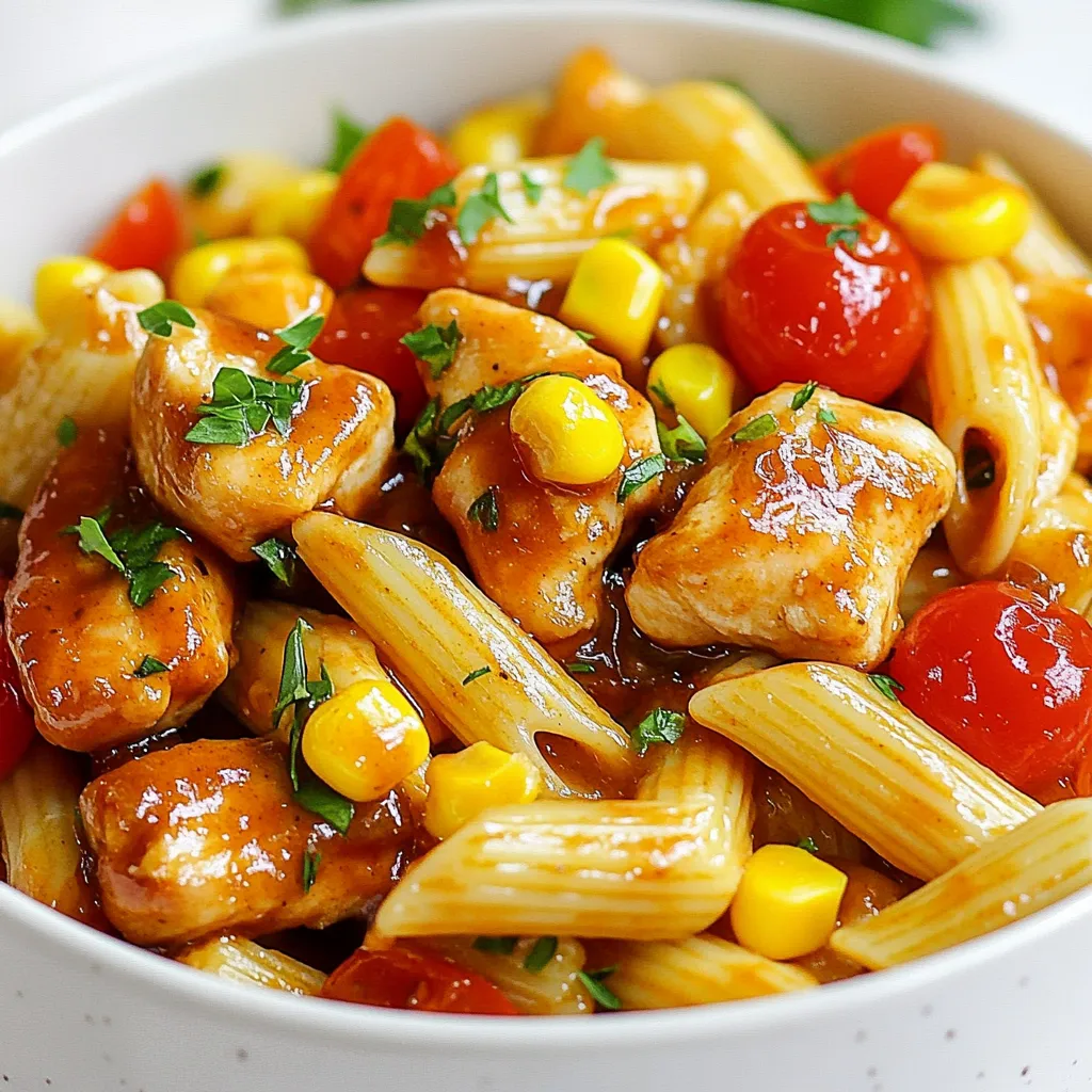 - 2 boneless, skinless chicken breasts, cut into bite-sized pieces - 2 cups pasta (penne or fusilli works well) - 1 cup BBQ sauce (your favorite brand) - 1/2 cup honey - 4 cloves garlic, minced - 1 cup chicken broth - 1 cup cherry tomatoes, halved - 1 cup frozen corn - 1 bell pepper, diced (any color) - 1 teaspoon paprika - Salt and pepper to taste - Fresh parsley, chopped (for garnish) - Olive oil (for cooking) For this One Pot Honey Garlic BBQ Chicken Pasta, you need simple, fresh ingredients. Start with the chicken. I like using boneless, skinless chicken breasts. They cook quickly and stay tender. Cut them into small pieces for even cooking. Next, choose your pasta. Penne or fusilli are great options. They hold sauce well and add texture to the dish. BBQ sauce is key. Pick your favorite brand for the best flavor. A sweet sauce works well with the honey and garlic. Now, let's add some extra flavor. Honey brings sweetness, while garlic adds depth. You'll want four cloves, finely minced. For veggies, cherry tomatoes, frozen corn, and bell pepper add color and nutrition. They also add a nice crunch. Lastly, don’t forget your seasonings. Paprika gives warmth, and salt and pepper enhance the taste. Fresh parsley makes a lovely garnish too. With these ingredients ready, you’ll create a delicious, one-pot meal in no time! {{ingredient_image_1}} First, heat a drizzle of olive oil in a large pot over medium heat. Add the chicken pieces and spread them out evenly. Season the chicken with salt, pepper, and paprika. Cook until the chicken is browned on all sides, about 5 to 7 minutes. This step adds flavor and texture. Next, add the minced garlic to the pot. Sauté it for about one minute until it smells good. Now, pour in your BBQ sauce, honey, and chicken broth. Stir everything well to mix the flavors. This blend of sweet and savory will be the heart of your dish. Bring the mixture to a boil. Once it boils, add the pasta. Reduce the heat to low and cover the pot. Let it simmer for about 10 minutes, stirring occasionally. This will cook the pasta just right. In the last two minutes, add the cherry tomatoes, corn, and bell pepper. Stir everything to combine and heat through. This adds color and nutrition to your meal. - To ensure the chicken is cooked properly, use a meat thermometer. The chicken must reach 165°F. Cut the chicken into small pieces for even cooking. - Adjust cooking times for pasta based on the type you use. Penne or fusilli usually take about 10 minutes to cook. Stir occasionally while it simmers to prevent sticking. - For extra flavor, try adding spices like cayenne pepper or smoked paprika. A pinch of red pepper flakes can give it a nice kick. - If you want to experiment, use different BBQ sauces. A smoky sauce will add depth, while a sweet and tangy sauce can brighten the dish. Pro Tips Use Quality BBQ Sauce: Choose a BBQ sauce that you love, as it will significantly influence the flavor of the dish. A smoky or sweet variety can add depth to the overall taste. Don’t Overcook the Pasta: Since the pasta will continue to cook in the residual heat after you remove it from the stove, aim for al dente to prevent mushiness. Add Veggies for Extra Nutrition: Feel free to throw in any additional vegetables you have on hand, such as spinach or zucchini, to boost the nutritional value and flavor. Garnish for Freshness: Fresh parsley not only adds a pop of color but also a refreshing flavor. Consider using other herbs like cilantro or basil for a different twist! {{image_2}} You can easily change the protein in this dish. Shrimp or tofu works well. For shrimp, just cook it for a few minutes until it turns pink. If using tofu, sauté it until golden brown for flavor. You can also choose different pasta. Penne or fusilli are great, but you can use gluten-free pasta if needed. Just follow the cooking times on the package for the best results. Adding veggies can change the taste and boost nutrition. Zucchini or spinach are excellent options. Just chop them up and add them during the last few minutes of cooking. You can also play with the sauces. Try teriyaki for a sweet twist or marinara for a classic touch. Just remember to adjust the amount of honey if you use a sweeter sauce. This way, you keep the balance of flavors just right. To keep your One Pot Honey Garlic BBQ Chicken Pasta fresh, store leftovers in an airtight container. Place the pasta in the refrigerator within two hours of cooking to avoid bacteria growth. It will stay good for up to three days in the fridge. If you want to save it for longer, you can freeze it. For freezing, let the dish cool completely, then transfer it to freezer-safe bags. Squeeze out excess air before sealing. It can last up to three months in the freezer. When you're ready to enjoy your leftovers, reheating is easy. You can use the microwave or stovetop. For the microwave, place the pasta in a bowl and cover it with a damp paper towel. Heat in 30-second intervals, stirring in between, until warm. On the stovetop, add a splash of water or broth in a pan to help steam the pasta. Heat over medium until hot. This helps keep the flavors intact and prevents the pasta from drying out. Enjoy your meal just like the first time! Can I make this recipe in advance? Yes, you can make this recipe ahead of time. Cook the dish and let it cool. Store it in an airtight container in the fridge. It will last for up to three days. When you're ready to eat, just reheat it on the stove or in the microwave. How to adjust for a larger serving size? To make more servings, simply double or triple the ingredients. Just keep the same cooking steps. You may need a larger pot to hold everything. Make sure to taste for seasoning as you go. Can I substitute honey with another sweetener? Yes, you can use maple syrup or agave nectar instead of honey. These will add a nice sweetness without changing the taste too much. Just use the same amount as the recipe calls for. What if I don't have BBQ sauce on hand? If you lack BBQ sauce, you can make a quick mix. Combine ketchup, Worcestershire sauce, and a bit of honey. This gives a sweet and tangy flavor similar to BBQ sauce. You can also try a store-bought sauce that you like. In this blog post, we covered a tasty chicken and pasta dish. We discussed main ingredients like chicken breasts, BBQ sauce, and pasta options. You learned step-by-step instructions for cooking and combining the ingredients. My tips on cooking and flavor variations help you create your own version. Finally, proper storage and reheating methods ensure your meal stays fresh. Try this dish and let your taste buds explore new flavors! You’ll enjoy a fun cooking experience and a delicious meal.
