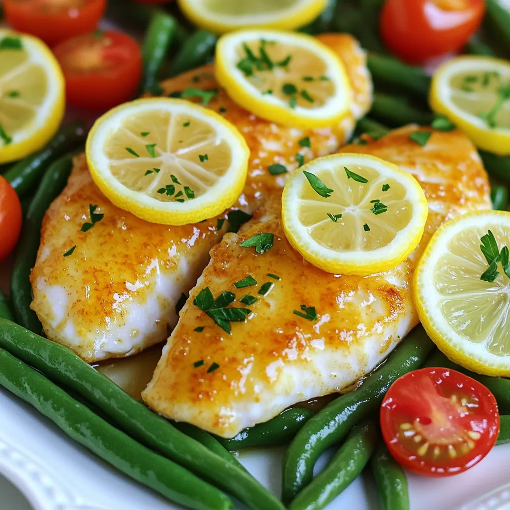- 4 tilapia fillets - 3 cloves garlic, minced - 2 lemons (1 sliced, 1 juiced) - 2 tablespoons olive oil - 1 teaspoon paprika - 1 teaspoon dried oregano - Salt and pepper to taste - 1 cup cherry tomatoes, halved - 1 cup green beans, trimmed - Fresh parsley, chopped for garnish To make Lemon Garlic Tilapia, you need simple, fresh ingredients. Each item plays a key role in the dish's flavor. Tilapia is light and flaky, which pairs well with lemon and garlic. The garlic adds a punch, while lemon juice gives it a zesty kick. Using one lemon sliced adds brightness and beauty. Olive oil keeps the fish moist and enhances the flavors. The spices, like paprika and oregano, bring warmth and depth. Cherry tomatoes add a sweet burst, and green beans provide a nice crunch. Fresh parsley not only garnishes but also adds a fresh taste. Gather these ingredients before you start, and you will create a delightful meal that’s healthy and easy to make! - Preheat your oven to 400°F (200°C). - Prepare the sheet pan with parchment paper. This makes cleanup easy. - In a small bowl, mix 3 minced garlic cloves, 2 tablespoons of olive oil, and the juice of 1 lemon. - Add 1 teaspoon of paprika, 1 teaspoon of dried oregano, and salt and pepper to taste. - Stir well until combined. This mix adds great flavor to the fish. - Place 4 tilapia fillets on the prepared sheet pan. - Drizzle the marinade over the fish. Make sure they are well coated. - Arrange lemon slices on top of the tilapia. This adds a fresh taste. - Scatter 1 cup of halved cherry tomatoes and 1 cup of trimmed green beans around the fish. - Drizzle a bit more olive oil over the veggies. Season them with salt and pepper. - Bake in the preheated oven for 15-20 minutes. The fish should flake easily with a fork. - Once cooked, take the pan out and garnish with fresh parsley. This adds a nice touch. How to choose fresh tilapia When selecting tilapia, look for bright, clear eyes. The flesh should feel firm and spring back when pressed. Fresh tilapia also has a mild smell, not a strong fishy odor. If possible, buy from a trusted source where you know the fish is handled well. Cooking tips for perfect texture To achieve a flaky texture, do not overcook the fish. Baking at 400°F (200°C) for 15-20 minutes gives great results. You want the fish to flake easily with a fork. Using parchment paper helps prevent sticking and makes cleanup simple. Suggestions for additional herbs and spices If you want to boost flavor, try adding fresh dill or thyme. These herbs pair well with lemon and garlic. You might also enjoy a sprinkle of red pepper flakes for some heat. Experiment with flavors that match your taste. Ideas for customizable marinades Marinades are a fun way to change the dish. You can add soy sauce for an Asian twist or honey for a sweet touch. For a Mediterranean vibe, mix in capers or olives. Get creative and make it your own! {{image_2}} You can switch out tilapia for other fish. Cod or sole work well. They have a mild taste and cook similarly. If you want a stronger flavor, try salmon or trout. For veggies, feel free to use what’s fresh. Zucchini, bell peppers, or asparagus are great options. You can change the veggies based on what’s in season. This keeps your dish fresh and exciting. Want a kick? Add red pepper flakes or diced jalapeños to the marinade. This gives your dish a spicy twist that many will love. If you fancy something Mediterranean, add olives and capers. You can also use fresh herbs like basil or thyme. These flavor changes will make your dish pop with new tastes. Enjoy experimenting! To keep your Lemon Garlic Tilapia fresh, follow these steps: - Cool Down: Let the dish cool for about 30 minutes after cooking. - Use Airtight Containers: Place leftovers in airtight containers. This helps keep moisture in and odors out. - Refrigerate Promptly: Store the containers in the fridge right away. This prevents bacteria growth. How long do leftovers last? You can enjoy them for up to three days. After that, the fish may lose taste and texture. When reheating your tilapia, here are some great tips: - Oven Method: Preheat your oven to 350°F (175°C). Place the fish on a baking tray. Cover it with foil to keep it from drying out. Heat for about 10-15 minutes. - Microwave Method: If you choose the microwave, use a microwave-safe dish. Cover it with a damp paper towel. Heat in short bursts of 30 seconds. Check often to avoid overcooking. Avoid these common mistakes: - Don't Overheat: Fish can become rubbery if heated too long. Make sure to watch the time. - Skip the High Heat: High heat can dry out your tilapia. Stick with lower heat for best results. Bake tilapia for 15 to 20 minutes at 400°F (200°C). The fish cooks quickly. Check if the fish flakes easily with a fork. This means it is done. The veggies should be tender too. Yes, you can use frozen tilapia. Just make sure to thaw them first. You can do this by placing them in the fridge overnight. If you are short on time, run them under cold water. Pat them dry before adding to the pan. This helps the marinade stick better. Serve this dish with simple sides for a complete meal. Here are some ideas: - Rice or quinoa for a hearty base - A fresh salad for crunch - Roasted or steamed veggies for more flavor - Garlic bread for a tasty touch These sides will balance the meal and add variety. Enjoy! This blog post covered a simple, tasty recipe for lemon garlic tilapia. You learned about the ingredients, preparation steps, and cooking tips. We explored variations and how to store and reheat leftovers. Cooking this dish can be fun and rewarding. It’s easy to make and great for sharing. Enjoy experimenting with flavors and find what you love. Your kitchen can become a place of delicious meals with this recipe!