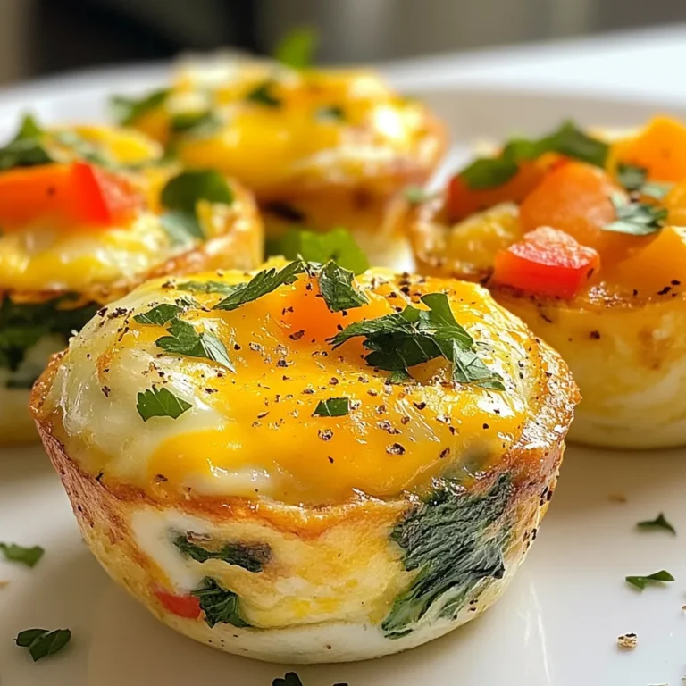 For a delicious batch of breakfast cups, gather these main ingredients: - 6 large eggs - 1 cup spinach, chopped - 1/2 cup bell peppers, diced (any color) - 1/4 cup red onion, finely chopped - 1/2 cup shredded cheese (cheddar or mozzarella) - Salt and pepper to taste - 1/4 teaspoon garlic powder - Cooking spray or olive oil for grease These ingredients form a tasty base. Eggs provide protein. Spinach adds vitamins. Bell peppers give color and crunch. Red onion offers a sweet flavor. Cheese binds it all together. You can customize your breakfast cups. Consider these optional add-ins: - Fresh herbs for flavor - Other vegetables like zucchini or mushrooms - Meat options like cooked bacon or sausage Adding fresh herbs boosts taste. Extra veggies increase nutrition. Meat options make it heartier. Feel free to mix and match! Each serving has: - Approximately 150 calories - About 10 grams of protein - 2 grams of fiber These cups are great for many diets. They are gluten-free and vegetarian. They fit well into a balanced meal plan. Enjoy them without worry! {{ingredient_image_1}} Prepping the Oven and Muffin Tin Start by preheating your oven to 375°F (190°C). This step is key for even cooking. Next, grab a muffin tin and grease it with cooking spray or a bit of olive oil. This helps the breakfast cups pop out easily after baking. Mixing the Ingredients In a mixing bowl, crack 6 large eggs. Whisk them until they are well beaten. Add a pinch of salt, pepper, and 1/4 teaspoon of garlic powder for flavor. Then, toss in 1 cup of chopped spinach, 1/2 cup of diced bell peppers, and 1/4 cup of finely chopped red onion. Stir it all together so every bite is tasty. Pouring Mixture into Muffin Tin Now, pour the egg and veggie mix into the muffin tin. Fill each cup about 3/4 full. This gives them space to rise. Lastly, sprinkle 1/2 cup of shredded cheese on top of each cup for a cheesy finish. Baking Time and Temperature Place the muffin tin in the preheated oven. Bake for 18 to 20 minutes. You’ll know they are done when the eggs are set and the tops are slightly golden. Tips for Safely Removing from Muffin Tin After baking, let the cups cool for a few minutes. Take a small knife and gently run it along the edges. This helps loosen them. Then, carefully remove the breakfast cups from the muffin tin. Presentation Ideas To serve, place the breakfast cups on a platter. You can garnish them with fresh herbs like parsley or chives. This adds color and extra flavor. Enjoy your tasty breakfast cups warm! - Ensuring Even Cooking To get even cooking, fill each muffin cup the same. This helps them cook at the same rate. Use a measuring cup for accuracy. Rotate the muffin tin halfway through baking. This ensures all cups get equal heat. - Achieving Ideal Texture For the best texture, do not overbeat the eggs. A little fluff is good. Make sure to mix the veggies evenly into the egg mixture. This gives each bite a nice balance of flavor. - How to Store Leftovers After cooling, place the breakfast cups in an airtight container. They last up to four days in the fridge. For longer storage, freeze them in a single layer. Once frozen, transfer to a freezer bag. - Best Reheating Methods Reheat in the oven at 350°F (175°C) for about 10 minutes. This keeps them crispy. If using a microwave, heat in 30-second bursts. Check often to avoid overcooking. - Overfilling Cups Fill each cup only three-quarters full. If you overfill, the mixture may overflow while baking. This can make a mess and affect cooking time. - Skipping the Greasing Step Always grease the muffin tin. Use cooking spray or olive oil. This prevents the cups from sticking. No one likes a breakfast cup that won’t come out easily! Pro Tips Use Fresh Ingredients: Fresh spinach and vegetables enhance the flavor and texture of the breakfast cups, making them more enjoyable. Customize Your Fillings: Feel free to add other vegetables like zucchini or mushrooms, or even cooked bacon or sausage for extra flavor. Check for Doneness: The breakfast cups should be set in the center and slightly golden on top; if they wobble, they need more time. Storage Tips: Store leftovers in an airtight container in the fridge for up to 4 days; reheat in the microwave for a quick breakfast. {{image_2}} Using Seasonal Vegetables You can change the veggies based on what’s fresh. Try zucchini, kale, or broccoli. They add great taste and color. Using seasonal produce helps keep your meals fresh and exciting. Combining Different Cheeses Mixing cheeses adds depth. Cheddar gives a sharp taste, while mozzarella makes it creamy. You can also try feta or goat cheese for a tangy twist. Each cheese brings a unique flavor to your breakfast cups. Low-carb and Keto Options For a low-carb version, skip the bell peppers and use more leafy greens. You can add avocado for healthy fats. This keeps the dish filling without the carbs. Dairy-free Alternatives If you need a dairy-free option, use plant-based cheese. You can also skip cheese altogether. Nut milk can replace regular milk if your recipe calls for it. This way, you still enjoy tasty breakfast cups. Adding Spices Spices can transform your breakfast cups. Try paprika for a smoky touch or cumin for warmth. A pinch of chili powder adds a nice kick. Experiment to find your favorite spice blend. Using Different Cheese Types Different cheese types change the flavor profile. Swiss cheese adds nuttiness, while pepper jack gives heat. Mixing cheese types can also create new textures. Don’t be afraid to get creative! To keep your ingredient breakfast cups fresh, follow these easy steps: - Refrigeration Guidelines: After cooking, let the cups cool down. Place them in an airtight container. Store them in the fridge for up to 5 days. This keeps them tasty and safe to eat. - Freezing Breakfast Cups: If you want to store them longer, freezing is a great option. Wrap each cup in plastic wrap, then place them in a freezer bag. They can last for up to 3 months. When you're ready to eat, thaw them in the fridge overnight. Knowing how long your breakfast cups last is key. - How Long They Last in the Fridge: In the fridge, these cups stay good for 5 days. Always check the date and use your senses. - Signs of Spoilage: If you notice any mold or off smells, toss them out. It's better to be safe than sorry. Reheating your breakfast cups is simple and quick. - Oven Method: Preheat your oven to 350°F (175°C). Place the cups on a baking sheet. Heat for about 10-15 minutes. This method keeps them nice and fluffy. - Microwave Method: For a faster option, use the microwave. Place one cup on a microwave-safe plate. Heat for 30-60 seconds. Check to make sure it’s warm all the way through. Enjoy your delicious breakfast cups anytime with these easy storage and reheating tips! Yes, you can make these breakfast cups in advance. To prepare in advance, bake the cups as directed. Once cooled, place them in an airtight container. Store them in the fridge for up to three days. For longer storage, freeze them in a single layer. After freezing, transfer them to a freezer bag. They can last for about two months in the freezer. If you need an egg substitute, you have options. For a simple swap, use 1/4 cup of unsweetened applesauce per egg. You can also use a flaxseed meal mix. Just combine 1 tablespoon of flaxseed meal with 2.5 tablespoons of water. Let it sit for a few minutes until it thickens. For plant-based options, try silken tofu blended until smooth. This gives a similar texture to eggs. To enhance the flavor, consider adding seasonings and herbs. Fresh herbs like parsley and chives work well. You can also use dried herbs like oregano or thyme. Adding spices like paprika or chili powder can give it a kick. If you want to get creative, try mixing in different ingredients. Consider adding cooked bacon, sausage, or even sun-dried tomatoes for added taste. Breakfast cups are easy to make and fun to customize. Start with eggs, veggies, and cheese. You can add herbs or meat for extra flavor. They pack nutrients and fit many diets, too. I shared tips on making them, storing, and reheating. Remember to avoid overfilling and grease the cups well. With so many variations, these breakfast cups will please anyone. Experiment with different ingredients and enjoy this simple, tasty meal anytime.