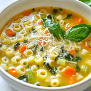 To make Italian Pastina Comfort Soup, you will need: - 1 cup pastina (tiny pasta like star or acini di pepe) - 4 cups low-sodium vegetable or chicken broth - 1 medium onion, finely chopped - 2 cloves garlic, minced - 2 medium carrots, diced - 1 celery stalk, diced - 1 cup fresh spinach, roughly chopped - 1 teaspoon dried Italian herbs (oregano, basil, thyme) - 2 tablespoons olive oil - Salt and pepper to taste You can add some fun twists to your soup, like: - 1/4 cup grated Parmesan cheese for creaminess - Fresh basil leaves for garnish - Lemon zest for a pop of brightness If you don’t have pastina, try small shells or orzo. You can use vegetable stock for a vegan option. Fresh herbs work well too, instead of dried. If you want it richer, add heavy cream instead of cheese. Adjust salt and pepper based on your taste. {{ingredient_image_1}} Start by chopping the onion, carrots, and celery. I like to do this first. It makes cooking easier. Heat olive oil in a large pot over medium heat. Add the chopped onion, carrot, and celery. Sauté them for 5 to 7 minutes. You want the veggies to soften and the onion to turn clear. This step builds a great flavor base. Next, add the minced garlic and dried Italian herbs. Stir for one minute until you smell the herbs. Now, pour in 4 cups of vegetable or chicken broth. Bring the mixture to a boil. Once it starts bubbling, it’s time for the next step. Add 1 cup of pastina. Reduce the heat to a simmer. Cook for about 6 to 8 minutes, stirring now and then. You want the pastina to be tender but not mushy. This is where the soup starts to come together. After the pastina cooks, stir in 1 cup of chopped spinach. Cook for another 2 to 3 minutes. You want the spinach to wilt but still be bright green. Taste the soup and add salt and pepper as needed. For extra creaminess, mix in 1/4 cup of grated Parmesan cheese, if you like. This makes the soup rich and comforting. Serve it hot, topped with fresh basil leaves for a lovely finish. To cook pastina well, you need a big pot. Use plenty of water and salt. This helps the tiny pasta stay firm. Stir often while cooking to prevent sticking. Cook it just until tender. Overcooking pastina makes it mushy. Aim for a perfect bite. Herbs and spices make this soup shine. I love using dried Italian herbs like oregano, basil, and thyme. They add warmth and depth. Fresh garlic gives a nice kick too. A sprinkle of black pepper adds a little heat. For a twist, add crushed red pepper flakes for spice. Serve the soup hot for the best taste. A sprinkle of grated Parmesan cheese adds creaminess. Fresh basil leaves on top look great and taste fresh. Pair this soup with crusty bread or a simple salad. Enjoy a cozy meal any day! Pro Tips Use Homemade Broth: For a richer flavor, consider using homemade vegetable or chicken broth instead of store-bought, as it can enhance the overall taste of the soup. Customize Your Vegetables: Feel free to add other vegetables such as zucchini or green beans for added nutrition and texture. Adjust Seasoning: Always taste the soup before serving and adjust the seasoning as needed, especially if you’re using store-bought broth which may contain salt. Store Wisely: If you have leftovers, store the pastina separately from the soup to prevent it from absorbing too much liquid and becoming mushy. {{image_2}} To make a vegan version of Italian Pastina Soup, swap the chicken broth for vegetable broth. Use olive oil for cooking. Skip the Parmesan cheese or replace it with nutritional yeast. This gives a cheesy flavor without dairy. You can also add more veggies, like zucchini or peas, for extra nutrition. You can add protein to your soup for a heartier meal. For a chicken version, add cooked, shredded chicken after the pasta is tender. This will warm the chicken without overcooking it. If you prefer beans, add canned white beans or chickpeas. Rinse them well and stir them in during the last few minutes of cooking. While pastina is a classic choice, you can use other tiny pasta types. Try ditalini, orzo, or even small shells. Just adjust the cooking time slightly based on the pasta. Each option brings a unique texture to the soup, making it fun to switch things up. To store leftover Italian Pastina Comfort Soup, let it cool first. Use a clean, airtight container. Pour the soup into the container, leaving some space at the top. This helps the soup stay fresh. Seal the container tightly and place it in the fridge. It will stay good for about three days. If you want to keep the soup longer, freezing is a great option. First, cool the soup completely. Then, use freezer-safe bags or containers. Pour the soup into these bags, removing as much air as possible. Label the bags with the date. You can freeze the soup for up to three months. To use it later, just thaw it in the fridge overnight. To reheat the soup, pour it into a pot. Heat it on medium-low until warm, stirring often. If it looks too thick, add a splash of broth or water. You can also microwave it in a microwave-safe bowl. Heat for one minute at a time, stirring in between. Enjoy your warm bowl of comfort! Pastina is tiny pasta. It comes in shapes like stars or little balls called acini di pepe. This pasta cooks quickly and adds a soft touch to soups. It is perfect for a cozy meal. Yes, you can. Make the soup ahead of time and store it. Just follow the recipe steps. Let it cool down before putting it in the fridge. It will taste great later. Italian Pastina Soup lasts about 3 to 4 days in the fridge. Make sure to keep it in an airtight container. This helps keep the flavors fresh and tasty. No, this soup is not gluten-free. Pastina is made from wheat. If you need a gluten-free option, choose gluten-free pasta. Then, you can still enjoy this warm soup. You can try many fun twists on this soup. Here are some ideas: - Add protein like chicken or beans for extra flavor. - Use different veggies like peas or zucchini for a colorful mix. - Swap in fresh herbs like parsley instead of basil. These changes keep the soup exciting and tasty! This blog post covered every step for making Italian Pastina Comfort Soup. We talked about required and optional ingredients, plus substitutions. You learned the best way to prepare vegetables and cook the soup base. I shared tips for cooking pastina and enhancing flavors. I also explored variations, storage info, and answered common questions. Using these ideas, you can create a soup that warms your heart. Enjoy your cooking adventure with Italian Pastina Soup!