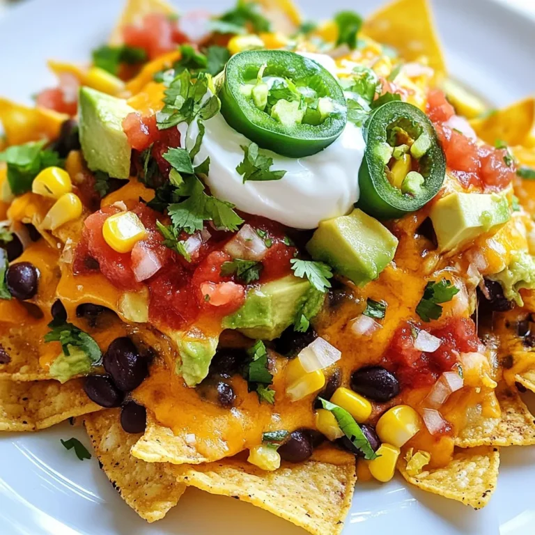 To make Ultimate Loaded Nachos, gather these key ingredients: - 1 bag tortilla chips - 2 cups shredded cheddar cheese - 1 cup black beans, rinsed and drained - 1 cup corn kernels (fresh or canned) - 1 jalapeño, sliced - 1 ripe avocado, diced - 1 cup salsa (your choice of heat) - 1 cup sour cream - 2 green onions, chopped - 1 teaspoon ground cumin - 1 teaspoon chili powder - Fresh cilantro, for garnish - Salt and pepper to taste These ingredients create a great base. The chips give crunch. The cheese adds creaminess. Beans and corn bring flavor and texture. You can make your nachos unique with these optional toppings: - Sliced olives - Diced tomatoes - Pickled jalapeños - Fresh lime juice - Hot sauce Feel free to mix and match. Each topping can add a new taste. You can even try different cheeses for a fun twist. To prepare these nachos, you will need: - A large baking sheet or oven-safe platter - A skillet - A spatula or wooden spoon - A knife and cutting board These tools help you cook and serve easily. A sturdy baking sheet holds the layers well. A skillet warms the bean and corn mix quickly. {{ingredient_image_1}} Start by preheating your oven to 350°F (175°C). This step warms up the cheese nicely. Next, spread a bag of tortilla chips evenly on a large baking sheet or an oven-safe platter. Make sure the chips cover the base well. This helps with even cooking and keeps them crispy. In a skillet, mix 1 cup of black beans, 1 cup of corn, 1 teaspoon of ground cumin, and 1 teaspoon of chili powder. Add a pinch of salt and pepper. Heat this mixture over medium heat for about 3 to 4 minutes. Stir often until it warms through and smells great. This mixture adds lots of flavor to your nachos. Now it’s time to layer. First, sprinkle half of the 2 cups of shredded cheddar cheese over the chips. Then, evenly spread the black bean and corn mixture on top of the cheese. Next, add sliced jalapeños for that spicy kick. Finally, cover everything with the remaining cheese. Place the nachos in the oven and bake for 10 to 12 minutes. You want the cheese to melt and bubble. Once done, remove the nachos from the oven. Top them with diced avocado, salsa, and dollops of sour cream. Finish with chopped green onions and fresh cilantro for extra color and taste. Enjoy your loaded nachos! To get cheese that melts well, use good quality cheddar cheese. Shred it fresh from the block. Pre-grated cheese has additives that can prevent melting. Layer cheese between other ingredients. This creates pockets of gooey goodness. Bake your nachos at 350°F for 10-12 minutes. Keep an eye on them. You want the cheese bubbly but not burnt. Presentation matters when serving nachos. Use a colorful platter for a fun look. Top with fresh avocado and salsa right before serving. This keeps toppings fresh and bright. Offer extra toppings on the side, like jalapeños or sour cream. Let everyone customize their own plate. This adds fun and excitement to the meal. Start by prepping all your ingredients first. This makes the cooking process smoother. Use parchment paper on your baking sheet for easy clean-up. After baking, let the nachos cool for a few minutes. This helps toppings stick better. For leftover nachos, store them in an airtight container. Clean as you go to keep your kitchen tidy. Pro Tips Layer Wisely: To prevent sogginess, layer cheese and toppings strategically. Start with cheese, then add toppings, and finish with more cheese on top before baking. Spice It Up: Adjust the heat level by choosing the right salsa or adding more jalapeños according to your taste preferences. Fresh is Best: Use fresh ingredients like ripe avocados and home-cooked beans for a more flavorful and nutritious nacho experience. Serve Immediately: For the best texture and taste, serve nachos straight from the oven while the cheese is still gooey and the chips are crisp. {{image_2}} For a tasty twist, make vegetarian-friendly loaded nachos. Use all the same ingredients but focus on the veggies. You can add more beans, like pinto or kidney beans, for protein. Try adding bell peppers or zucchini for a fresh crunch. Top it off with extra avocado and a sprinkle of lime juice. This keeps your nachos colorful and full of flavor. If you love heat, spicy loaded nachos are for you. Start with the classic recipe, but add more jalapeños or use spicy salsa. You could swap the cheddar cheese for pepper jack cheese. This cheese gives a nice kick! For even more heat, sprinkle some crushed red pepper flakes on top. You can also add hot sauce before serving to really turn up the flavor. To make healthier loaded nachos, switch some ingredients. Use baked tortilla chips instead of fried ones. Choose low-fat cheese or a dairy-free option if you want to cut calories. Instead of sour cream, try Greek yogurt for a creamy touch with more protein. You can add fresh veggies, like diced tomatoes or spinach, for added nutrients. These small changes keep the taste while making your nachos a bit lighter. To store leftover nachos, you need to keep them fresh. First, let the nachos cool down. Place them in an airtight container. If you have toppings like avocado or sour cream, store them separately. This helps keep the chips crispy and toppings fresh. Reheating nachos can be tricky. To keep them crispy, use the oven. Preheat your oven to 350°F (175°C). Spread the nachos on a baking sheet. Heat them for about 5 to 7 minutes. Check that the cheese melts but the chips don’t burn. Freezing loaded nachos is not the best idea. The chips become soggy when thawed. However, you can freeze the black bean and corn mix. Store it in a freezer-safe bag. When you’re ready, just reheat it and add fresh chips. This way, you can enjoy a quick meal without losing flavor. I recommend using sharp cheddar cheese. It melts well and adds great flavor. You can mix in Monterey Jack for a creamy touch. This blend gives your nachos a rich taste. Yes, you can! Tortilla chips are classic, but feel free to try corn chips or pita chips. Each chip adds a unique crunch. Just make sure they can hold the toppings without breaking. To prep nachos in advance, layer the chips and toppings. Skip baking until you’re ready to serve. Cover them well with plastic wrap. When you’re ready, bake at 350°F for 10 to 12 minutes. This keeps them fresh and warm for your guests. In this post, you learned how to make loaded nachos that wow. We covered key ingredients and fun toppings to fit your taste. I shared tips for the perfect cheese and great serving ideas. You explored tasty variations, from spicy to healthy options. Finally, we discussed storage and reheating so nothing goes to waste. Think about your favorite flavors and get creative. There’s no wrong way to enjoy nachos. Dive in and make your perfect plate soon!
