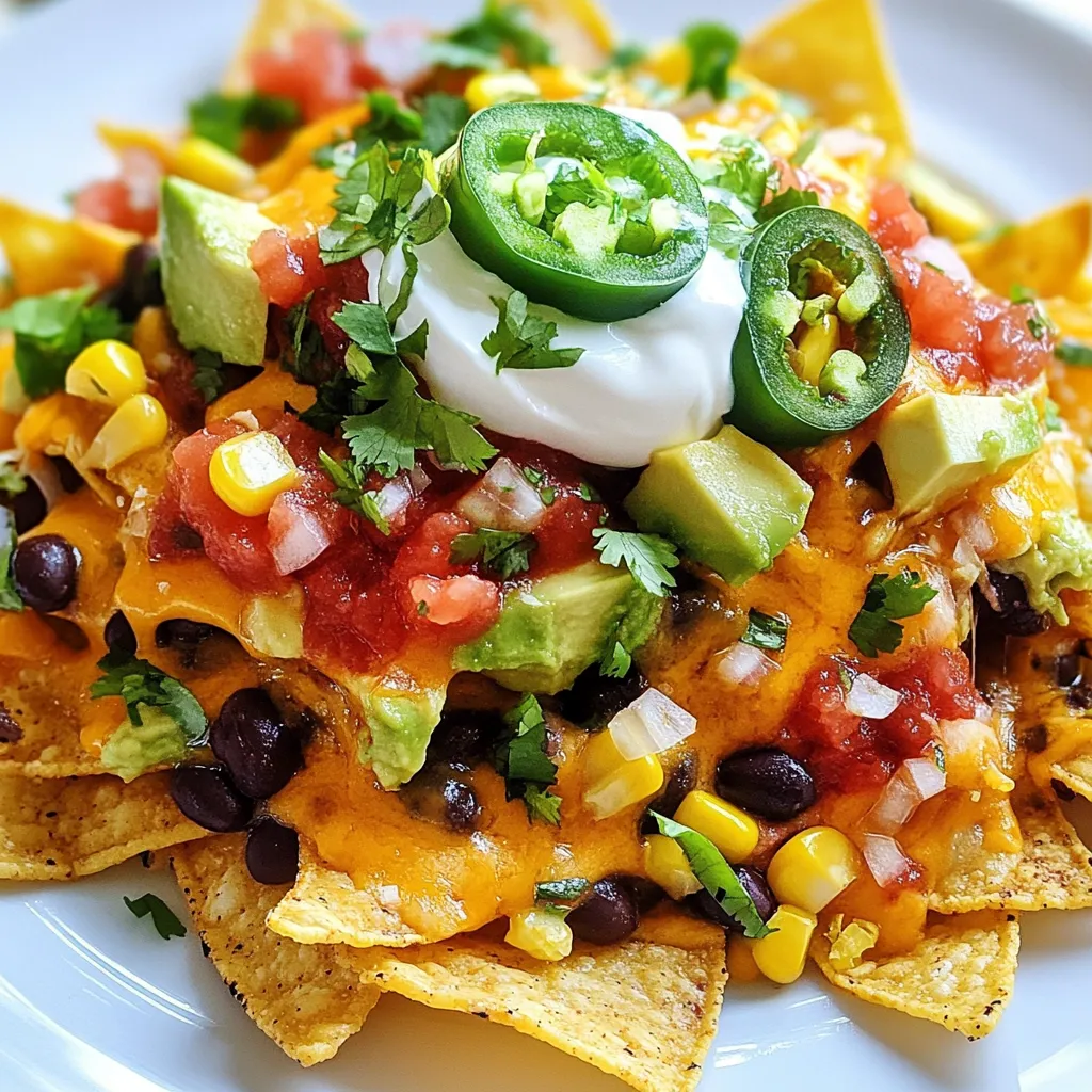 To make Ultimate Loaded Nachos, gather these key ingredients: - 1 bag tortilla chips - 2 cups shredded cheddar cheese - 1 cup black beans, rinsed and drained - 1 cup corn kernels (fresh or canned) - 1 jalapeño, sliced - 1 ripe avocado, diced - 1 cup salsa (your choice of heat) - 1 cup sour cream - 2 green onions, chopped - 1 teaspoon ground cumin - 1 teaspoon chili powder - Fresh cilantro, for garnish - Salt and pepper to taste These ingredients create a great base. The chips give crunch. The cheese adds creaminess. Beans and corn bring flavor and texture. You can make your nachos unique with these optional toppings: - Sliced olives - Diced tomatoes - Pickled jalapeños - Fresh lime juice - Hot sauce Feel free to mix and match. Each topping can add a new taste. You can even try different cheeses for a fun twist. To prepare these nachos, you will need: - A large baking sheet or oven-safe platter - A skillet - A spatula or wooden spoon - A knife and cutting board These tools help you cook and serve easily. A sturdy baking sheet holds the layers well. A skillet warms the bean and corn mix quickly. {{ingredient_image_1}} Start by preheating your oven to 350°F (175°C). This step warms up the cheese nicely. Next, spread a bag of tortilla chips evenly on a large baking sheet or an oven-safe platter. Make sure the chips cover the base well. This helps with even cooking and keeps them crispy. In a skillet, mix 1 cup of black beans, 1 cup of corn, 1 teaspoon of ground cumin, and 1 teaspoon of chili powder. Add a pinch of salt and pepper. Heat this mixture over medium heat for about 3 to 4 minutes. Stir often until it warms through and smells great. This mixture adds lots of flavor to your nachos. Now it’s time to layer. First, sprinkle half of the 2 cups of shredded cheddar cheese over the chips. Then, evenly spread the black bean and corn mixture on top of the cheese. Next, add sliced jalapeños for that spicy kick. Finally, cover everything with the remaining cheese. Place the nachos in the oven and bake for 10 to 12 minutes. You want the cheese to melt and bubble. Once done, remove the nachos from the oven. Top them with diced avocado, salsa, and dollops of sour cream. Finish with chopped green onions and fresh cilantro for extra color and taste. Enjoy your loaded nachos! To get cheese that melts well, use good quality cheddar cheese. Shred it fresh from the block. Pre-grated cheese has additives that can prevent melting. Layer cheese between other ingredients. This creates pockets of gooey goodness. Bake your nachos at 350°F for 10-12 minutes. Keep an eye on them. You want the cheese bubbly but not burnt. Presentation matters when serving nachos. Use a colorful platter for a fun look. Top with fresh avocado and salsa right before serving. This keeps toppings fresh and bright. Offer extra toppings on the side, like jalapeños or sour cream. Let everyone customize their own plate. This adds fun and excitement to the meal. Start by prepping all your ingredients first. This makes the cooking process smoother. Use parchment paper on your baking sheet for easy clean-up. After baking, let the nachos cool for a few minutes. This helps toppings stick better. For leftover nachos, store them in an airtight container. Clean as you go to keep your kitchen tidy. Pro Tips Layer Wisely: To prevent sogginess, layer cheese and toppings strategically. Start with cheese, then add toppings, and finish with more cheese on top before baking. Spice It Up: Adjust the heat level by choosing the right salsa or adding more jalapeños according to your taste preferences. Fresh is Best: Use fresh ingredients like ripe avocados and home-cooked beans for a more flavorful and nutritious nacho experience. Serve Immediately: For the best texture and taste, serve nachos straight from the oven while the cheese is still gooey and the chips are crisp. {{image_2}} For a tasty twist, make vegetarian-friendly loaded nachos. Use all the same ingredients but focus on the veggies. You can add more beans, like pinto or kidney beans, for protein. Try adding bell peppers or zucchini for a fresh crunch. Top it off with extra avocado and a sprinkle of lime juice. This keeps your nachos colorful and full of flavor. If you love heat, spicy loaded nachos are for you. Start with the classic recipe, but add more jalapeños or use spicy salsa. You could swap the cheddar cheese for pepper jack cheese. This cheese gives a nice kick! For even more heat, sprinkle some crushed red pepper flakes on top. You can also add hot sauce before serving to really turn up the flavor. To make healthier loaded nachos, switch some ingredients. Use baked tortilla chips instead of fried ones. Choose low-fat cheese or a dairy-free option if you want to cut calories. Instead of sour cream, try Greek yogurt for a creamy touch with more protein. You can add fresh veggies, like diced tomatoes or spinach, for added nutrients. These small changes keep the taste while making your nachos a bit lighter. To store leftover nachos, you need to keep them fresh. First, let the nachos cool down. Place them in an airtight container. If you have toppings like avocado or sour cream, store them separately. This helps keep the chips crispy and toppings fresh. Reheating nachos can be tricky. To keep them crispy, use the oven. Preheat your oven to 350°F (175°C). Spread the nachos on a baking sheet. Heat them for about 5 to 7 minutes. Check that the cheese melts but the chips don’t burn. Freezing loaded nachos is not the best idea. The chips become soggy when thawed. However, you can freeze the black bean and corn mix. Store it in a freezer-safe bag. When you’re ready, just reheat it and add fresh chips. This way, you can enjoy a quick meal without losing flavor. I recommend using sharp cheddar cheese. It melts well and adds great flavor. You can mix in Monterey Jack for a creamy touch. This blend gives your nachos a rich taste. Yes, you can! Tortilla chips are classic, but feel free to try corn chips or pita chips. Each chip adds a unique crunch. Just make sure they can hold the toppings without breaking. To prep nachos in advance, layer the chips and toppings. Skip baking until you’re ready to serve. Cover them well with plastic wrap. When you’re ready, bake at 350°F for 10 to 12 minutes. This keeps them fresh and warm for your guests. In this post, you learned how to make loaded nachos that wow. We covered key ingredients and fun toppings to fit your taste. I shared tips for the perfect cheese and great serving ideas. You explored tasty variations, from spicy to healthy options. Finally, we discussed storage and reheating so nothing goes to waste. Think about your favorite flavors and get creative. There’s no wrong way to enjoy nachos. Dive in and make your perfect plate soon!