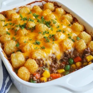 To make this tasty dish, gather these key ingredients: - 1 lb ground beef - 1 small onion, diced - 2 cloves garlic, minced - 1 cup frozen mixed vegetables (peas, carrots, corn) - 1 can (10.5 oz) cream of mushroom soup - 1/2 cup milk - 2 teaspoons Worcestershire sauce - 1 teaspoon onion powder - 1 teaspoon garlic powder - Salt and pepper to taste - 1 bag (32 oz) frozen tater tots - 1 cup shredded cheddar cheese These ingredients come together to create a flavorful and filling meal. The ground beef gives it a hearty base, while the mixed vegetables add color and nutrition. You might already have some of these items in your kitchen: - Worcestershire sauce - Onion powder - Garlic powder - Salt - Pepper Having these staples on hand makes it easy to whip up the casserole with little prep time. To make your casserole even better, consider these fun toppings: - Fresh parsley, chopped - Chives, chopped - Additional cheese varieties, like mozzarella or pepper jack These garnishes not only enhance the look but also add fresh flavors. You can serve the casserole hot, with a side salad for a complete meal. {{ingredient_image_1}} Start by preheating your oven to 425°F (220°C). This heat will make your tater tots crispy. While the oven heats, gather your ingredients. You will need ground beef, onion, garlic, mixed vegetables, cream of mushroom soup, milk, Worcestershire sauce, and seasonings. In a large skillet, heat over medium. Add the ground beef, diced onion, and minced garlic. Cook until the beef turns brown and the onion goes clear. This step takes about 5 to 7 minutes. Drain any fat. Next, stir in your frozen mixed vegetables. Then add the cream of mushroom soup and milk. Mix in Worcestershire sauce, onion powder, garlic powder, salt, and pepper. Let this simmer for about 5 minutes. This helps the flavors blend well. Now, transfer your beef mixture into a greased 9x13 inch baking dish. Spread it evenly on the bottom. Next, layer the frozen tater tots over the beef mixture. Make sure to cover it all. Bake in your preheated oven for 25 to 30 minutes. You want the tater tots to turn golden brown and get crispy. After that, take the dish out of the oven. Sprinkle shredded cheddar cheese on top. Return it to the oven for about 5 more minutes. This melts the cheese and makes it bubbly. Let the dish cool for a few minutes before serving. To get crispy tater tots, follow these steps. First, don't thaw the tots. Use them straight from the freezer. This keeps them firm during baking. Spread them evenly on top of your beef mix. Avoid overlapping, as this can lead to sogginess. Bake at 425°F for 25-30 minutes. Check for a golden brown color before serving. If you want extra crispiness, broil them for a few minutes at the end. Enhance the flavor of your beef mix with simple tips. Start with good quality ground beef. I like to use 80/20 for the right balance of fat. This keeps the meat juicy. Don't skip the onion and garlic; they add a lot of flavor. Add Worcestershire sauce for a deeper taste. You can also mix in spices like paprika or cumin for a twist. If you like a kick, add a pinch of cayenne pepper. Serving Tater Tot Beef Casserole is easy and fun. I love to garnish it with fresh parsley or chives. This adds color and a fresh taste. Pair it with a crisp salad to balance the rich flavors. You can also serve it with some crusty bread to soak up the sauce. If you want, offer a side of steamed veggies for extra nutrition. This way, you get a hearty meal that's not just filling but also colorful! Pro Tips Use Lean Ground Beef: Opt for lean ground beef to reduce excess grease while still enjoying a hearty flavor. Add Your Favorite Vegetables: Feel free to customize the vegetable mix according to your family's preferences—broccoli or bell peppers work great, too! Make It Ahead: This casserole can be assembled a day in advance. Just cover it with foil and refrigerate until you’re ready to bake. Experiment with Cheese: Try using different cheeses like Monterey Jack or pepper jack for a unique twist on flavor. {{image_2}} You can easily make this dish meat-free. Swap the ground beef for a mix of beans, lentils, or mushrooms. They add great texture and flavor. Use the same onions and garlic for a solid base. Add your favorite frozen veggies, like broccoli or bell peppers. This gives you a colorful and tasty casserole. You can also use a creamy sauce made from cashews or coconut milk for richness. If you want a lighter option, try turkey or chicken. Ground turkey works well and keeps the dish lean. For chicken, shredded rotisserie chicken saves time. Just add it to the mix with the veggies and soup. Both meats blend well with the flavors of onion, garlic, and Worcestershire sauce. You can also season them to taste with spices like paprika or cayenne for an extra kick. Cheese makes this dish even better! While cheddar is classic, try mozzarella for a stretchy, gooey layer. Pepper jack brings spice and a creamy texture. For a sharper taste, use gouda or swiss cheese. Mix different cheeses for a layered flavor. Top with fresh herbs like chives, cilantro, or parsley right before serving. This adds freshness and brightens your casserole. To store leftovers, let the casserole cool first. Then, cover it tightly with plastic wrap or foil. You can also use an airtight container. Store it in the fridge for up to three days. Keeping it covered helps prevent drying out and keeps the flavors fresh. When you’re ready to eat the leftovers, preheat your oven to 350°F (175°C). Place the casserole in an oven-safe dish. Cover it with foil to keep it moist. Heat for about 20-25 minutes or until it’s hot all the way through. You can also reheat in the microwave. Heat in short bursts, stirring in between, until warm. If you want to freeze the casserole, let it cool completely first. Then, cut it into smaller portions for easy thawing. Wrap each piece in plastic wrap and then aluminum foil. You can also place portions in freezer-safe bags. Store in the freezer for up to three months. To thaw, place it in the fridge overnight before reheating. Yes, you can prepare this dish ahead of time. Cook the beef mixture and layer it in the baking dish. Cover it well and keep it in the fridge. You can bake it the next day. Just add a few extra minutes to the cooking time. This way, you save time when you are busy. If you don’t have cream of mushroom soup, try using cream of chicken soup. You can also mix sour cream with a bit of broth. Another option is to use a homemade white sauce. Just melt butter, mix in flour, then add milk. Stir until thick, and you have a great base. To add some heat, mix in diced jalapeños with the beef. You can also add hot sauce to the beef mixture. For a kick, try using pepper jack cheese instead of cheddar. Another idea is to sprinkle red pepper flakes on top before baking. Adjust the spice to your taste! This blog post covered how to make a tasty Tater Tot Beef Casserole. We explored key ingredients, cooking steps, and some handy tips. You learned about fun variations, like using turkey or adding cheese. I also shared how to store leftovers and some common questions. Remember, this dish is versatile and easy. Feel free to make it your own. Enjoy cooking and sharing this meal with your loved ones!