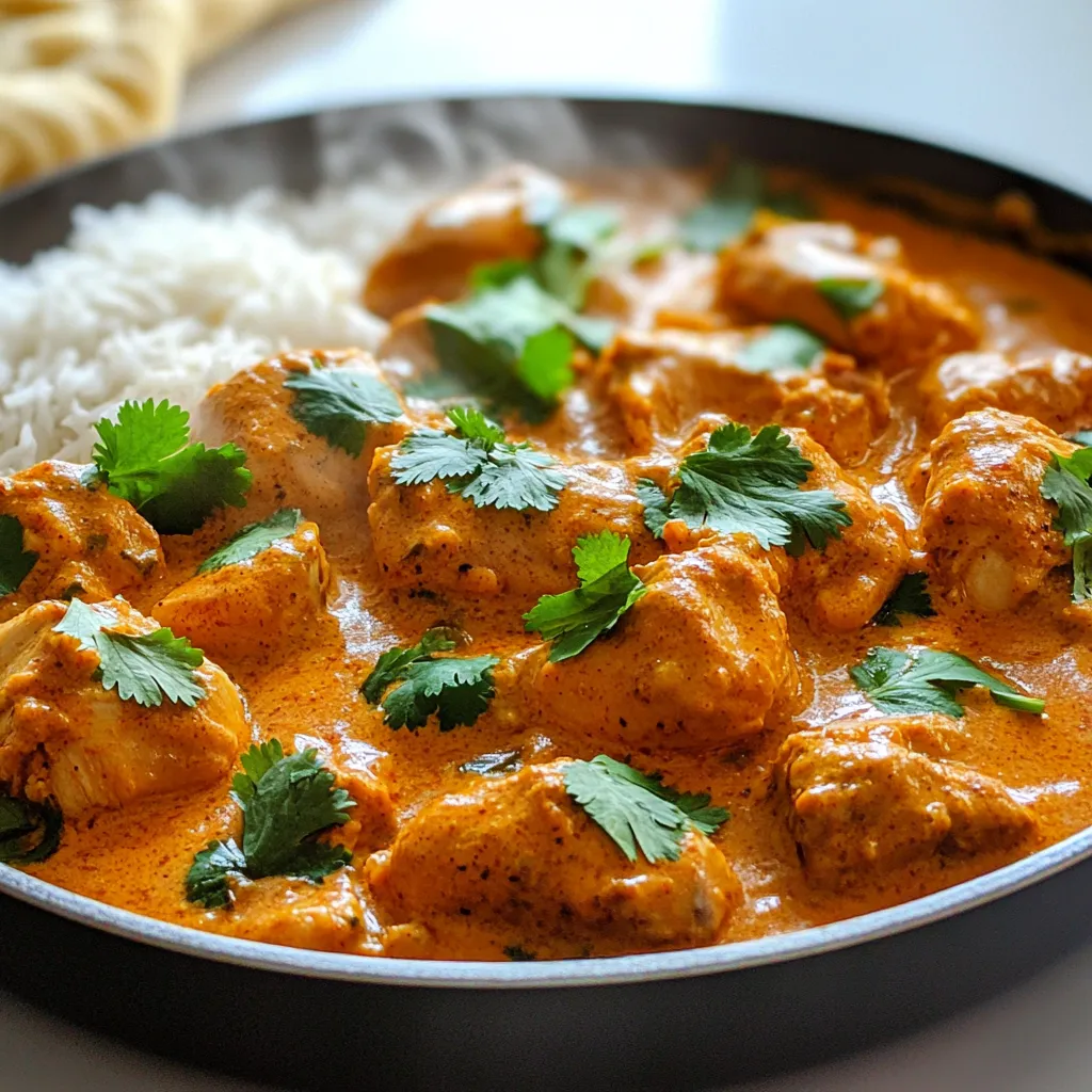 To make a tasty butter chicken skillet, you'll need: - 1 lb boneless chicken thighs, cut into bite-sized pieces - 1 tablespoon paprika - 1 tablespoon garam masala - 1 teaspoon cumin - 1 teaspoon turmeric - 1 tablespoon ginger-garlic paste - 2 tablespoons vegetable oil - 1 small onion, finely chopped - 1 can (14 oz) crushed tomatoes - 1 cup heavy cream or coconut milk - 2 tablespoons unsalted butter - Salt and pepper to taste - Fresh cilantro, chopped (for garnish) - Cooked rice or naan (for serving) You can swap some ingredients if needed. - Use chicken breasts instead of thighs for a leaner option. - Substitute coconut milk for heavy cream for a dairy-free dish. - If you don’t have garam masala, mix equal parts of cumin, coriander, and cinnamon. - For a spicier kick, add chili powder or fresh chilies to taste. To ensure the best flavor and quality, consider these tips: - Choose fresh chicken thighs for the best texture. - Use whole spices when possible; they provide a richer taste when ground fresh. - Store spices in a cool, dark place to keep them flavorful longer. - Fresh ginger and garlic will add a vibrant taste; always use them over the jarred versions. - When buying cilantro, look for bright green leaves and avoid yellowing ones. To start, grab a bowl and mix the chicken pieces with spices. Use 1 tablespoon of paprika, 1 tablespoon of garam masala, 1 teaspoon of cumin, and 1 teaspoon of turmeric. Add 1 tablespoon of ginger-garlic paste and a pinch of salt. This helps the chicken soak up all the great flavors. Let it marinate for at least 15 minutes. This step is key for tasty chicken. Next, heat 2 tablespoons of vegetable oil in a large skillet over medium-high heat. Once hot, add the marinated chicken. Cook it for about 8-10 minutes until browned and cooked through. Remove the chicken from the skillet and set it aside. In the same skillet, add 1 small finely chopped onion. Cook the onion for about 5 minutes until it turns golden brown and soft. This adds a nice sweetness to the dish. Now it’s time to make the sauce! Add 1 can of crushed tomatoes to the skillet with the onions. Cook for about 5 minutes, letting it thicken a bit. Then stir in 1 cup of heavy cream or coconut milk. Bring it to a gentle simmer. Now, return the cooked chicken to the skillet. Add 2 tablespoons of unsalted butter and mix well. Let it simmer for another 5 minutes. Taste and adjust with salt and pepper as needed. This is where the magic happens! Serve this creamy delight hot over rice or with naan, and finish with fresh chopped cilantro. To cook chicken well, start with boneless thighs. They stay juicy and tender. Cut them into bite-sized pieces for even cooking. Marinate the chicken with spices like paprika and garam masala for great flavor. Heat your skillet on medium-high heat, then add vegetable oil. Sauté the chicken for about 8-10 minutes. Look for a nice brown color and ensure it's cooked through. This way, you get that wonderful rich taste. For a creamy sauce, use heavy cream or coconut milk. After cooking the onions, add crushed tomatoes first. Let them thicken, then stir in the cream. This will create a lush texture. Don’t rush this step; let it simmer gently for the best taste. Adding two tablespoons of butter at the end makes it even better. It adds a rich flavor that makes the dish feel indulgent. When prepping, start by marinating the chicken for at least 15 minutes. This allows the flavors to soak in. Cook the chicken while the onions sauté. It saves time to do both at once. The entire dish only takes about 40 minutes from start to finish. If you plan to serve it later, keep the sauce and chicken separate until ready. This keeps everything fresh and tasty when it’s time to eat. {{image_2}} For a vegan twist, swap chicken for tofu or chickpeas. Use firm tofu for a nice texture. Press the tofu to remove excess water. Cut it into cubes and marinate just like the chicken. If using chickpeas, use canned ones. Drain and rinse them well. Cook them in the skillet until heated through. This keeps the dish rich and satisfying. To add heat, include extra chili. Use fresh chili peppers or red pepper flakes. Add them to the skillet with the onions. This will bring a nice kick to your butter chicken. Adjust the amount based on your spice level. Start with a small amount, then taste as you go. Enjoy the balance of creaminess and spice! You can enhance the flavor with extra ingredients. Add fresh spinach for color and nutrients. Stir it in just before serving. Another option is to include nuts like cashews or almonds. They add crunch and richness. You can also try a splash of lemon juice for brightness. Each addition can make your dish unique! To store leftovers, let the butter chicken cool to room temperature. Place it in an airtight container. Make sure to seal it well. You can keep it in the fridge for up to three days. If you plan to eat it later, consider freezing it. When reheating, use a skillet or microwave. If you use a skillet, set it on low heat. Add a splash of water or cream to keep it moist. Stir often until it’s hot. If using a microwave, cover the dish. Heat it in short bursts until warm, checking often. For freezing, put the cooled butter chicken in freezer-safe bags. Remove as much air as possible. Label the bags with the date. You can freeze it for up to three months. To thaw, move it to the fridge for a night. You can also use the microwave for quick thawing. Butter chicken is a popular Indian dish. It features tender chicken in a creamy tomato sauce. The sauce blends spices like garam masala and turmeric. This dish offers rich flavors and a smooth texture. It's often served with rice or naan. Butter chicken is loved for its comforting taste. Yes, you can use chicken breasts. They will still taste great in this dish. However, chicken thighs provide more flavor and moisture. Breasts may cook faster, so keep an eye on them. If you prefer a leaner option, breasts are a good choice. To add spice, use more chili powder or fresh chili peppers. You could also add cayenne pepper for heat. Adjust the spice level to your liking. Just remember to taste as you go. This way, you can find the perfect balance. Butter chicken pairs well with rice or warm naan. You can also serve it with a side salad. Roasted vegetables complement the dish nicely. For a hearty meal, add some lentils or chickpeas. Enjoy experimenting with different sides! This article covered how to make butter chicken, including its ingredients and their substitutes. You learned step-by-step cooking methods and tips for perfecting the dish. We also explored tasty variations and smart storage ideas to keep your meals fresh. Enjoy creating your butter chicken, whether classic or with your own twist. Each bite can be a new adventure!
