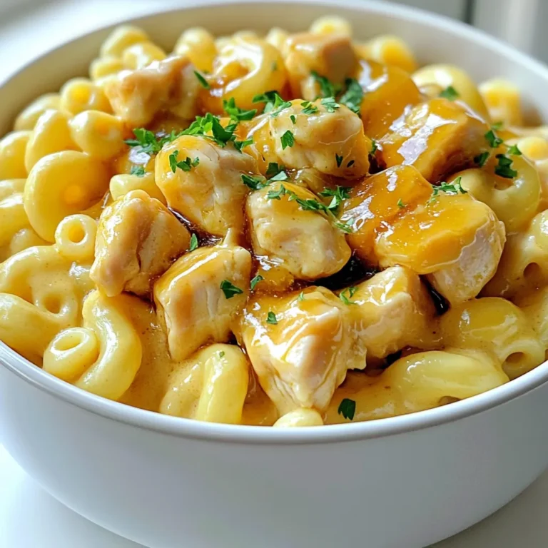 - 2 cups elbow macaroni - 1 lb chicken breast, diced - 1 cup shredded cheddar cheese - 1 cup shredded mozzarella cheese - 1/2 cup grated Parmesan cheese - 3 tablespoons honey - 3 tablespoons soy sauce - 3 cloves garlic, minced - 2 tablespoons olive oil - 1 teaspoon paprika - 1/2 teaspoon black pepper - 1/4 teaspoon salt - 2 cups milk - 1/4 cup all-purpose flour - Fresh parsley, chopped - Additional cheese toppings I love using elbow macaroni for this dish. It holds the cheese sauce well. The chicken breast adds protein and flavor. I mix three cheeses to get a rich taste. Cheddar gives sharpness, mozzarella adds creaminess, and Parmesan provides a nice finish. For the sauce, honey and soy sauce create a sweet and salty mix. The garlic gives a savory punch. I often add paprika for warmth. It brings out the flavors in the chicken and sauce. For garnishing, I like to sprinkle fresh parsley. It adds a bright color. More cheese on top makes it even better! Each ingredient plays a role in making this dish delicious. To start, bring a large pot of salted water to a boil. This adds flavor to the pasta. Add 2 cups of elbow macaroni to the boiling water. Cook the pasta for about 8 to 10 minutes, or until it is al dente. Stir occasionally to prevent sticking. Once cooked, drain the macaroni in a colander and set it aside. In a large skillet, pour in 2 tablespoons of olive oil and heat it over medium heat. Once the oil is hot, add 1 pound of diced chicken breast. Season the chicken with 1 teaspoon of paprika, 1/2 teaspoon of black pepper, and 1/4 teaspoon of salt. Cook the chicken for about 5 to 7 minutes. Stir often until the chicken is golden brown and fully cooked. The chicken should be tender and juicy. Next, lower the heat to medium-low in the same skillet. Add 3 minced cloves of garlic and sauté for about 1 minute. This step brings out the garlic's rich aroma. Then, pour in 3 tablespoons of honey and 3 tablespoons of soy sauce. Stir the mixture well to coat the chicken evenly. Let it simmer for 2 to 3 minutes. This creates a tasty sauce that adds depth to the dish. For the cheese sauce, grab a separate saucepan. Whisk together 1/4 cup of all-purpose flour and 2 cups of milk. Cook this mixture over medium heat, stirring constantly. In about 5 minutes, the sauce will start to thicken. Once it’s thick, reduce the heat. Now, add 1 cup of shredded cheddar cheese, 1 cup of shredded mozzarella cheese, and 1/2 cup of grated Parmesan cheese. Stir until the cheese melts and the sauce is smooth. Now, it’s time to bring everything together. Add the drained macaroni to the cheese sauce. Stir well to coat all the pasta in that creamy goodness. Next, gently fold in the honey garlic chicken. Make sure everything is mixed together evenly. To serve, spoon the Honey Garlic Chicken Mac and Cheese into bowls. For a pop of color, garnish each bowl with some chopped fresh parsley. This adds both flavor and a nice touch to the dish. Enjoy your delicious creation! - Achieving al dente pasta: Boil salted water before adding elbow macaroni. Stir it often. Cook until tender but still firm. This usually takes about 7-9 minutes. Drain and set aside quickly. - Ensuring chicken is not overcooked: Heat olive oil in a skillet over medium heat. Add diced chicken and spices. Cook for about 5-7 minutes. The chicken should be golden and juicy. Avoid cooking longer to keep it tender and moist. - Suggestions for adjusting sweetness or saltiness: Taste the honey garlic sauce as you cook. If it’s too sweet, add a splash of soy sauce. If it’s too salty, try adding a bit more honey or a splash of water to balance it out. - Adding a crunch factor: To make your dish exciting, top it with breadcrumbs. Mix breadcrumbs with a little olive oil and bake until golden. This adds a nice crunch to your creamy mac and cheese. - Essential pots and pans: Use a large pot for boiling macaroni. A large skillet is great for cooking the chicken. A separate saucepan helps to make the cheese sauce. - Useful measuring tools: Keep a set of measuring cups and spoons handy. They ensure you add the right amounts of ingredients for perfect flavor every time. A whisk is also essential for stirring sauces smoothly. {{image_2}} You can easily make this dish vegetarian. Simply swap the chicken for tofu or veggies. Tofu absorbs flavors well. Cut it into cubes and sauté it like chicken. You can also use mushrooms, bell peppers, or zucchini. These options add great taste and texture. Cheese is key to a creamy mac and cheese. While cheddar, mozzarella, and Parmesan are classic, you can try other types. Gouda can add a smoky flavor. Gruyère gives a nutty taste. Mixing different cheeses can change the dish's texture and richness. Experiment to find your favorite combo! If you like heat, spice it up! Add crushed red pepper flakes or cayenne pepper for a kick. You can also use hot sauce in the honey garlic sauce. Sriracha is a great choice. For an extra layer, sprinkle jalapeños on top before serving. This variation will wake up your taste buds! To store Honey Garlic Chicken Mac and Cheese, let it cool first. Place it in an airtight container. Store it in the fridge for up to four days. For freezing, use a freezer-safe container. It can last for about two months in the freezer. Label the container with the date to keep track. When you reheat this dish, use the microwave or oven. If using the microwave, heat in short bursts. Stir it often to make sure it warms evenly. If using the oven, cover it with foil to keep it moist. Add a splash of milk to maintain the creamy texture as you reheat. In the fridge, Honey Garlic Chicken Mac and Cheese lasts about four days. In the freezer, it can stay good for two months. Check for signs of spoilage before eating. If the dish smells sour or has a strange color, it's best to toss it out. Always trust your senses! Yes, you can. Use gluten-free elbow macaroni. Many brands offer great options. For the sauce, swap all-purpose flour with gluten-free flour. This change keeps the dish thick and creamy. You can prep this dish in advance. Cook the macaroni and chicken first. Make the cheese sauce too. Store them separately in the fridge. Combine everything just before baking or serving. If you don’t have honey, try maple syrup or agave nectar. These sweeteners work well. They will add a nice flavor to the sauce. Adjust the amount to your taste. Absolutely! Leftover chicken is perfect for this recipe. Just chop it up and add it to the sauce. This saves time and adds great flavor to the dish. To scale this recipe, simply double or halve the ingredients. For smaller servings, use half the amounts. For larger crowds, double everything. Adjust cooking times slightly for larger batches. This blog post covered all you need to make a great dish. You learned about key ingredients like elbow macaroni and chicken. We discussed cooking tips, flavor choices, and how to store leftovers well. Remember, adding your twist can make the dish even better. Experiment with different cheeses or go vegetarian. Cooking is about fun and creativity, so don’t be afraid to try new things! Enjoy your meal and share it with others. Your kitchen adventures can inspire and bring joy.