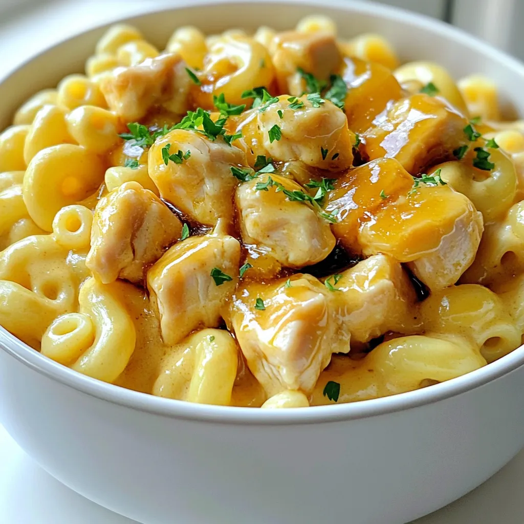 - 2 cups elbow macaroni - 1 lb chicken breast, diced - 1 cup shredded cheddar cheese - 1 cup shredded mozzarella cheese - 1/2 cup grated Parmesan cheese - 3 tablespoons honey - 3 tablespoons soy sauce - 3 cloves garlic, minced - 2 tablespoons olive oil - 1 teaspoon paprika - 1/2 teaspoon black pepper - 1/4 teaspoon salt - 2 cups milk - 1/4 cup all-purpose flour - Fresh parsley, chopped - Additional cheese toppings I love using elbow macaroni for this dish. It holds the cheese sauce well. The chicken breast adds protein and flavor. I mix three cheeses to get a rich taste. Cheddar gives sharpness, mozzarella adds creaminess, and Parmesan provides a nice finish. For the sauce, honey and soy sauce create a sweet and salty mix. The garlic gives a savory punch. I often add paprika for warmth. It brings out the flavors in the chicken and sauce. For garnishing, I like to sprinkle fresh parsley. It adds a bright color. More cheese on top makes it even better! Each ingredient plays a role in making this dish delicious. To start, bring a large pot of salted water to a boil. This adds flavor to the pasta. Add 2 cups of elbow macaroni to the boiling water. Cook the pasta for about 8 to 10 minutes, or until it is al dente. Stir occasionally to prevent sticking. Once cooked, drain the macaroni in a colander and set it aside. In a large skillet, pour in 2 tablespoons of olive oil and heat it over medium heat. Once the oil is hot, add 1 pound of diced chicken breast. Season the chicken with 1 teaspoon of paprika, 1/2 teaspoon of black pepper, and 1/4 teaspoon of salt. Cook the chicken for about 5 to 7 minutes. Stir often until the chicken is golden brown and fully cooked. The chicken should be tender and juicy. Next, lower the heat to medium-low in the same skillet. Add 3 minced cloves of garlic and sauté for about 1 minute. This step brings out the garlic's rich aroma. Then, pour in 3 tablespoons of honey and 3 tablespoons of soy sauce. Stir the mixture well to coat the chicken evenly. Let it simmer for 2 to 3 minutes. This creates a tasty sauce that adds depth to the dish. For the cheese sauce, grab a separate saucepan. Whisk together 1/4 cup of all-purpose flour and 2 cups of milk. Cook this mixture over medium heat, stirring constantly. In about 5 minutes, the sauce will start to thicken. Once it’s thick, reduce the heat. Now, add 1 cup of shredded cheddar cheese, 1 cup of shredded mozzarella cheese, and 1/2 cup of grated Parmesan cheese. Stir until the cheese melts and the sauce is smooth. Now, it’s time to bring everything together. Add the drained macaroni to the cheese sauce. Stir well to coat all the pasta in that creamy goodness. Next, gently fold in the honey garlic chicken. Make sure everything is mixed together evenly. To serve, spoon the Honey Garlic Chicken Mac and Cheese into bowls. For a pop of color, garnish each bowl with some chopped fresh parsley. This adds both flavor and a nice touch to the dish. Enjoy your delicious creation! - Achieving al dente pasta: Boil salted water before adding elbow macaroni. Stir it often. Cook until tender but still firm. This usually takes about 7-9 minutes. Drain and set aside quickly. - Ensuring chicken is not overcooked: Heat olive oil in a skillet over medium heat. Add diced chicken and spices. Cook for about 5-7 minutes. The chicken should be golden and juicy. Avoid cooking longer to keep it tender and moist. - Suggestions for adjusting sweetness or saltiness: Taste the honey garlic sauce as you cook. If it’s too sweet, add a splash of soy sauce. If it’s too salty, try adding a bit more honey or a splash of water to balance it out. - Adding a crunch factor: To make your dish exciting, top it with breadcrumbs. Mix breadcrumbs with a little olive oil and bake until golden. This adds a nice crunch to your creamy mac and cheese. - Essential pots and pans: Use a large pot for boiling macaroni. A large skillet is great for cooking the chicken. A separate saucepan helps to make the cheese sauce. - Useful measuring tools: Keep a set of measuring cups and spoons handy. They ensure you add the right amounts of ingredients for perfect flavor every time. A whisk is also essential for stirring sauces smoothly. {{image_2}} You can easily make this dish vegetarian. Simply swap the chicken for tofu or veggies. Tofu absorbs flavors well. Cut it into cubes and sauté it like chicken. You can also use mushrooms, bell peppers, or zucchini. These options add great taste and texture. Cheese is key to a creamy mac and cheese. While cheddar, mozzarella, and Parmesan are classic, you can try other types. Gouda can add a smoky flavor. Gruyère gives a nutty taste. Mixing different cheeses can change the dish's texture and richness. Experiment to find your favorite combo! If you like heat, spice it up! Add crushed red pepper flakes or cayenne pepper for a kick. You can also use hot sauce in the honey garlic sauce. Sriracha is a great choice. For an extra layer, sprinkle jalapeños on top before serving. This variation will wake up your taste buds! To store Honey Garlic Chicken Mac and Cheese, let it cool first. Place it in an airtight container. Store it in the fridge for up to four days. For freezing, use a freezer-safe container. It can last for about two months in the freezer. Label the container with the date to keep track. When you reheat this dish, use the microwave or oven. If using the microwave, heat in short bursts. Stir it often to make sure it warms evenly. If using the oven, cover it with foil to keep it moist. Add a splash of milk to maintain the creamy texture as you reheat. In the fridge, Honey Garlic Chicken Mac and Cheese lasts about four days. In the freezer, it can stay good for two months. Check for signs of spoilage before eating. If the dish smells sour or has a strange color, it's best to toss it out. Always trust your senses! Yes, you can. Use gluten-free elbow macaroni. Many brands offer great options. For the sauce, swap all-purpose flour with gluten-free flour. This change keeps the dish thick and creamy. You can prep this dish in advance. Cook the macaroni and chicken first. Make the cheese sauce too. Store them separately in the fridge. Combine everything just before baking or serving. If you don’t have honey, try maple syrup or agave nectar. These sweeteners work well. They will add a nice flavor to the sauce. Adjust the amount to your taste. Absolutely! Leftover chicken is perfect for this recipe. Just chop it up and add it to the sauce. This saves time and adds great flavor to the dish. To scale this recipe, simply double or halve the ingredients. For smaller servings, use half the amounts. For larger crowds, double everything. Adjust cooking times slightly for larger batches. This blog post covered all you need to make a great dish. You learned about key ingredients like elbow macaroni and chicken. We discussed cooking tips, flavor choices, and how to store leftovers well. Remember, adding your twist can make the dish even better. Experiment with different cheeses or go vegetarian. Cooking is about fun and creativity, so don’t be afraid to try new things! Enjoy your meal and share it with others. Your kitchen adventures can inspire and bring joy.