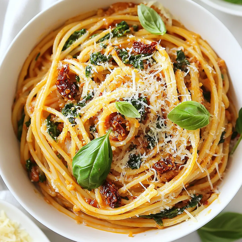 - 300g spaghetti or your favorite pasta - 1 cup sun-dried tomatoes packed in oil, chopped - 3 cloves garlic, minced - 1 medium onion, chopped - 4 cups vegetable broth - 1 teaspoon dried oregano - 1 teaspoon dried basil - 1/2 teaspoon red pepper flakes (optional, for heat) - 1 cup baby spinach - 1/2 cup grated Parmesan cheese - 2 tablespoons olive oil - Salt and pepper to taste - Fresh basil leaves for garnish In this recipe, I use simple yet tasty ingredients. Start with your choice of pasta. I love spaghetti, but any pasta works well. The sun-dried tomatoes packed in oil add a rich flavor. I always chop them to mix easily. Minced garlic and chopped onion create a great base. They bring depth and aroma to the dish. Next, let’s look at pantry staples. Vegetable broth is key. It adds moisture and flavor. Dried herbs like oregano and basil give it an Italian vibe. If you like a kick, add red pepper flakes. For the final touch, baby spinach brightens the dish. It wilts perfectly into the pasta. Grated Parmesan cheese is a must for creaminess. Olive oil adds richness, while salt and pepper balance the flavors. Fresh basil leaves make for a beautiful garnish. With these ingredients, you will create a quick and tasty meal. This dish is easy to prepare and full of flavor. {{ingredient_image_1}} 1. Start by heating 2 tablespoons of olive oil in a large skillet over medium heat. 2. Add 1 medium chopped onion. Sauté it for about 3 minutes. The onion should become soft and translucent. 3. Next, add 3 minced garlic cloves and 1 cup of chopped sun-dried tomatoes. Cook this mixture for 2 minutes. The aroma will fill your kitchen. 1. Pour in 4 cups of vegetable broth. Then, add 300 grams of spaghetti, 1 teaspoon of dried oregano, 1 teaspoon of dried basil, and 1/2 teaspoon of red pepper flakes for a little heat. 2. Stir everything well to combine. Bring the mixture to a boil. 3. Once it boils, reduce the heat to medium-low. Cover the skillet and let it simmer for about 10-12 minutes. Stir occasionally. The pasta should reach al dente, and most of the liquid should be absorbed. 1. When the pasta is cooked, stir in 1 cup of baby spinach. Let it wilt for about 2 minutes. 2. If your pasta looks too dry, add a little more vegetable broth or water. 3. Remove the skillet from heat. Sprinkle 1/2 cup of grated Parmesan cheese over the top. Gently toss everything together. 4. Taste and add extra salt and pepper if needed. Now, you have a tasty meal just waiting to be enjoyed! To ensure your pasta is al dente, check it a couple of minutes before the time is up. You want it firm but not hard. It should have a slight bite. If you find that your pasta is too dry, just add more vegetable broth or water. This will help you reach your desired consistency. Keep stirring occasionally to prevent sticking. If you want to boost the flavor, try adding extra herbs like thyme or rosemary. A pinch of smoked paprika can also give it a nice twist. For garnishes, fresh basil leaves add a pop of color. You can also sprinkle more Parmesan cheese on top. A drizzle of olive oil adds richness and flavor. I recommend using a large skillet for this dish. A wide pan helps with even cooking. A wooden spoon is great for stirring without scratching the pan. Don’t forget a good set of measuring cups and spoons! They help keep your ingredients balanced for the best taste. Pro Tips Use High-Quality Sun-Dried Tomatoes: Opt for sun-dried tomatoes packed in oil for added flavor and richness to the dish. Don’t Skip the Spinach: Adding baby spinach not only enhances the nutrition but also adds a lovely color contrast to the dish. Adjust the Liquid: If the pasta seems dry after cooking, feel free to add a splash more vegetable broth or water to reach your preferred consistency. Garnish for Presentation: Top your pasta with fresh basil and extra Parmesan cheese for a beautiful and appetizing finish. {{image_2}} You can easily switch pasta types. Try penne, fusilli, or even whole wheat pasta. Each type gives a unique feel. You can also use gluten-free pasta if needed. Adding different veggies can bring new life to this dish. Try bell peppers, zucchini, or even mushrooms. They add crunch and flavor. Just chop them small and sauté them with the onion. If you want a vegetarian meal, this recipe is already perfect. Just skip the cheese for a vegan twist. You can use nutritional yeast as a cheese alternative. For gluten-free options, choose gluten-free pasta. It cooks well in the broth, just like regular pasta. The flavor remains rich and tasty. Experimenting with cheeses can change the dish. Try feta for a tangy kick or mozzarella for creaminess. Each cheese brings its own unique taste. Adding proteins can turn this pasta into a full meal. Chicken or shrimp works well. Just cook them in the skillet before adding the broth. This adds depth and makes it heartier. Store any leftover Sun-Dried Tomato One-Pan Pasta in the fridge. Use airtight containers to keep it fresh. Glass or plastic containers work well. Make sure to cool the pasta before sealing. This step helps prevent moisture build-up. To reheat, use a skillet over low heat. Add a splash of vegetable broth to keep it moist. Stir gently until warmed through. You can also use a microwave. Heat in short bursts, stirring in between. Adjust portions by reheating only what you need. You can freeze Sun-Dried Tomato One-Pan Pasta. Place it in freezer-safe containers. Leave some space at the top for expansion. It will keep well for up to three months. Thaw it overnight in the fridge before reheating. This way, the texture stays nice. This dish takes about 25 minutes to make. You will spend 10 minutes on prep and 15 minutes cooking. This quick meal is great for busy days or when you want something tasty fast. You can use fresh sun-dried tomatoes, but they will change the dish. Fresh tomatoes are firmer and less oily. The flavor will be less rich and a bit more tart. If you want that deep taste, I recommend using sun-dried tomatoes packed in oil. Yes, you can make this dish ahead of time. Cook it fully and let it cool down. Store it in an airtight container in the fridge for up to three days. When you reheat it, add a splash of broth or water. This helps keep the pasta moist and tasty. This article covers a tasty one-pan pasta dish featuring sun-dried tomatoes. We explored key ingredients like pasta, garlic, and spinach, along with cooking tips to achieve perfect flavors. You can easily adjust this meal to fit your diet or personal taste. Remember to store leftovers correctly, so they stay fresh. With these strategies, you can create a delightful pasta dish that impresses everyone. Enjoy cooking, and don’t be afraid to try new flavors!