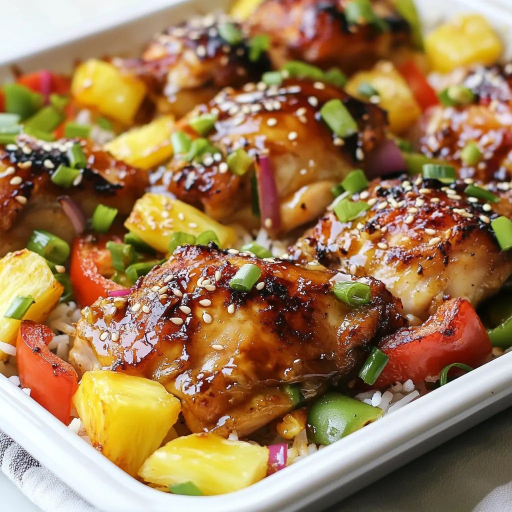 - 4 boneless, skinless chicken thighs - 2 cups pineapple chunks (fresh or canned) - 1 red bell pepper, sliced - 1 green bell pepper, sliced - 1 red onion, sliced - 3 cloves garlic, minced - 2 tablespoons soy sauce - 1 tablespoon honey - 1 tablespoon fresh ginger, grated - 1 teaspoon sesame oil - Salt and pepper to taste - Cooked jasmine rice for serving - Chopped green onions and sesame seeds for garnish This dish bursts with flavor. You need juicy chicken thighs and sweet pineapple. The bell peppers add crunch, while the onion brings a nice zing. Garlic, soy sauce, honey, and ginger create a tasty marinade. Sesame oil adds depth. With salt and pepper, this meal shines. Don't forget the jasmine rice! It soaks up all the tasty juices. Chopped green onions and sesame seeds make a bright finish. Enjoy this colorful mix of ingredients for a fun and easy dinner. {{ingredient_image_1}} - Preheat the oven. Set your oven to 400°F (200°C). This will help cook the chicken and veggies evenly. - Prepare the marinade. In a small bowl, whisk together: - 2 tablespoons soy sauce - 1 tablespoon honey - 3 cloves garlic, minced - 1 tablespoon fresh ginger, grated - 1 teaspoon sesame oil - Salt and pepper to taste This mix adds great flavor to the chicken. - Marinate the chicken. In a large bowl, place 4 boneless, skinless chicken thighs. Pour half of the marinade over them. Let it sit for at least 15 minutes. This step makes the chicken tasty and juicy. - Prepare the sheet pan with vegetables. Spread 2 cups of pineapple chunks, sliced red and green bell peppers, and sliced red onion on a large sheet pan. Drizzle the remaining marinade over the veggies and pineapple. Toss to coat them well. - Nestle the chicken on the pan. Take the marinated chicken and place it among the vegetables on the sheet pan. This allows the flavors to mix as it cooks. - Roast in the oven. Place the sheet pan in the oven. Roast for 25-30 minutes. The chicken should reach an internal temperature of 165°F (75°C). The veggies will become tender and caramelized. - Resting the dish. When done, take the sheet pan out of the oven and let it rest for a couple of minutes. This helps keep the juices in the chicken. - Serving suggestions. Serve the chicken and veggies over cooked jasmine rice. For a special touch, garnish with chopped green onions and sesame seeds. Enjoy the bright flavors of your Hawaiian Chicken Sheet Pan Dinner! To get the best flavor, marinate the chicken for at least 15 minutes. This gives the chicken time to soak up the marinade. If you want to mix it up, try using teriyaki sauce or a spicy chili sauce. Both add a unique taste. To ensure even cooking, spread the chicken and veggies in a single layer on the pan. This helps everything cook at the same rate. To check doneness, use a meat thermometer. The chicken should reach 165°F (75°C) for safety. For a beautiful finish, garnish your dish with chopped green onions and sesame seeds. It adds color and crunch. Serve the Hawaiian chicken over fluffy jasmine rice for a nice touch. The rice soaks up all the tasty juices. Pro Tips Marinate Longer for Extra Flavor: If time allows, marinate the chicken for up to 2 hours. This will enhance the flavor and tenderness of the chicken. Use Fresh Pineapple: Opt for fresh pineapple chunks for a brighter flavor and better texture compared to canned pineapple. Customize Your Veggies: Feel free to add other vegetables like zucchini or snap peas for extra color and nutrients. Check Chicken Temperature: Always use a meat thermometer to ensure the chicken reaches an internal temperature of 165°F (75°C) for safe consumption. {{image_2}} You can switch up the veggies in this dish. Try using zucchini, snap peas, or carrots. Each option adds a new taste. You can also mix in broccoli for crunch. If you want a different protein, use chicken breasts instead of thighs. Tofu is a great choice too. It soaks up the marinade well and makes the dish plant-based. Want to amp up the flavor? Add spices like chili flakes or black pepper. Fresh herbs like cilantro or basil can brighten the dish. You might also drizzle some teriyaki sauce for extra sweetness. A splash of lime juice can add a nice zing. You can make it your own by using what you like. If you want to make this meal ahead, marinate the chicken the night before. It will soak in all the tasty flavors. You can also chop the veggies in advance. Just keep them in the fridge. For leftovers, store them in an airtight container. This dish freezes well too. Just make sure to let it cool before freezing it. When you’re ready, reheat in the oven for the best taste. To store leftover Hawaiian Chicken Sheet Pan Dinner, place it in an airtight container. This helps keep the meal fresh. You can also separate the chicken from the veggies for better storage. It lasts in the fridge for about three to four days. Be sure to check for any signs of spoilage before eating. If you want to keep the dish longer, freezing is a great option. First, let the meal cool completely. Then, transfer it to a freezer-safe container. Make sure to remove as much air as possible to avoid freezer burn. You can freeze it for up to three months. When you're ready to eat, thaw it overnight in the fridge. Reheat it in the oven at 350°F (175°C) until warmed through. When reheating, it’s a good idea to refresh the flavors. You can add a splash of soy sauce or fresh ginger. This gives the dish a boost. Pair your leftovers with jasmine rice or a fresh salad for a tasty meal. These sides complement the flavors well and make the meal feel fresh again. Enjoy your delicious leftovers! You can serve this dish with fluffy jasmine rice. The rice soaks up the tasty sauce. You might also add a simple salad. A cucumber salad or a mixed green salad works well. For a Hawaiian touch, try adding mac salad. It balances the flavors and adds freshness. Yes, you can use chicken breasts. They will cook faster than thighs. Just make sure to check the time. Cook until they reach 165°F (75°C). Breasts may be less juicy but still taste great. Marinate them the same way for good flavor. Use a meat thermometer to check for doneness. Insert it into the thickest part of the chicken. It should read 165°F (75°C). If you don’t have a thermometer, cut into the chicken. The meat should be white and juices clear. Yes, you can prep this dish before cooking. Marinate the chicken and store it in the fridge. You can cut the veggies too. Just keep everything in separate containers. When ready, toss them together and bake. This saves time on busy nights. Along with rice, you can serve grilled vegetables. Roasted broccoli or snap peas add color. You might also enjoy a tropical fruit salad. Pineapple, mango, and kiwi work well together. These sides enhance the Hawaiian feel of the meal. This dish combines tasty chicken, sweet pineapple, and colorful veggies. You learned how to marinate, cook, and serve it perfectly. Remember to try variations with different proteins or spices for fun flavors. When stored correctly, leftovers can keep well and make meal prep easy. Enjoy sharing this meal with friends and family, and get creative with your own twists. Your kitchen adventures with this Hawaiian Chicken Sheet Pan Dinner can be both simple and delicious!