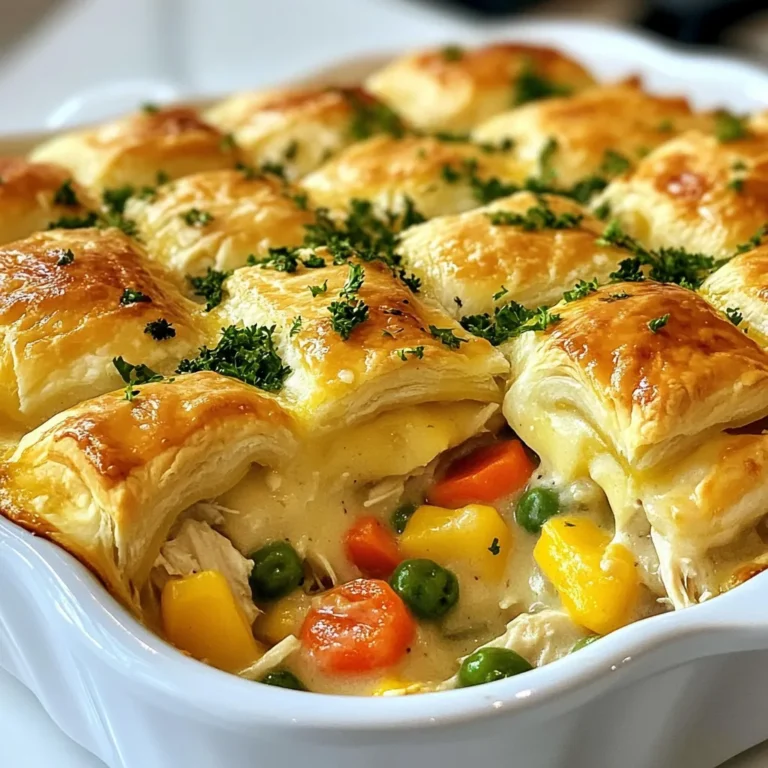 - 2 cups cooked chicken, shredded - 1 cup frozen mixed vegetables (peas, carrots, corn) - 1 cup cream of chicken soup - 1 cup shredded cheddar cheese - 1 package of refrigerated crescent roll dough - 1 teaspoon garlic powder - 1 teaspoon onion powder - 1 tablespoon fresh thyme, chopped (or 1 teaspoon dried thyme) - 1 tablespoon olive oil - Salt and black pepper to taste Gathering the right ingredients is key to a great Cheesy Chicken Pot Pie Casserole. Start with cooked chicken. You can use leftovers or rotisserie chicken for ease. Frozen mixed vegetables add color and nutrition. Choose a mix with peas, carrots, and corn for the best taste. Cream of chicken soup serves as the base, giving this dish its creamy texture. Shredded cheddar cheese is a must for that cheesy goodness. Lastly, the crescent roll dough provides a flaky crust on top. Don’t forget your seasonings! Garlic powder and onion powder enhance flavor. Fresh thyme can brighten the dish, but dried thyme works too. Use olive oil to help the dough brown nicely. Salt and pepper add the final touch, boosting all the flavors in this comforting meal. {{ingredient_image_1}} To ensure even cooking of the dough, roll it out flat. Press the seams together firmly. This helps keep the filling in while baking. You want the dough to cook nicely without sogginess. Using leftovers for the filling is smart and saves time. Cooked chicken from last night’s dinner works great. You can also use leftover veggies or even rotisserie chicken. Just shred or chop them up. This adds flavor and cuts down on waste. For plating, cut the casserole into squares. Add a sprinkle of chopped fresh parsley on top. This adds a nice touch of color and flavor. Pair with a simple side salad. A light salad with greens and a tangy dressing balances the richness of the casserole. You can also serve it with crusty bread to soak up any sauce. You can switch up the chicken in this dish. Turkey works well too. Rotisserie chicken saves time and adds flavor. Just shred it and mix it in. For vegetables, feel free to get creative. Green beans, broccoli, or bell peppers can brighten the dish. Use what you like or have on hand. Frozen veggies are easy, but fresh ones taste great too. If you're gluten-free, use gluten-free crescent rolls. Check the label to be sure. You can also add gluten-free flour to thicken the sauce if needed. For a dairy-free version, use dairy-free cheese and milk. Many brands offer good cheese alternatives. Make sure the cream of chicken soup is also dairy-free. There are great options available now. Pro Tips Use Rotisserie Chicken: For a quicker preparation, opt for store-bought rotisserie chicken. It saves time and adds great flavor to your casserole. Customize Your Veggies: Feel free to swap the frozen mixed vegetables with your favorites, such as broccoli or green beans, to suit your taste. Get Creative with Cheese: Experiment with different types of cheese, like Monterey Jack or mozzarella, for a unique flavor twist in your casserole. Check Dough Sealing: Ensure the seams of the crescent roll dough are well pressed together to prevent filling from leaking during baking. {{image_2}} To keep your Cheesy Chicken Pot Pie Casserole fresh, store it properly. Here are some guidelines: - Refrigeration: Place leftovers in an airtight container. They can last 3 to 4 days in the fridge. Make sure to let the casserole cool before sealing it. - Freezing: If you want to save it for later, freeze the casserole. Use a freezer-safe container or wrap it tightly in foil. It stays good for up to 3 months. Thaw it in the fridge overnight before reheating. When it's time to enjoy your leftovers, reheating is key. Here are the best methods: - Best methods for reheating: The oven is the best way to reheat your casserole. Preheat it to 350°F (175°C). Place the casserole in a baking dish and cover it with foil. Heat for about 20-25 minutes. - Maintaining texture and flavor: To keep the crust from getting soggy, avoid microwaving. If using a microwave, heat in short increments and check often. Add a splash of milk before reheating to keep it creamy. Yes, you can prepare this dish ahead of time. Just mix the filling and layer it in the casserole dish. Cover it tightly with plastic wrap. Store it in the fridge for up to 24 hours. When ready to bake, remove the wrap and add the crescent roll dough before baking. To reheat leftovers, preheat your oven to 350°F (175°C). Place the casserole in an oven-safe dish. Cover it with foil to keep it moist. Heat for about 20 minutes, or until warmed through. You can also use a microwave, but the oven keeps the crust crispy. If you don’t have cream of chicken soup, you can use cream of mushroom soup. Another option is to mix equal parts milk and sour cream with seasonings. This gives a creamy texture and flavor to your casserole. Yes, you can make this dish vegetarian! Substitute cooked chicken with cooked lentils or chickpeas. You can also add more mixed vegetables like broccoli or bell peppers. Use vegetable broth instead of cream of chicken soup for a tasty base. In this blog post, I shared a simple recipe for Cheesy Chicken Pot Pie Casserole. You learned about key ingredients like chicken, veggies, and cream soup. I also detailed tips for cooking, serving, and storing. You can customize it with different meats or veggies and even make dietary adjustments. Remember to enjoy leftovers and reheat them well. This dish is great for family dinners or gatherings. With these steps, you can make a warm, tasty meal easily. I hope you enjoy trying this recipe!