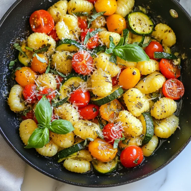 - 1 pound store-bought potato gnocchi - 2 tablespoons olive oil - 1 medium onion, diced - 3 cloves garlic, minced - 1 zucchini, diced - 1 bell pepper (any color), diced - 1 cup cherry tomatoes, halved - 2 cups baby spinach - 1 teaspoon dried Italian herbs (oregano, basil, thyme) - Salt and pepper to taste - ½ cup grated Parmesan cheese (optional) - Fresh basil leaves for garnish Potato gnocchi is the star of this dish. These soft dumplings add a nice texture and taste. Olive oil helps cook the veggies and adds flavor. The onion and garlic create a tasty base for the dish. Zucchini and bell pepper bring color and crunch. Cherry tomatoes add sweetness and juiciness. Baby spinach gives a fresh, green touch. Italian herbs mix well, enhancing all the flavors. Parmesan cheese, if used, adds richness. Fresh basil leaves complete the dish with a burst of flavor. Choose firm zucchini and bell peppers. They should feel heavy for their size. Look for shiny cherry tomatoes with bright color. Fresh spinach should be vibrant, not wilted. When picking herbs, look for bright green leaves. Avoid any with brown spots or wilting. Fresh veggies will make your gnocchi skillet dinner taste amazing! {{ingredient_image_1}} Start by boiling a large pot of salted water. Once it boils, add 1 pound of store-bought potato gnocchi. Let them cook until they float. This means they are done! Drain them and set them aside. In a large skillet, heat 2 tablespoons of olive oil over medium heat. Add 1 medium diced onion and cook for 3-4 minutes. You want it soft and clear. Then, add 3 minced garlic cloves and cook for one more minute. The smell will be great! Next, add 1 diced zucchini and 1 diced bell pepper. Sauté these for about 5-7 minutes until they are soft. Now it’s time to add more color! Toss in 1 cup of halved cherry tomatoes and 2 cups of baby spinach. Cook for 3-4 minutes until the spinach wilts and the tomatoes soften. Gently fold the cooked gnocchi into the skillet with the veggies. Sprinkle in 1 teaspoon of dried Italian herbs, along with salt and pepper to taste. Toss everything carefully. You don’t want to break the gnocchi! If you like cheese, add ½ cup of grated Parmesan on top. Let it melt a bit. Finish by removing from heat and adding fresh basil leaves before serving. Enjoy your delicious meal! To ensure your gnocchi turns out soft and fluffy, follow these steps: - Choose Quality Gnocchi: I recommend store-bought gnocchi for ease. Look for brands that use real potatoes. - Cook in Batches: Do not overcrowd the pot. Cook small batches in boiling water. This helps them cook evenly. - Salt the Water: Add salt to boiling water. It enhances the flavor of the gnocchi. - Watch the Float: Once they float, they are ready! Do not overcook them, or they may become mushy. You can easily boost the flavors in your dish: - Use Fresh Herbs: Fresh basil adds a bright taste. Toss it in right before serving. - Add Heat: A pinch of red pepper flakes gives it a nice kick. Add it to the oil while cooking the onions. - Experiment with Cheese: Besides Parmesan, try feta or goat cheese for a different flavor. - Balance the Flavors: A dash of lemon juice can brighten the dish. Just a little goes a long way. Serving your gnocchi well makes it even more enjoyable: - Plate It Right: Use a large bowl for a family-style presentation. - Garnish Generously: Top with fresh basil leaves and a sprinkle of cheese. - Pair It Up: Serve with a simple side salad. A light vinaigrette complements the dish. - Wine Pairing: A crisp white wine, like Sauvignon Blanc, pairs nicely. It enhances the flavors without overpowering them. These tips will help you create a delightful and satisfying meal with your gnocchi skillet dinner! Pro Tips Use Fresh Ingredients: Fresh vegetables enhance the flavor and nutrition of your dish, so opt for seasonal produce whenever possible. Don't Overcook the Gnocchi: Gnocchi should only be cooked until they float to the surface; overcooking can make them mushy. Add Protein: For a heartier meal, consider adding grilled chicken, shrimp, or tofu to the skillet along with the vegetables. Customize the Herbs: Feel free to experiment with different herbs like fresh rosemary or parsley to give the dish your unique twist. {{image_2}} If you need a gluten-free option, look for gnocchi made from rice or chickpeas. Many stores sell these kinds of gnocchi. They taste great and work well in this recipe. Just follow the cooking instructions on the package. To make this dish vegan, skip the cheese. You can add nutritional yeast for a cheesy flavor. This gives the dish a nice taste without using dairy. You can also replace the olive oil with vegetable broth for sautéing. This keeps it light and healthy. Feel free to mix in other veggies. Broccoli, asparagus, or peas are great choices. You can also try mushrooms for an extra umami kick. Just remember to adjust cooking times, as some veggies cook faster than others. The goal is to keep everything tender and tasty. To store leftovers, first let the dish cool down. Then, put it in an airtight container. You can keep it in the fridge for up to three days. Make sure to cover it well. This helps to keep the flavors fresh and tasty. When you want to reheat your gnocchi skillet dinner, use a skillet on medium heat. Add a splash of olive oil to the pan. This keeps the gnocchi from sticking. Heat for about 5-7 minutes, stirring often. You can also use the microwave. Just cover the dish and heat for 1-2 minutes. Stir and check if it's warm enough. You can freeze this meal if you want to save some for later. First, let it cool completely. Then, put it in a freezer-safe container. It will be good for up to three months. To eat it later, thaw it in the fridge overnight. Then, reheat as described above. Enjoy your easy, tasty meal anytime! Gnocchi is made from potatoes, flour, and sometimes egg. The mixture forms small dumplings. The potatoes give gnocchi a soft, pillowy texture. You can also find gnocchi made with sweet potatoes or even spinach. Yes, you can use homemade gnocchi in this recipe. Just make sure it is cooked properly. Fresh gnocchi cooks quickly, so keep an eye on it. If you make your own, you can adjust the flavors to your liking. You can easily adjust the recipe for picky eaters. Try these simple swaps: - Omit vegetables they don’t like. - Add their favorite veggies, like peas or carrots. - Use a different sauce, like marinara or alfredo. - Swap cheese for a dairy-free option if needed. These changes will help make the meal more appealing to everyone. This blog post covered the essentials of making a great gnocchi skillet dinner. We looked at the key ingredients, how to cook everything step by step, and useful tips for perfection. Remember to choose fresh produce and consider variations like gluten-free or vegan options. Making this dish is simple, fun, and tasty. Enjoy trying new flavors and adapting it to your taste. You’ll impress everyone at your table with this easy recipe. Your cooking will shine!