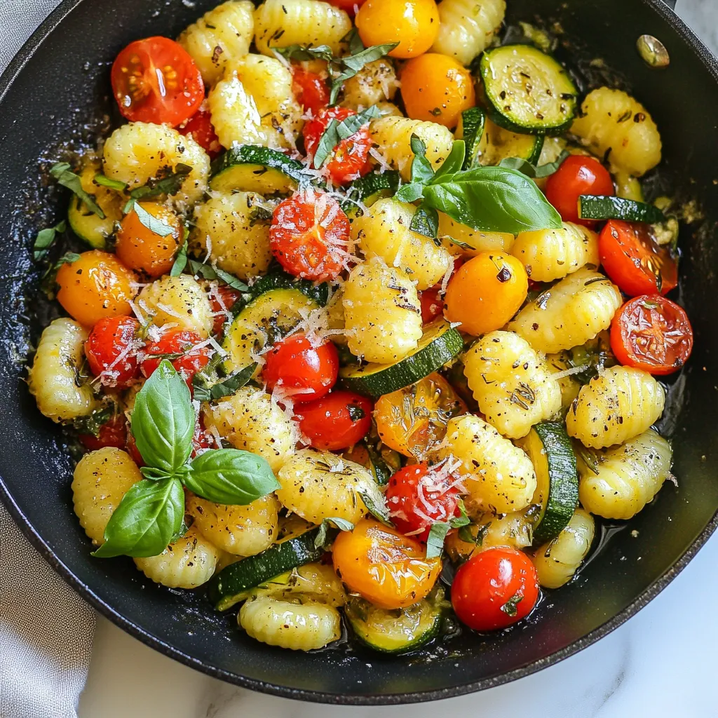 - 1 pound store-bought potato gnocchi - 2 tablespoons olive oil - 1 medium onion, diced - 3 cloves garlic, minced - 1 zucchini, diced - 1 bell pepper (any color), diced - 1 cup cherry tomatoes, halved - 2 cups baby spinach - 1 teaspoon dried Italian herbs (oregano, basil, thyme) - Salt and pepper to taste - ½ cup grated Parmesan cheese (optional) - Fresh basil leaves for garnish Potato gnocchi is the star of this dish. These soft dumplings add a nice texture and taste. Olive oil helps cook the veggies and adds flavor. The onion and garlic create a tasty base for the dish. Zucchini and bell pepper bring color and crunch. Cherry tomatoes add sweetness and juiciness. Baby spinach gives a fresh, green touch. Italian herbs mix well, enhancing all the flavors. Parmesan cheese, if used, adds richness. Fresh basil leaves complete the dish with a burst of flavor. Choose firm zucchini and bell peppers. They should feel heavy for their size. Look for shiny cherry tomatoes with bright color. Fresh spinach should be vibrant, not wilted. When picking herbs, look for bright green leaves. Avoid any with brown spots or wilting. Fresh veggies will make your gnocchi skillet dinner taste amazing! {{ingredient_image_1}} Start by boiling a large pot of salted water. Once it boils, add 1 pound of store-bought potato gnocchi. Let them cook until they float. This means they are done! Drain them and set them aside. In a large skillet, heat 2 tablespoons of olive oil over medium heat. Add 1 medium diced onion and cook for 3-4 minutes. You want it soft and clear. Then, add 3 minced garlic cloves and cook for one more minute. The smell will be great! Next, add 1 diced zucchini and 1 diced bell pepper. Sauté these for about 5-7 minutes until they are soft. Now it’s time to add more color! Toss in 1 cup of halved cherry tomatoes and 2 cups of baby spinach. Cook for 3-4 minutes until the spinach wilts and the tomatoes soften. Gently fold the cooked gnocchi into the skillet with the veggies. Sprinkle in 1 teaspoon of dried Italian herbs, along with salt and pepper to taste. Toss everything carefully. You don’t want to break the gnocchi! If you like cheese, add ½ cup of grated Parmesan on top. Let it melt a bit. Finish by removing from heat and adding fresh basil leaves before serving. Enjoy your delicious meal! To ensure your gnocchi turns out soft and fluffy, follow these steps: - Choose Quality Gnocchi: I recommend store-bought gnocchi for ease. Look for brands that use real potatoes. - Cook in Batches: Do not overcrowd the pot. Cook small batches in boiling water. This helps them cook evenly. - Salt the Water: Add salt to boiling water. It enhances the flavor of the gnocchi. - Watch the Float: Once they float, they are ready! Do not overcook them, or they may become mushy. You can easily boost the flavors in your dish: - Use Fresh Herbs: Fresh basil adds a bright taste. Toss it in right before serving. - Add Heat: A pinch of red pepper flakes gives it a nice kick. Add it to the oil while cooking the onions. - Experiment with Cheese: Besides Parmesan, try feta or goat cheese for a different flavor. - Balance the Flavors: A dash of lemon juice can brighten the dish. Just a little goes a long way. Serving your gnocchi well makes it even more enjoyable: - Plate It Right: Use a large bowl for a family-style presentation. - Garnish Generously: Top with fresh basil leaves and a sprinkle of cheese. - Pair It Up: Serve with a simple side salad. A light vinaigrette complements the dish. - Wine Pairing: A crisp white wine, like Sauvignon Blanc, pairs nicely. It enhances the flavors without overpowering them. These tips will help you create a delightful and satisfying meal with your gnocchi skillet dinner! Pro Tips Use Fresh Ingredients: Fresh vegetables enhance the flavor and nutrition of your dish, so opt for seasonal produce whenever possible. Don't Overcook the Gnocchi: Gnocchi should only be cooked until they float to the surface; overcooking can make them mushy. Add Protein: For a heartier meal, consider adding grilled chicken, shrimp, or tofu to the skillet along with the vegetables. Customize the Herbs: Feel free to experiment with different herbs like fresh rosemary or parsley to give the dish your unique twist. {{image_2}} If you need a gluten-free option, look for gnocchi made from rice or chickpeas. Many stores sell these kinds of gnocchi. They taste great and work well in this recipe. Just follow the cooking instructions on the package. To make this dish vegan, skip the cheese. You can add nutritional yeast for a cheesy flavor. This gives the dish a nice taste without using dairy. You can also replace the olive oil with vegetable broth for sautéing. This keeps it light and healthy. Feel free to mix in other veggies. Broccoli, asparagus, or peas are great choices. You can also try mushrooms for an extra umami kick. Just remember to adjust cooking times, as some veggies cook faster than others. The goal is to keep everything tender and tasty. To store leftovers, first let the dish cool down. Then, put it in an airtight container. You can keep it in the fridge for up to three days. Make sure to cover it well. This helps to keep the flavors fresh and tasty. When you want to reheat your gnocchi skillet dinner, use a skillet on medium heat. Add a splash of olive oil to the pan. This keeps the gnocchi from sticking. Heat for about 5-7 minutes, stirring often. You can also use the microwave. Just cover the dish and heat for 1-2 minutes. Stir and check if it's warm enough. You can freeze this meal if you want to save some for later. First, let it cool completely. Then, put it in a freezer-safe container. It will be good for up to three months. To eat it later, thaw it in the fridge overnight. Then, reheat as described above. Enjoy your easy, tasty meal anytime! Gnocchi is made from potatoes, flour, and sometimes egg. The mixture forms small dumplings. The potatoes give gnocchi a soft, pillowy texture. You can also find gnocchi made with sweet potatoes or even spinach. Yes, you can use homemade gnocchi in this recipe. Just make sure it is cooked properly. Fresh gnocchi cooks quickly, so keep an eye on it. If you make your own, you can adjust the flavors to your liking. You can easily adjust the recipe for picky eaters. Try these simple swaps: - Omit vegetables they don’t like. - Add their favorite veggies, like peas or carrots. - Use a different sauce, like marinara or alfredo. - Swap cheese for a dairy-free option if needed. These changes will help make the meal more appealing to everyone. This blog post covered the essentials of making a great gnocchi skillet dinner. We looked at the key ingredients, how to cook everything step by step, and useful tips for perfection. Remember to choose fresh produce and consider variations like gluten-free or vegan options. Making this dish is simple, fun, and tasty. Enjoy trying new flavors and adapting it to your taste. You’ll impress everyone at your table with this easy recipe. Your cooking will shine!