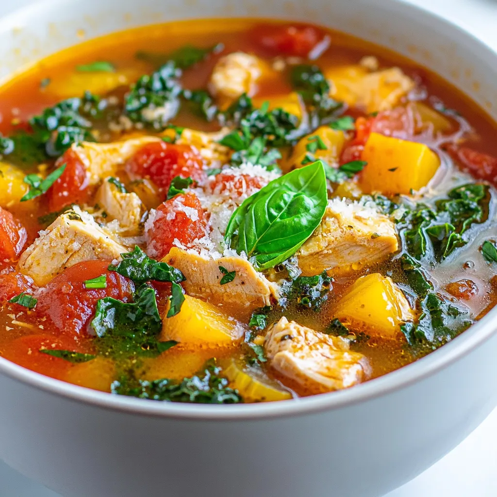 - 1 pound boneless, skinless chicken breasts, diced - 1 tablespoon olive oil - 1 medium onion, chopped - 3 cloves garlic, minced - 2 medium carrots, diced - 2 celery stalks, diced - 4 cups chicken broth - 1 can (14 oz) diced tomatoes, undrained - 1 cup kale or Swiss chard, chopped - 1 tablespoon Italian seasoning - ½ teaspoon red pepper flakes (optional) - Salt and pepper to taste - 1 cup cannellini beans, drained and rinsed - Fresh basil leaves, for garnish - Grated Parmesan cheese, for serving To make this Tuscan chicken soup, you need simple, fresh ingredients. The chicken gives it a hearty base. You can use either kale or Swiss chard for greens. I love the bright colors the carrots and celery add. The tomatoes bring in a nice tang. The Italian seasoning gives it that classic Tuscan flair. You can add red pepper flakes if you want some heat. Salt and pepper help to balance all the flavors. Finally, the cannellini beans add protein and creaminess. Do not forget the fresh basil and Parmesan for garnish. This soup is packed with flavor and nutrients. Each bite warms you up and makes you feel good inside. It’s the perfect meal for a chilly day or when you need comfort. {{ingredient_image_1}} To start, heat the olive oil in a large pot over medium heat. Once the oil shimmers, add the diced chicken. Cook it for about 5 to 7 minutes, stirring often. You want the chicken to turn golden brown. After it browns, take it out of the pot and set it aside. In the same pot, add the chopped onion, diced carrots, and diced celery. Sauté these for about 5 minutes. You want the veggies to soften but not brown. Then, add the minced garlic. Cook for another minute until it smells great. This mix will give your soup a rich base. Now, pour in the chicken broth. Bring it to a boil. Once boiling, add the can of diced tomatoes, with all the juice. Stir in the cooked chicken and Italian seasoning. If you like a bit of heat, add the red pepper flakes. Lower the heat and let it simmer. Cover the pot and cook for 15 to 20 minutes. This lets all the flavors blend well. After simmering, stir in the chopped kale or Swiss chard and the rinsed cannellini beans. Cook for another 5 minutes. You want the greens to wilt and become tender. Finally, season your soup with salt and pepper to taste. This is the moment to adjust flavors to your liking. Serve hot, garnished with fresh basil leaves and a sprinkle of grated Parmesan cheese. Enjoy! To keep your Tuscan chicken soup fresh, store it in an airtight container. Place it in the fridge if you plan to eat it within a few days. For longer storage, freeze the soup in freezer-safe bags. Lay the bags flat to save space. This soup can last in the freezer for up to three months. When you’re ready to eat, thaw it in the fridge overnight. If you like a bit of heat, add red pepper flakes. Start with a small amount, about ½ teaspoon. Taste the soup as you add more. If it’s too spicy, balance it with a touch of cream or extra broth. You can also skip the flakes if you prefer a milder flavor. Want to boost the taste? Try adding fresh herbs like thyme or oregano. A splash of lemon juice brightens the soup, too. For depth, consider adding a bay leaf while it simmers. Remove it before serving. You can also mix in a bit of smoked paprika for a unique twist. Pro Tips Use Homemade Broth: For a richer flavor, try using homemade chicken broth instead of store-bought. It enhances the overall taste of the soup. Vegetable Variations: Feel free to add other vegetables like zucchini or bell peppers for extra nutrition and flavor. Just be sure to adjust cooking times accordingly. Storage Tips: This soup can be stored in the refrigerator for up to 3 days. To freeze, let it cool completely, then transfer to airtight containers for up to 3 months. Garnish Creatively: Experiment with different garnishes such as a drizzle of balsamic glaze or a squeeze of lemon juice to add a fresh twist before serving. {{image_2}} You can change the chicken in this soup for turkey. Turkey has a light flavor and is easy to find. If you want a plant-based option, try using chickpeas or lentils. They add protein and texture, making the soup hearty. Simply replace the chicken breast with two cups of cooked chickpeas or lentils. This will keep the dish flavorful and filling. While kale and Swiss chard are great, other greens work well, too. Spinach is a soft, mild option that wilts quickly. You can also use collard greens for a more robust flavor. Just chop them and add them in the last few minutes of cooking. This keeps them bright and fresh. Other veggies like zucchini or bell peppers can add color and taste. Feel free to get creative! If you love a rich soup, you can add cream. Heavy cream or half-and-half gives it a smooth texture. For a dairy-free option, use coconut milk or cashew cream. Start with half a cup and mix it in just before serving. This adds a nice richness that makes every spoonful a treat. To keep Tuscan chicken soup fresh, store it in airtight containers. Let the soup cool to room temperature first. This helps prevent moisture buildup, which can spoil the soup. You can also use freezer bags for space-saving storage. Just remember to label them with the date. In the fridge, Tuscan chicken soup lasts about 3 to 4 days. If you freeze it, the soup can last up to 3 months. Be sure to thaw it in the fridge overnight for safe use. Always check for any off smells or changes in texture before eating. For reheating, you have a few options. The stovetop is best for even heating. Pour the soup into a pot and heat over low to medium heat. Stir often to prevent sticking. You can also use the microwave. Heat in a microwave-safe bowl, covering it loosely. Stir halfway through to ensure it warms evenly. Tuscan Chicken Soup is a warm, hearty dish. It comes from Tuscany, Italy. This soup features chicken, fresh veggies, and beans. The flavors blend well for a cozy meal. You can enjoy it on chilly days or anytime you crave comfort food. The use of kale or Swiss chard gives it a nice green touch. Yes, you can make this soup ahead of time. It stores well in the fridge. Just let it cool before putting it in a container. It tastes even better the next day. When you are ready to eat, heat it gently on the stove. You can also freeze it for later. If you freeze it, use it within three months for the best taste. Yes, this soup can be gluten-free. All the main ingredients are free from gluten. Just make sure to use gluten-free chicken broth. Check the label on canned tomatoes, beans, and any seasonings. This way, you can enjoy the soup without worry. To make this soup vegetarian, you can skip the chicken. Instead, use extra beans for protein. You can add more veggies like zucchini or bell peppers. Use vegetable broth in place of chicken broth. This keeps the flavors rich and tasty while making it plant-based. This blog post covered everything you need to know about Tuscan Chicken Soup. You learned the ingredients and steps for making it. I shared tips on storage and variations for your taste. You can adjust spices or try different proteins, too. In conclusion, this soup is simple, tasty, and adaptable. It can fit many diets and preferences. Now, you can enjoy a warm bowl any time!
