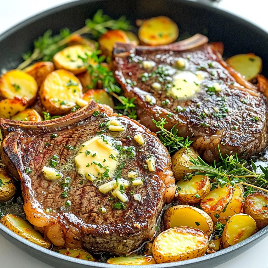 - 2 ribeye steaks (about 1 inch thick) - 4 medium-sized baby potatoes, quartered - 4 tablespoons unsalted butter - 4 cloves garlic, minced - 1 teaspoon fresh rosemary, chopped - 1 teaspoon fresh thyme, chopped - Salt and pepper, to taste - 1 tablespoon olive oil - Fresh parsley, for garnish - You can swap ribeye for sirloin or filet mignon. - Add vegetables like bell peppers or green beans for more color. - Use garlic powder if you don’t have fresh garlic. - Try different herbs like oregano or basil for a twist. - A large skillet for cooking - A pot for boiling potatoes - A cutting board for prep - A sharp knife for chopping - Measuring spoons for accuracy - Tongs for flipping steaks - A paper towel for drying the steaks First, take your ribeye steaks out. Let them sit for about 30 minutes. This helps them cook better. Pat the steaks dry with a paper towel. Next, season both sides with salt and pepper. Use enough to cover well. This makes the steak tasty. While the steaks rest, take your baby potatoes. Cut them into quarters. Put them in a pot of salted water. Boil for 10 to 12 minutes. They should be fork-tender. After that, drain the potatoes and set them aside. They are ready to join the fun later! Grab a large skillet and heat olive oil over medium-high heat. When it's hot, add your seasoned steaks. Sear them for about 4 to 5 minutes on each side. This gives them a nice brown crust. Cook until they reach your favorite doneness. Once done, remove the steaks and let them rest on a plate. Cover them loosely with aluminum foil. Lower the heat to medium in the same skillet. Add 2 tablespoons of butter. Let it melt, then add minced garlic, chopped rosemary, and thyme. Sauté for about 1 minute until it smells amazing. Next, toss in the boiled baby potatoes. Stir them in the garlic herb butter. Sauté for another 3 to 4 minutes. You want them crispy and coated in flavor. Finally, return the rested steaks to the skillet. Spoon the garlic butter over them. Cook for 1 to 2 more minutes to warm them up. Now, you are ready to serve! To cook the steak just right, start with room-temperature meat. This helps the steak cook evenly. Use a paper towel to pat it dry. Season it well with salt and pepper. Heat your skillet until it's hot. Sear the steak for about 4-5 minutes on each side for medium-rare. Let it rest afterward, covered loosely. This keeps the juices in. For crispy potatoes, boil them first. This makes them soft inside. After boiling, drain them well. Toss the potatoes in the skillet with garlic butter. Cook them until golden brown, about 3-4 minutes. This creates a crispy outer layer. Make sure to stir them often for even cooking. Fresh herbs add amazing flavor to this dish. Use chopped rosemary and thyme in the garlic butter. These herbs bring a bright taste that pairs well with steak. You can also add parsley as a garnish. It adds color and freshness to your plate. Don't skip the herbs; they make it special! {{image_2}} You can change the steak for this dish. Ribeye is great, but other cuts work too. Try sirloin or flank steak for a leaner option. These cuts still give you a nice flavor. Just remember to adjust cooking time based on thickness. Always aim for a good sear to lock in those juices. If you want a vegetarian dish, skip the steak. Focus on the garlic butter potatoes instead. Boil the potatoes as before. Sauté them in garlic butter, rosemary, and thyme. Add some veggies like bell peppers or mushrooms for extra flavor. This dish keeps the taste but makes it meat-free. For a kick, try a spicy garlic butter version. Add red pepper flakes to the garlic butter. You can also toss in some diced jalapeños. This adds heat without losing the dish's essence. Adjust the spice level to your liking. Enjoy the flavor explosion that comes with each bite! To store your garlic butter steak and potatoes, let them cool first. Place the steak and potatoes in an airtight container. This keeps them fresh and tasty. You can store them in the fridge for up to three days. Make sure to separate them if possible. This helps them retain their texture. When you want to eat your leftovers, use the stove for best results. Heat a skillet over medium heat. Add a tiny bit of butter or oil to it. Once it’s hot, add the steak and potatoes. Cook them for about 5-7 minutes. Stir often so everything warms evenly. This method keeps them juicy and delicious. If you want to keep your meal longer, freezing is a great option. First, let the steak and potatoes cool completely. Wrap them tightly in plastic wrap or foil, then place them in a freezer bag. Remove as much air as you can. You can freeze them for up to three months. When ready to eat, thaw them in the fridge overnight before reheating. Yes, you can use other types of potatoes. Yukon Gold or red potatoes work well. They add creaminess and flavor. Just make sure to cut them into similar sizes for even cooking. Smaller potatoes, like fingerlings, can also be a fun choice. You can store leftovers in the fridge for 3 to 4 days. Keep them in an airtight container. If you want to keep them longer, freeze the steak and potatoes. They can last for about 2 to 3 months in the freezer. This dish pairs well with simple sides. Try a fresh green salad or steamed veggies. A light red wine can enhance the meal too. You might also enjoy some crusty bread to soak up the garlic butter goodness. This blog post covered essential ingredients, easy steps, and helpful tips for cooking. You learned how to prepare steaks and crispy roast potatoes. We discussed variations, storage methods, and answers to common questions. Cooking at home can be fun and rewarding. With practice, you’ll create tasty meals for yourself or others. Enjoy the process, savor each bite, and make it your own. Happy cooking!