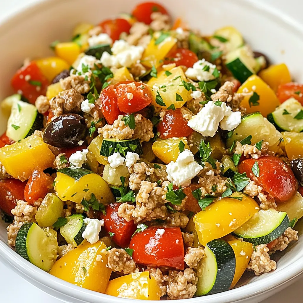 To make this Mediterranean Ground Chicken Skillet, you'll need: - 1 lb ground chicken - 2 tablespoons olive oil - 1 medium onion, diced - 2 cloves garlic, minced - 1 red bell pepper, diced - 1 zucchini, diced - 1 cup cherry tomatoes, halved - 1 teaspoon dried oregano - 1 teaspoon dried basil - 1 teaspoon smoked paprika - Salt and pepper to taste - ¼ cup Kalamata olives, pitted and sliced - ¼ cup feta cheese, crumbled - Fresh parsley or basil for garnish If you're missing an ingredient, don't worry! Here are some easy swaps: - Ground turkey can replace ground chicken. - Use avocado oil instead of olive oil for a different flavor. - Green bell pepper works if you don’t have red. - A mix of squash can replace zucchini. - Any small tomato can stand in for cherry tomatoes. - If you lack Kalamata olives, try green olives instead. - You can use any cheese if feta isn't available. Fresh herbs add bright flavor, but dried herbs are just as good. - If using fresh herbs, use three times the amount. - Fresh basil and parsley can uplift the dish's taste. - Dried herbs work nicely in cooked dishes like this skillet. - The choice depends on what you have on hand. Using a mix of both can create a great flavor profile! {{ingredient_image_1}} To start, gather all your ingredients. You need: - 1 lb ground chicken - 2 tablespoons olive oil - 1 medium onion, diced - 2 cloves garlic, minced - 1 red bell pepper, diced - 1 zucchini, diced - 1 cup cherry tomatoes, halved - 1 teaspoon dried oregano - 1 teaspoon dried basil - 1 teaspoon smoked paprika - Salt and pepper to taste - ¼ cup Kalamata olives, pitted and sliced - ¼ cup feta cheese, crumbled - Fresh parsley or basil for garnish Chop the onion, red bell pepper, zucchini, and garlic. Halve the cherry tomatoes too. Heat the olive oil in a large skillet over medium heat. Add the diced onion. Cook it for about 5 minutes until it looks clear. Next, stir in the minced garlic and cook it for 1 more minute. This will make your kitchen smell amazing. Now, add the ground chicken to the skillet. Season it with salt, pepper, oregano, basil, and smoked paprika. Cook this mix for 7 to 10 minutes. Break up the chicken with a spoon while it cooks until it turns brown. Once the chicken is cooked, add the diced red bell pepper and zucchini. Cook these for 3 to 5 minutes until they are soft. Stir in the cherry tomatoes and Kalamata olives next. Let this cook for another 2 to 3 minutes. You want the tomatoes to soften just a bit. Finally, sprinkle the crumbled feta cheese on top. Let it melt slightly before you serve. Remove the skillet from the heat and add fresh parsley or basil as a garnish. To get great browning on the chicken, make sure not to overcrowd the pan. If needed, cook in batches. Use a spatula to break the chicken apart as it cooks. This helps it brown evenly. Keep the heat at medium to avoid burning. You want a nice golden color for the best flavor. To boost the Mediterranean taste, use fresh herbs. Fresh basil and parsley add brightness. A squeeze of lemon juice brings a nice zing. You can also try adding capers for a briny touch. Consider using roasted red peppers for extra sweetness. They add depth to your dish. One common mistake is overcooking the chicken. This can dry out the meat. Cook it just until it’s no longer pink. Another mistake is skimping on seasoning. Don't forget to taste as you go. Also, avoid adding too many veggies at once. This can make them soggy instead of tender. Serve this dish with warm pita or rice. A side salad with cucumber and tomatoes pairs well. You can also add a dollop of tzatziki for creaminess. For a fun twist, try it in wraps. Wrap the chicken mix in lettuce leaves for a low-carb option. Enjoy your meal with a glass of chilled white wine! Pro Tips Use Fresh Herbs: Fresh parsley or basil not only adds color but also enhances the flavor profile of the dish. Add them just before serving for the best taste. Customize Your Veggies: Feel free to substitute the zucchini and bell pepper with other vegetables like spinach, eggplant, or mushrooms based on your preference or what's in season. Control the Heat: If you prefer a bit of spice, add a pinch of red pepper flakes along with the other seasonings to give your skillet a nice kick. Meal Prep Friendly: This dish is great for meal prep! You can make a larger batch and store leftovers in the refrigerator for up to 3 days or freeze for later use. {{image_2}} You can easily make this dish gluten-free. The ingredients are already gluten-free. Just ensure your feta cheese and olives are free from gluten. Many brands offer certified gluten-free products. For a vegetarian version, swap the ground chicken for lentils or chickpeas. Both options give great texture and flavor. If you're vegan, use plant-based feta cheese. You can also add more veggies like mushrooms or spinach for extra nutrients. If you want to try a different protein, use ground turkey or beef. Both work well with the Mediterranean flavors. You can also use ground lamb for a richer taste. Just adjust cooking times as needed. Each option adds a unique touch to the dish. After you enjoy your Mediterranean Ground Chicken Skillet, let it cool down. Transfer the leftovers to an airtight container. This keeps your dish fresh. Store it in the fridge for up to three days. If you want to save it longer, consider freezing. To reheat, use a skillet or microwave. If using a skillet, add a splash of water. Heat it on low until warm. If using a microwave, place it in a safe dish. Heat for one to two minutes, stirring halfway. This helps to heat evenly. If you freeze the skillet, use a freezer-safe container. Label it with the date. To thaw, place it in the fridge overnight. You can also use the microwave's defrost option. Once thawed, reheat as mentioned above. Enjoy the tasty flavors even after freezing! Yes, you can. Ground turkey or ground beef works well. If you prefer a leaner option, use turkey. Beef adds a richer flavor. Adjust the cooking time as needed. Always ensure the meat is cooked fully before serving. To add heat, try using red pepper flakes. You can also add diced jalapeños. Mix these in while you cook the onion. Adjust the amount based on your spice level. Always taste as you go. You can also use spicy feta cheese for added flavor. Several sides work great with this dish. Consider serving it over rice or quinoa. A simple salad with lemon dressing is fresh and light. You can also serve it with warm pita bread. For a heartier option, try roasted vegetables. Each adds their own delicious touch. This blog post covered everything you need for a Mediterranean Ground Chicken Skillet. We discussed the key ingredients and how to swap them. You learned step-by-step cooking methods and tips for perfect browning. We explored ways to enhance flavors and avoid common mistakes. Variations, like gluten-free or vegan options, opened more possibilities. Lastly, proper storage tips ensure your leftovers stay fresh. Embrace your creativity and enjoy each bite of this dish!