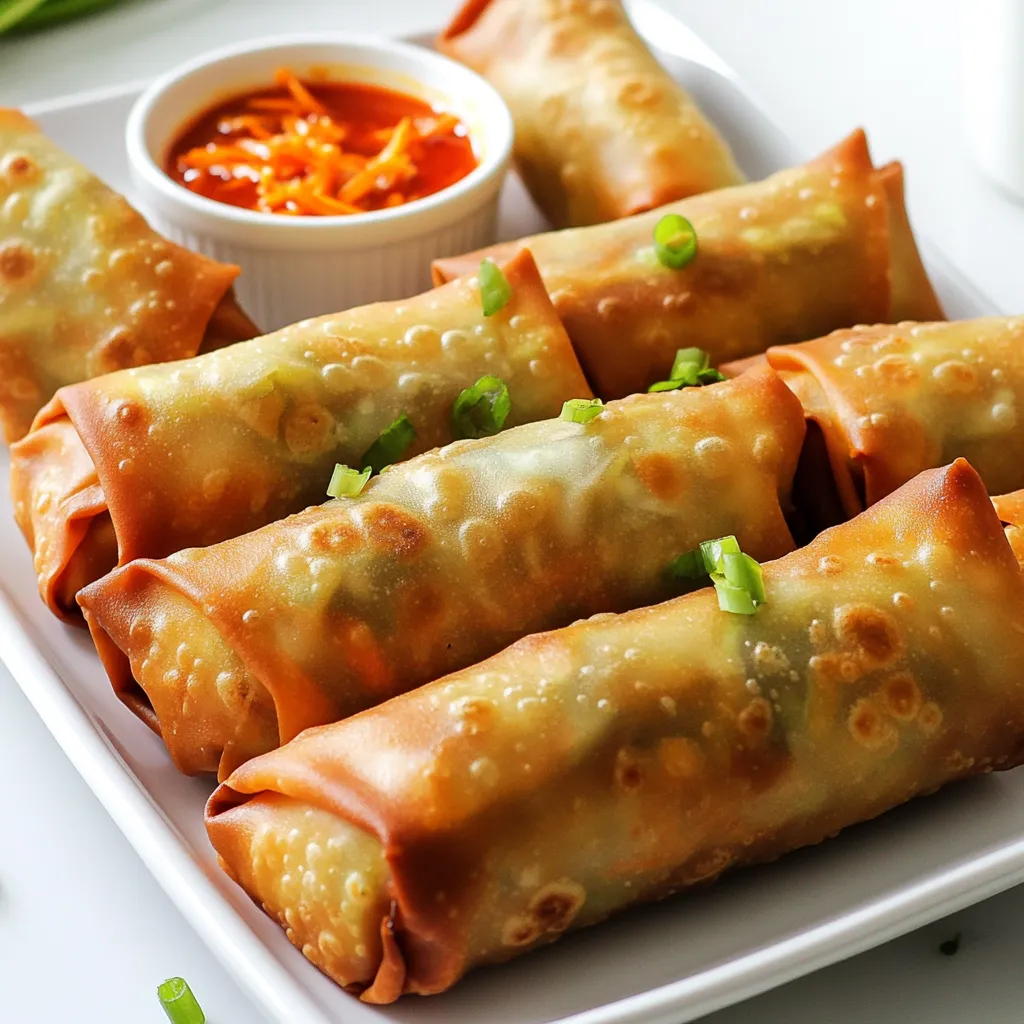 For this recipe, you need 1 pound ground chicken. It gives the egg rolls a nice base. Use 1 cup shredded cabbage for crunch and color. Add 1/2 cup grated carrots for sweetness. 1/4 cup green onions, finely chopped adds a fresh taste. Don't forget 2 cloves garlic, minced and 1 tablespoon fresh ginger, minced for flavor. You will need 2 tablespoons soy sauce for a salty kick. Add 1 tablespoon sesame oil for a nutty flavor. Season with salt and pepper to taste. These will enhance the taste of your filling. For a dipping option, keep sweet chili sauce on hand; it pairs perfectly with the egg rolls. Purchase 1 package of egg roll wrappers. They are the outer layer of the egg roll. Make sure they are fresh. These wrappers hold all the tasty filling inside. Use cooking spray or olive oil cooking spray to help them crisp in the air fryer. This makes for a golden and crunchy treat. Start by mixing the filling. In a large bowl, combine one pound of ground chicken, one cup of shredded cabbage, and half a cup of grated carrots. Next, add a quarter cup of finely chopped green onions, two cloves of minced garlic, and one tablespoon of minced fresh ginger. Then, pour in two tablespoons of soy sauce and one tablespoon of sesame oil. Season with salt and pepper to taste. Mix everything well until all the ingredients blend nicely. Now, let’s roll the egg rolls. Take an egg roll wrapper and lay it flat on a clean surface. Position it so one corner is pointing towards you. Spoon about two tablespoons of the chicken filling into the center of the wrapper. Next, fold the bottom corner over the filling. Then, fold in the sides tightly. Finally, roll it up to enclose the filling. Use a little water to seal the top corner. Repeat this process with the rest of the wrappers and filling. It’s time to cook! Preheat your air fryer to 375°F (190°C) for about five minutes. Lightly spray the air fryer basket with cooking spray to prevent sticking. Place the egg rolls in a single layer in the basket, ensuring they do not touch. Spray the tops of the egg rolls with cooking spray for extra crispiness. Cook them for 12 to 15 minutes. Flip them halfway through cooking to ensure even browning. They should be golden brown and crispy when done. Remove them from the air fryer and let cool slightly before serving. To roll egg rolls well, start with a clean surface. Use one wrapper at a time. Place it with a corner pointing toward you. Spoon two tablespoons of the filling in the center. Fold the bottom corner over the filling. Then, fold in the sides like an envelope. Finally, roll it up tightly and seal the edge with a drop of water. This keeps the filling inside during cooking. Practice makes perfect, so don’t worry if your first few are not perfect. To make your egg rolls super crispy, spray them lightly with cooking spray before cooking. This adds a golden layer that fries up beautifully. Make sure they don’t touch in the air fryer basket. Cook them at 375°F (190°C) for about 12-15 minutes. Flip them halfway through for even cooking. If you want extra crispiness, you can cook them a few minutes longer. Just keep an eye on them so they don’t burn. When serving, arrange the egg rolls on a nice platter. Place a small bowl of sweet chili sauce in the center for dipping. This adds a sweet and spicy touch that everyone will love. For a pop of color, garnish with chopped green onions on top. You can also add some sesame seeds for extra flair. Serve them hot for the best taste and crunch. {{image_2}} You can swap ground chicken for other meats. Try ground turkey or pork for a tasty change. Shrimp is also great if you want seafood. Each option adds a unique flavor to your egg rolls. Adjust the cooking time slightly if using larger pieces of meat. To make vegetarian or vegan egg rolls, use tofu or tempeh. Crumble firm tofu and sauté it with your favorite veggies. You can mix in mushrooms, bell peppers, or zucchini for extra flavor. Use soy sauce or a vegan stir-fry sauce for seasoning. Make sure to check that your egg roll wrappers are vegan-friendly. Changing the seasonings can give your egg rolls a new twist. Try adding chili flakes for heat or five-spice powder for a warm flavor. Fresh herbs like cilantro or basil can brighten up your filling. You can even experiment with different sauces like hoisin or teriyaki for a unique taste. After enjoying your air fryer chicken egg rolls, store any leftovers in an airtight container. Place them in the fridge. They stay fresh for up to three days. Keep in mind that the longer they sit, the softer they get. To keep them crispy, try to eat them within two days. To reheat your egg rolls, the air fryer works best. Preheat it to 350°F (175°C). Arrange the egg rolls in the basket. Heat them for about 5-7 minutes. This helps restore their crispiness. You can also use an oven set to 375°F (190°C) for about 10 minutes. Avoid using a microwave, as it makes them soggy. If you want to save egg rolls for later, freezing is a great option. First, let them cool completely. Then, place them in a single layer on a baking sheet. Freeze for about one hour. Once frozen, transfer them to a freezer bag. They can stay in the freezer for up to three months. When ready to eat, cook them from frozen in the air fryer at 375°F (190°C) for 15-18 minutes. Yes, you can make egg rolls ahead of time. After filling them, just wrap them tightly. Place them in an airtight container. You can store them in the fridge for up to two days. When ready to cook, just air fry them. They will still taste great! Sweet chili sauce is my favorite for egg rolls. Its sweet and spicy taste complements the crispy rolls perfectly. You can also try soy sauce or a tangy vinegar dip. These sauces add extra flavor and fun! You can fry egg rolls in hot oil. Heat oil in a deep pan to 350°F (175°C). Fry the rolls in batches. Cook them for about 3-4 minutes, turning often. This method gives a crispy texture, but be careful with hot oil! Homemade egg rolls last about 3-4 days in the fridge. Keep them in an airtight container to stay fresh. If you want to keep them longer, freeze them. This way, they can last for up to three months! This blog explored making air fryer chicken egg rolls. You learned about the key ingredients, like ground chicken, fresh veggies, and sauces. We covered simple steps for filling, rolling, and cooking egg rolls in your air fryer. I shared tips for perfect rolling and achieving crispiness, plus fun variations and storage info. With these ideas, you can enjoy tasty treats any time. Experiment with flavors and share them with others. Enjoy your cooking journey!