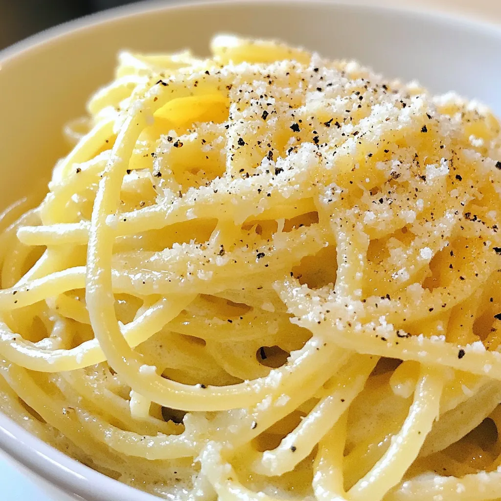 To make Cacio e Pepe, you need simple, fresh ingredients. Here’s what you will need: - 400g spaghetti or bucatini - 100g Pecorino Romano cheese, finely grated - 50g Parmigiano-Reggiano cheese, finely grated - 2 tablespoons freshly ground black pepper - Salt (for pasta water) - 2 tablespoons olive oil (optional for a richer sauce) These ingredients come together to create a dish that shines with flavor. Spaghetti and bucatini are the best options for this dish. Spaghetti is long and thin. It holds sauce well and is easy to twirl. Bucatini is similar, but it has a hollow center. This shape allows it to soak up more cheese and pepper. Both options give a great bite and texture. The cheese is what makes Cacio e Pepe special. Pecorino Romano brings a salty, sharp taste. It melts beautifully and gives the dish its creamy texture. Parmigiano-Reggiano adds a nutty flavor that balances the saltiness of Pecorino. Using both gives depth to the dish. You can try different brands, but these two are classic choices. {{ingredient_image_1}} To start, fill a large pot with water. Bring it to a boil. Add a generous amount of salt to the water. This is key for flavor. Then, add your spaghetti or bucatini. Cook it until it is al dente, as the package says. This should take around 8 to 10 minutes. Remember to reserve 1 cup of pasta water before you drain it. While your pasta cooks, grab a large mixing bowl. Add the finely grated Pecorino Romano cheese and Parmigiano-Reggiano cheese. These two cheeses blend well together. Then, add the freshly ground black pepper. Mix it all well. This mixture will give your pasta that rich, cheesy flavor. Once the pasta is ready, drain it but don’t rinse it. Add the hot pasta right into the mixing bowl with the cheese. Toss the pasta quickly to coat it with the cheese. Next, slowly add some of the reserved pasta water. Start with about 1/4 cup. Keep tossing the pasta until the cheese starts to melt. This creates that creamy sauce you want. If it is still too thick, add more pasta water a little at a time. For extra flavor, you can add olive oil while tossing. Finally, serve it warm in bowls. Top with more cheese and a sprinkle of black pepper. Enjoy your creamy Cacio e Pepe! To get the sauce just right, focus on the pasta water. Reserve one cup of it before draining the pasta. Start with a small amount—about 1/4 cup. Add it slowly while tossing the pasta. This helps the cheese melt and blend well. Keep adding more water as needed. Your goal is a creamy sauce that hugs every strand of pasta. One common mistake is using too much heat when mixing the cheese. High heat can clump the cheese instead of melting it smoothly. Another mistake is not reserving enough pasta water. This water is key to achieving the right sauce. Lastly, don’t skip the black pepper. It adds the signature kick of flavor! To save time, you can prep the cheese mixture while the water boils. Grate the cheeses and mix them with the pepper in advance. Use a large pot to boil water, so it heats faster. If you're short on time, consider using a pasta that cooks quickly, like thin spaghetti. This will speed up your meal prep! Pro Tips Use High-Quality Cheese: The flavor of Cacio e Pepe largely depends on the quality of the cheese. Opt for authentic, freshly grated Pecorino Romano and Parmigiano-Reggiano for the best results. Reserve Enough Pasta Water: Always reserve at least a cup of pasta cooking water. This starchy water is essential for achieving the creamy sauce that clings perfectly to the pasta. Perfectly Al Dente Pasta: Cook your pasta just until al dente, as it will continue to cook slightly when mixed with the cheese. This ensures a perfect texture. Toss Quickly: Work fast when combining the pasta with the cheese mixture. Tossing quickly helps the heat from the pasta melt the cheese, creating a smooth and creamy sauce. {{image_2}} Cacio e Pepe is a simple dish, but you can make it your own. Try using bucatini instead of spaghetti. Bucatini adds a fun texture with its hollow center. You can also mix the cheeses. Combine Pecorino Romano with a bit of Grana Padano for a unique flavor twist. Want to boost the flavor? Add minced garlic to the pasta while it cooks. This gives a nice depth. You can also drizzle truffle oil for a rich touch. Just remember to use it sparingly, as it can overpower the dish. If you're gluten-free, swap regular pasta for gluten-free pasta. Look for options made from rice or chickpeas. They work well and still taste great. You can also use nutritional yeast instead of cheese for a vegan version. Just mix it in with the pasta water to create a creamy sauce. After enjoying your Cacio e Pepe, let any leftovers cool down. Place the pasta in an airtight container. Make sure to seal it tightly. Store it in the fridge. It will stay fresh for up to three days. If you stored it right, it should taste good when you reheat it. To reheat your Cacio e Pepe, use a skillet for best results. Add a splash of water or olive oil to the pan. Heat it over medium heat. Stir the pasta gently to warm it. This method helps the creamy sauce come back to life. You can also microwave it, but it may dry out. Freezing Cacio e Pepe is not ideal, but you can do it. Place cooled pasta in a freezer-safe bag. Remove as much air as you can before sealing. It can stay in the freezer for up to a month. When ready to eat, thaw it in the fridge overnight before reheating. The texture may change slightly, but the flavor will still be there. Cacio e Pepe means "cheese and pepper" in Italian. It highlights the two main flavors. Cacio refers to cheese, usually Pecorino Romano. Pepe means black pepper, which gives it a nice kick. This dish is simple yet full of flavor. Its roots trace back to Rome. It’s a true comfort food! Yes, you can use different cheeses. If you can't find Pecorino Romano, try Parmigiano-Reggiano. Mixing cheeses adds depth to the flavor. Just keep the ratios similar to the recipe. The key is to use good quality cheese. Freshly grated cheese melts better than pre-grated. Cacio e Pepe is already vegetarian since it contains no meat. Focus on using good cheese. If you want more flavor, add mushrooms or spinach. Both pair well with this dish. You can also add a splash of vegetable broth for richness. Keep it simple, and enjoy! A crisp white wine works best with Cacio e Pepe. Look for a Pinot Grigio or a Sauvignon Blanc. These wines balance the richness of the cheese. If you prefer red, choose a light Chianti. Avoid heavy wines, as they can overpower the dish. Enjoy the meal with good company! Cacio e Pepe is a simple yet tasty dish, as outlined above. We covered the key ingredients, like the right cheese and pasta. I shared steps for perfecting the sauce and avoiding common mistakes. You can even try fun variations or make it fit your diet. Remember to store leftovers properly to enjoy later. With these tips, you'll make Cacio e Pepe like a pro. Enjoy your cooking journey!