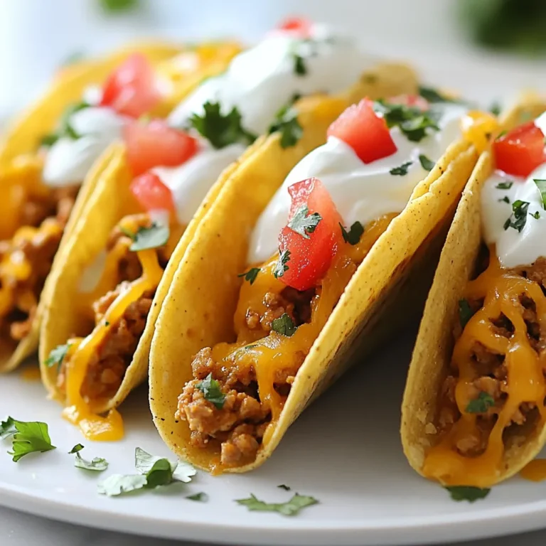- 1 lb ground chicken - 1 tablespoon olive oil - 1 small onion, finely chopped - 2 cloves garlic, minced - 1 tablespoon chili powder - 1 teaspoon cumin - 1 teaspoon paprika - 1 teaspoon salt - ½ teaspoon black pepper - ½ cup chicken broth - 12 mini taco shells These main ingredients create a tasty base. Ground chicken gives a soft texture. Olive oil adds richness and helps cook the onion and garlic. The onion and garlic bring sweetness and aroma. Spices like chili powder, cumin, and paprika add warmth and depth to the dish. Salt and black pepper enhance all the flavors. Chicken broth gives moisture and a rich taste. - 1 cup shredded cheese (cheddar or Mexican blend) - 1 cup diced tomatoes - ½ cup sour cream - ¼ cup chopped fresh cilantro These toppings make the tacos fun and colorful. Shredded cheese melts beautifully on top, adding creaminess. Diced tomatoes bring freshness and crunch. Sour cream adds a cool touch, balancing the spices. Fresh cilantro gives a burst of flavor and color. Together, they create a delicious bite. - Add jalapeños for heat. - Use black beans for a vegetarian twist. - Swap ground chicken for turkey or beef. These optional ingredients allow you to customize your tacos. If you like spice, add jalapeños. For a meat-free option, black beans work well. Different meats can change the taste and texture. Enjoy experimenting with flavors! {{ingredient_image_1}} To start, heat a tablespoon of olive oil in a large skillet over medium heat. Add one finely chopped onion. Sauté it for about 3-4 minutes until it softens. Then, add two minced garlic cloves and cook for another minute. This step brings out a nice aroma. Next, stir in one pound of ground chicken. Cook it until the chicken turns brown and is no longer pink. This step takes about 5-7 minutes. Now it’s time to mix in the spices. Add one tablespoon of chili powder, one teaspoon of cumin, one teaspoon of paprika, one teaspoon of salt, and half a teaspoon of black pepper. Pour in half a cup of chicken broth. Stir well to combine everything. Let it simmer for about 3-4 minutes. This makes the filling flavorful and slightly thick. Take a baking sheet and arrange 12 mini taco shells on it. Fill each shell with the cooked chicken mixture. Once filled, sprinkle one cup of shredded cheese over the top of each taco. Bake in the preheated oven at 375°F for 10-12 minutes. The cheese should melt, and the taco shells will get crispy. After baking, let them cool for a few minutes before serving. Top each taco with diced tomatoes, a dollop of sour cream, and chopped fresh cilantro for added flavor. Enjoy your tasty mini tacos! To make the chicken filling juicy and tasty, follow these steps: - Use fresh ground chicken for the best flavor. - Sauté onion and garlic until soft to enhance the taste. - Season the meat well. Use chili powder, cumin, and paprika. - Add chicken broth to keep the filling moist. This mix creates a rich flavor and a perfect texture for your tacos. If you want to try different shells, here are some ideas: - Use corn tortillas for a classic taste. - Consider lettuce wraps for a low-carb option. - Try baked tortilla chips for a crunchy twist. These choices can make your tacos healthier or fit special diets. To make your meal even better, serve with sides or drinks: - Pair tacos with a fresh salad for a light meal. - Offer rice and beans for a filling option. - Serve with refreshing drinks like iced tea or lemonade. These additions will round out your meal and please your guests. Pro Tips Use Fresh Ingredients: Fresh herbs and vegetables enhance the flavor of your tacos significantly. Opt for fresh cilantro and ripe tomatoes for the best taste. Customize the Spice Level: Adjust the amount of chili powder and cumin based on your heat preference. For extra heat, consider adding diced jalapeños or a splash of hot sauce. Make Ahead: You can prepare the chicken mixture in advance and store it in the fridge. Just fill the taco shells and bake when ready to serve! Experiment with Toppings: Get creative with toppings! Try avocado slices, pickled onions, or a squeeze of lime juice for added flavor and texture. {{image_2}} You can swap the ground chicken for plant-based meat or beans. This makes a great vegetarian taco. Use black beans or lentils for protein. You can also add corn for sweetness. To create unique tastes, try adding different spices or sauces. A dash of hot sauce or smoked paprika can change the flavor. You can also mix in taco sauce for a tangy kick. Consider using fresh herbs like oregano or basil for a fresh twist. Incorporate seasonal vegetables or herbs for extra flavor. In summer, add zucchini or bell peppers. In fall, try roasted butternut squash or sweet potatoes. Fresh cilantro or parsley can brighten your tacos any time of year. Store your mini baked chicken tacos in an airtight container. Let them cool to room temperature before sealing. If you have extra tacos, freeze them in a freezer-safe bag. This method keeps them fresh for later meals. For best results, use them within three days when refrigerated. To reheat your tacos, place them in the oven. Preheat the oven to 350°F (175°C). Bake for about 10 minutes. This method keeps the taco shells crispy. Avoid using a microwave, as it can make the shells soggy. When stored properly, mini baked chicken tacos last up to three days in the fridge. In the freezer, they can last for up to three months. Always check for any signs of spoilage before eating. Enjoy your tasty leftovers safely! Yes, you can use tortillas! Just choose small ones, like corn or flour tortillas. If you want a crispy texture, bake them a bit before filling. You can also roll the tortillas for a fun twist. Keep an eye on the baking time, as they may cook faster than taco shells. These tacos have a mild spice level. The chili powder adds flavor without too much heat. If you want more spice, add some diced jalapeños or a dash of hot sauce to the filling. You can also mix in cayenne pepper for an extra kick. Adjust to your taste! Absolutely! You can prepare the filling a day ahead. Store it in the fridge in an airtight container. When you're ready to serve, fill the taco shells and bake them. This saves time and lets flavors blend well. Just remember, the shells will be crispier if baked fresh! You learned how to make delicious mini baked chicken tacos. We covered the key ingredients, from ground chicken to tasty toppings. You saw step-by-step instructions to prepare the filling and bake the tacos to perfection. Tips on flavoring and storage will help you keep them fresh. You can customize them for different diets and tastes. Now, it’s time to try making these tacos and enjoy sharing them with friends and family. Simple, fun, and tasty, these tacos can quickly become a favorite meal.
