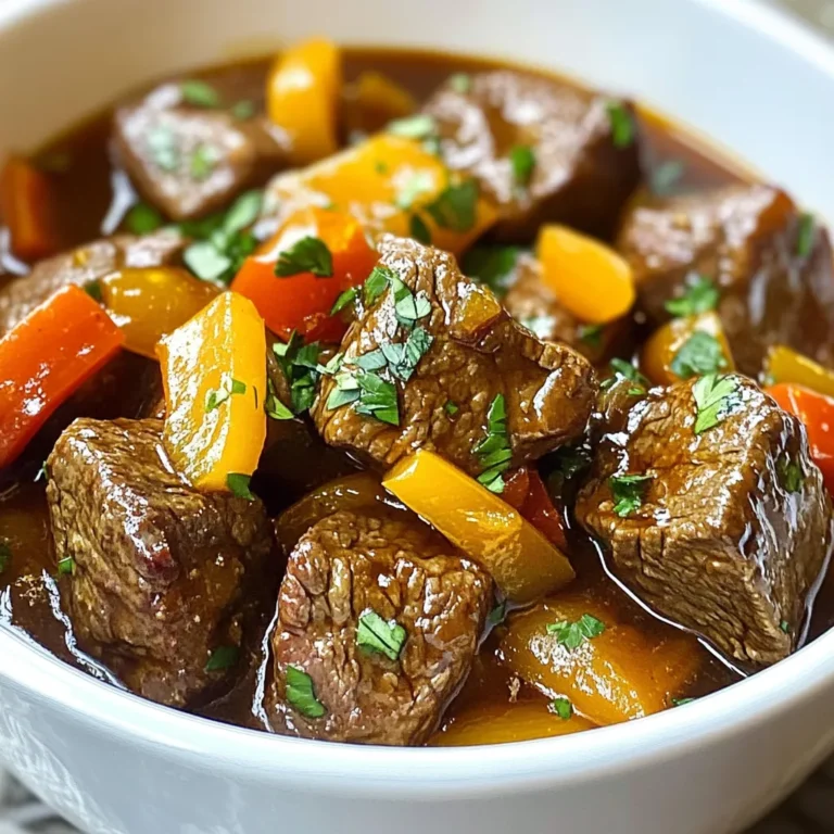 - 2 pounds beef sirloin, cut into bite-sized cubes - 1 cup beef broth - 1 medium onion, diced - 4 cloves garlic, minced - 1 tablespoon Worcestershire sauce - 1 teaspoon smoked paprika - 1 teaspoon dried oregano - 1 teaspoon garlic powder - 1 teaspoon black pepper - Salt to taste - 2 tablespoons olive oil - 1 cup bell peppers (assorted colors), chopped In this recipe, beef sirloin is the star. It has a great texture and flavor. Choose sirloin that has a nice marbling. This will keep the meat juicy and tasty. The beef broth adds depth and richness to the dish. The onion and garlic provide a strong base for the flavors. The seasonings are simple but powerful. Smoked paprika gives a warm, smoky taste. Dried oregano adds a hint of earthiness. Garlic powder boosts the savory notes. Black pepper and salt enhance all these flavors. Finally, the bell peppers add a pop of color and sweetness. They also provide some crunch to the dish. - Additional seasonings or herbs: Consider adding cayenne for heat or thyme for freshness. - Suggested garnishes: Fresh parsley adds a nice touch and brightens the dish. You can always play with the seasonings. If you like it spicy, add some cayenne pepper. For a fresh taste, try adding thyme. Fresh parsley not only looks nice, but it also adds a fresh flavor. - Calories: Approximately 300 per serving - Protein: 30 grams - Fat: 15 grams - Carbs: 10 grams This meal is packed with protein from the beef. It supports muscle health and keeps you full. The fat comes from the beef and olive oil, which adds flavor. The carbs are low, mainly from the vegetables. Eating this dish provides several health benefits. The beef gives you iron, which is good for blood health. The vegetables offer vitamins and fiber, which are key for digestion. Enjoy this dish as part of a balanced meal! {{ingredient_image_1}} - Preparing the beef Start by cutting 2 pounds of beef sirloin into bite-sized cubes. Make sure the pieces are even for uniform cooking. This helps ensure that every bite is tender and juicy. - Seasoning the meat In a large bowl, combine the beef cubes with 1 teaspoon of smoked paprika, 1 teaspoon of dried oregano, 1 teaspoon of garlic powder, 1 teaspoon of black pepper, and salt to taste. Toss the beef well to coat it evenly with the spices. This step adds a lot of flavor to your steak bites. - Searing in the skillet Heat 2 tablespoons of olive oil in a skillet over medium-high heat. Once the oil is hot, add the seasoned beef cubes in batches. Sear them for about 3-4 minutes until they are browned on all sides. This step locks in the juices and enhances the flavor. Transfer the browned steak bites to the crockpot as you finish each batch. - Transferring to the crockpot After searing, set the skillet aside. You will use it again for the onions and broth. Transfer all the browned steak bites to your crockpot. They will soak up all the tasty juices while cooking. - Cooking times and settings Set your crockpot to cook on low for 6-8 hours or high for 3-4 hours. The beef will become tender and full of flavor. Check the meat for doneness before serving. - Adding vegetables and broth In the same skillet, add 1 diced medium onion and sauté for about 2-3 minutes until it's translucent. Then, mix in 4 minced garlic cloves and cook for an additional minute. Pour in 1 cup of beef broth and 1 tablespoon of Worcestershire sauce, scraping up any browned bits from the skillet. Bring this mixture to a simmer. Now, pour the broth over the steak bites in the crockpot. Add 1 cup of chopped bell peppers and stir everything together. Cover the crockpot and let it do its magic! Browning meat adds flavor. This step locks in juices and creates a rich taste. To get a perfect sear, heat your skillet first. Use enough olive oil to cover the bottom. Cook the meat in batches. This helps the meat brown evenly. Do not crowd the pan; it will steam, not sear. Aim for a golden brown color, about 3-4 minutes per side. You can boost flavor with spices. Try adding a pinch of cayenne for heat. Fresh herbs like thyme or rosemary can work great too. Pair your steak bites with sauces like a creamy horseradish or tangy barbecue. These add a nice kick. Serve with sides like mashed potatoes or crusty bread. These options soak up the tasty broth. If your meat turns out overcooked, add some beef broth. This will help moisten the dish. If it tastes bland, sprinkle in more salt or seasoning. Always taste before serving. Adjustments make a big difference. Keep a simple spice mix handy to enhance flavor quickly. With these tips, you can enjoy a dish that tastes amazing every time. Pro Tips Marinate for Extra Flavor: For even more depth of flavor, consider marinating the beef cubes in the Worcestershire sauce and spices for a few hours or overnight before cooking. Use a Meat Thermometer: To ensure your steak bites are perfectly cooked, use a meat thermometer. Aim for an internal temperature of 135°F for medium-rare. Experiment with Vegetables: Feel free to add other vegetables like carrots, mushrooms, or zucchini to the crockpot for added nutrients and flavor. Save the Sauce: Don’t forget to save the flavorful broth! It’s perfect for drizzling over mashed potatoes or using as a base for a delicious gravy. {{image_2}} You can switch beef sirloin for other meats. Try chicken thighs for a lighter dish. Pork tenderloin also works great. Each meat brings its own flavor. If you want a vegetarian option, use hearty mushrooms. Portobello mushrooms can add great texture. You can also use cubed tofu for a protein boost. Changing seasonings can bring new life to your dish. Add chili powder for some heat. Swap Worcestershire sauce for soy sauce for a different taste. You can also mix in fresh herbs like thyme or rosemary. For veggies, try carrots or zucchini. They cook well and add color. Mixing different types of bell peppers can also enhance the flavor. Pair your steak bites with creamy mashed potatoes. They soak up the tasty broth. You can also serve with crusty bread for dipping. If you have leftovers, try them in a stir-fry. Chop the steak bites and toss them with rice and veggies. You can even add them to a salad for a filling lunch. To keep your steak bites fresh, store them in an airtight container. Place them in the fridge within two hours of cooking. They will stay good for about three to four days. If you want to keep them longer, freezing is a great option. - For freezing, use freezer-safe bags or containers. - Remove as much air as possible before sealing. - They can last up to three months in the freezer. When you reheat steak bites, keep them moist. The best way is to use the stove or microwave. - For the stove, place the bites in a pan over low heat. - Add a splash of beef broth to keep them juicy. - Stir occasionally until heated through. In the microwave, use a covered dish to trap steam. Heat in short bursts of 30 seconds. Check often to avoid overcooking. Leftovers can last in the fridge for up to four days. In the freezer, they can stay good for three months. Watch for signs of spoilage. - If the meat smells off or has changed color, it's time to toss it. - Always trust your senses. If in doubt, throw it out! You can add heat with a few ingredients. Try these options: - Cayenne pepper: Start with a pinch and go up to your taste. - Chili powder: This adds warmth and flavor. Use 1 teaspoon or more. - Hot sauce: A few drops in the broth can spice things up. - Jalapeños: Add diced jalapeños for a fresh kick. Mix and match these spices to find your perfect heat level. Just remember, always taste as you go! Yes, you can use frozen beef. However, there are some things to keep in mind: - Thawing: It’s best to thaw beef overnight in the fridge before cooking. - Cooking time: If you use frozen beef, add an hour to your cooking time. - Searing: Searing frozen beef can be tricky. It won’t brown as well. For the best flavor and texture, thaw the beef first. You can pair these steak bites with many great sides: - Mashed potatoes: Creamy potatoes soak up the broth well. - Rice: White or brown rice makes a nice base. - Crusty bread: Perfect for dipping into the tasty sauce. - Steamed veggies: Broccoli or green beans add color and crunch. These sides will help round out your meal and make it more filling. To keep the steak tender, follow these tips: - Sear the meat: Browning the beef adds flavor and locks in juices. - Cook low and slow: Use the low setting for 6-8 hours. This helps break down tough fibers. - Don’t lift the lid: Opening the lid lets heat escape. Keep it closed for best results. By using these techniques, you will get delicious, tender steak bites every time. This blog post covered many aspects of making Crockpot Steak Bites. You learned about the key ingredients and their health benefits. We also explored steps for preparation and cooking, along with tips for the perfect sear. Variations let you customize your dish, while storage info ensures freshness. Remember, practice makes perfect. Enjoy experimenting with flavors and techniques. Your delicious meal waits in the crockpot, ready to impress. Experiment, enjoy, and share your tasty results!