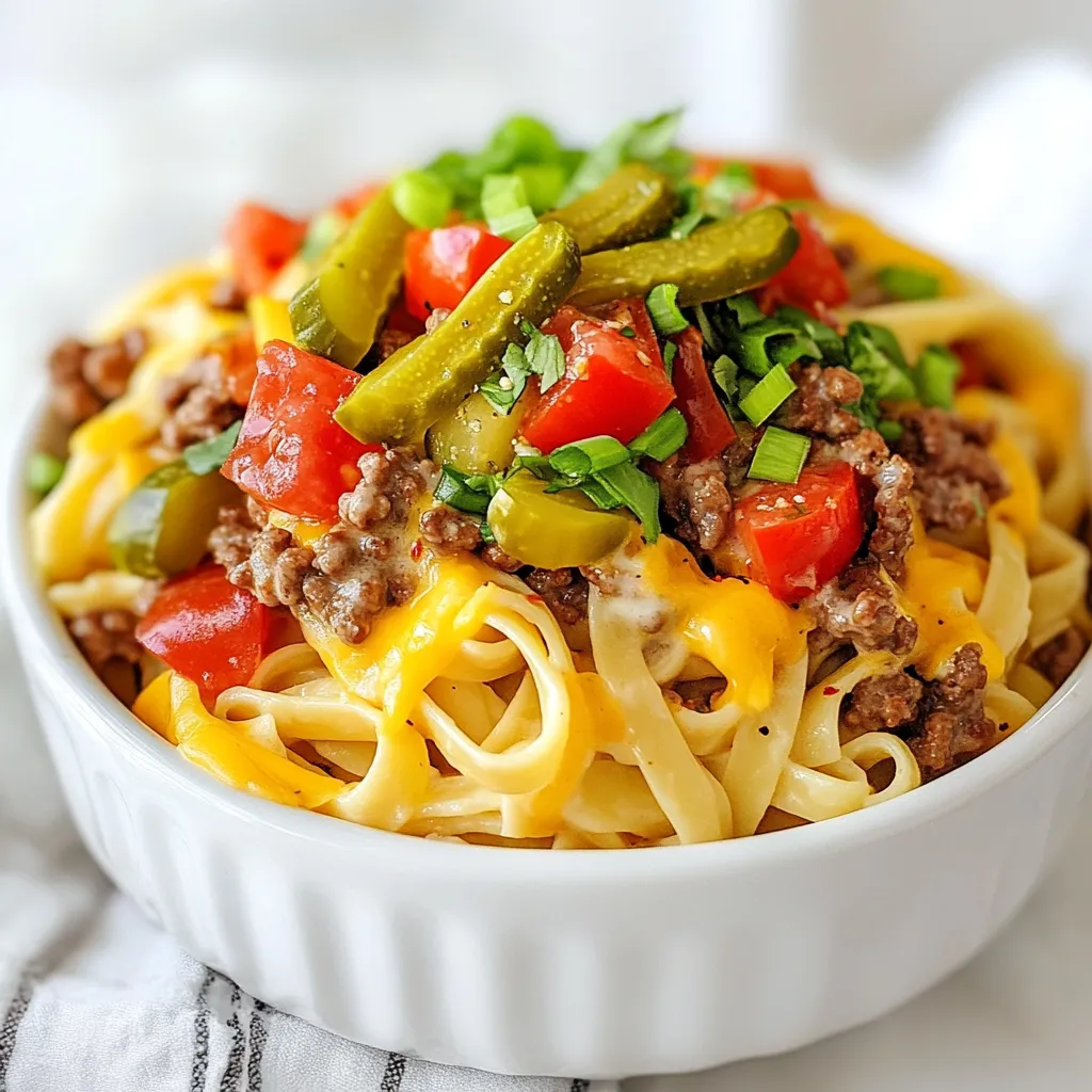 - 8 oz fettuccine pasta - 1 lb ground beef - 2 cups heavy cream - 1 ½ cups shredded cheddar cheese - ½ cup grated Parmesan cheese To create this loaded cheeseburger Alfredo, you need some key ingredients. First, grab 8 ounces of fettuccine pasta. This pasta holds the creamy sauce well. Next, use 1 pound of ground beef. It adds the classic cheeseburger flavor. You will also need 2 cups of heavy cream. This makes the dish rich and smooth. For cheesiness, get 1 ½ cups of shredded cheddar cheese. Lastly, don’t forget ½ cup of grated Parmesan cheese for extra depth. - 1 tablespoon olive oil - 1 teaspoon garlic powder - 1 teaspoon onion powder - 1 teaspoon paprika - Salt and pepper, to taste Now, let’s season our dish! You need 1 tablespoon of olive oil to cook the beef. This helps the meat brown nicely. Add 1 teaspoon of garlic powder for flavor. The onion powder adds a nice touch too. Use 1 teaspoon of paprika for a hint of smokiness. Finally, salt and pepper balance all the flavors. Adjust these to your taste. - ½ cup diced tomatoes - ¼ cup chopped pickles - ¼ cup chopped green onions - Optional: crushed red pepper flakes for heat For a fun twist, add some toppings! Use ½ cup of diced tomatoes. They add freshness and color. Chop ¼ cup of pickles for a tangy crunch. Then, sprinkle ¼ cup of chopped green onions for a burst of flavor. If you like heat, add crushed red pepper flakes. They give the dish a spicy kick. These ingredients come together for a hearty and creamy dish that pleases everyone. Enjoy the process of cooking this delightful meal! {{ingredient_image_1}} To cook fettuccine pasta al dente, start by boiling water in a large pot. Add a pinch of salt to the water for flavor. Once the water is boiling, add 8 oz of fettuccine pasta. Stir the pasta to prevent it from sticking. Cook it for about 8 to 10 minutes, or until it is tender but still firm. Test a piece to check if it’s al dente. When done, drain the pasta in a colander and set it aside. In a large skillet, heat 1 tablespoon of olive oil over medium heat. Once the oil is hot, add 1 lb of ground beef. Use a spoon to break up the beef as it cooks. Brown the beef for about 6 to 8 minutes. Ensure it is fully cooked and no longer pink. Now, sprinkle in 1 teaspoon of garlic powder, 1 teaspoon of onion powder, 1 teaspoon of paprika, and salt and pepper to taste. Stir well to mix the seasonings evenly into the beef. Lower the heat to low and pour in 2 cups of heavy cream. Stir continuously for about 2 to 3 minutes. This helps heat the cream without burning it. Gradually add 1 ½ cups of shredded cheddar cheese and ½ cup of grated Parmesan cheese. Keep stirring until the cheeses melt and the sauce is smooth and creamy. Now, it’s time to bring it all together! Add the cooked fettuccine to the skillet with the sauce. Toss the pasta gently to coat it in the creamy sauce. Next, stir in ½ cup of diced tomatoes and ¼ cup of chopped pickles. Mix well and let everything warm through for an additional 2 minutes. Your Loaded Cheeseburger Alfredo is now ready to enjoy! - To ensure perfect al dente pasta, cook the fettuccine according to package directions. Usually, this means boiling it for about 8-10 minutes. Test a piece; it should be firm but not hard. Drain the pasta and set it aside right away. This keeps it from cooking more. - To avoid curdling in the sauce, keep the heat low when stirring in the heavy cream. If the cream boils too much, it may separate. Stir continuously as you add the cheeses, letting them melt slowly into the sauce. This creates a smooth, creamy texture. - For extra flavor, consider adding spices like Italian seasoning or garlic salt. A dash of Worcestershire sauce can deepen the taste. You can also sprinkle in some crushed red pepper flakes for a little heat. - You can mix up the cheese options too. Try using gouda or Monterey Jack for a unique twist. Each cheese adds its own character, making your dish even more exciting. - Serve Loaded Cheeseburger Alfredo hot for the best taste. It will be creamy and comforting, perfect for a cozy meal. - Pair it with a fresh side salad or garlic bread. This balances the rich flavors and adds a nice crunch. Enjoy your meal with a cold drink for a complete experience. Pro Tips Use High-Quality Cheese: For the best flavor and creaminess, opt for freshly grated cheese instead of pre-shredded, as it melts better and enhances the sauce's texture. Cook Pasta Al Dente: Cooking the fettuccine just until al dente ensures it holds its shape and texture once mixed with the creamy sauce. Season to Taste: Adjust the seasoning of the beef and sauce according to your preferences. Don't hesitate to add more spices or even hot sauce for an extra kick! Add Veggies: Boost the nutrition by incorporating additional vegetables like spinach or bell peppers into the dish for added color and flavor. {{image_2}} You can swap ground beef for ground turkey or chicken. Both options offer a lighter taste. They still give that hearty feel. You will still enjoy the creamy sauce with these proteins. If you want a vegetarian dish, try plant-based ground meat. It tastes great and keeps the dish rich. While fettuccine is a classic choice, you can use other pasta types. Try penne or rotini for a fun twist. If you need gluten-free options, look for rice or corn pasta. These pasta types work well with the sauce. They keep the dish tasty and satisfying. Want some heat? Add jalapeños to spice things up. They add a nice kick and pair well with cheese. You can also mix in different veggies. Mushrooms or spinach add color and nutrients. Feel free to get creative with what you have! After enjoying your Loaded Cheeseburger Alfredo, let it cool down. This step helps keep the dish fresh. Once cool, place it in the fridge. Use airtight containers to store your leftovers. Glass or plastic containers work great. This keeps the flavors locked in and prevents spills. When you’re ready to eat again, reheating is key. The best method is using a skillet on low heat. Stir the dish often. This helps warm it evenly. If it seems dry, add a splash of milk or cream. This will bring back the creamy texture. You can also use a microwave. Heat it in short intervals. Stir in between to avoid hot spots. Freezing this dish is a smart option. However, freeze the noodles and sauce separately. This keeps the pasta from becoming mushy. Use freezer bags or containers for easy storage. When you want to eat it, thaw overnight in the fridge. Reheat in a skillet, adding a bit of cream to regain its creaminess. This way, you’ll enjoy a fresh taste every time! Loaded Cheeseburger Alfredo can last up to three days in the fridge. To keep it fresh, store it in an airtight container. Make sure it cools down before sealing. The flavors get better over time, but the pasta may soften. Yes, you can make Loaded Cheeseburger Alfredo in advance. Cook the dish, then let it cool. Store it in the fridge for up to three days. When ready to eat, reheat it on the stove or in the microwave. Add a splash of milk to keep it creamy. If you want a lighter version, you can use half-and-half instead of heavy cream. You can also try whole milk mixed with a bit of butter. This keeps the dish creamy, but it will be less rich. Yes, you can make Loaded Cheeseburger Alfredo in one pot. Start by cooking the ground beef in a large pot. Then add the pasta, cream, and cheeses. Cook everything together. This saves time and makes cleanup easy. Just be mindful of stirring to prevent sticking. In this guide, we explored the delicious Loaded Cheeseburger Alfredo. We covered the main ingredients, cooking steps, and various tips for success. You learned how to customize the dish to fit your taste and dietary needs. As you try this recipe, remember to have fun with it. Mix in your favorite flavors and enjoy every bite. With these steps, you’ll make a meal that everyone loves. Happy cooking!