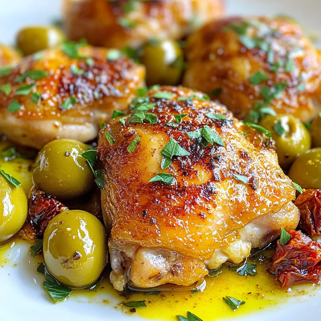 Here’s what you need for your keto chicken olive skillet: - 4 boneless, skinless chicken thighs - 2 tablespoons olive oil - 1 cup green olives, pitted and halved - 1/2 cup sun-dried tomatoes, chopped - 1 tablespoon garlic, minced - 1 teaspoon dried oregano - 1 teaspoon smoked paprika - Salt and pepper to taste - Fresh parsley, chopped, for garnish You can swap some ingredients if needed. Here are a few ideas: - Chicken thighs: Use chicken breasts for a leaner option. - Green olives: Black olives work too, for a different taste. - Sun-dried tomatoes: Fresh tomatoes can replace them, just chop finely. - Olive oil: Avocado oil is a great substitute for cooking. - Garlic: Garlic powder can replace fresh garlic if you're short on time. Each serving of this tasty dish has: - Calories: 350 - Protein: 30 grams - Total fat: 22 grams - Carbohydrates: 8 grams - Fiber: 2 grams - Net carbs: 6 grams This dish is low in carbs and high in flavor, perfect for a keto diet. {{ingredient_image_1}} Start by heating the olive oil in a large skillet over medium-high heat. This step is key to achieving that perfect sear on the chicken. While the oil heats up, season the chicken thighs well with salt, pepper, smoked paprika, and oregano on both sides. This adds depth to the flavor. Once the oil is hot, carefully add the seasoned chicken thighs to the skillet. Cook each side for about 5 to 7 minutes. You want them to turn a golden brown. The chicken should be cooked through and juicy. After cooking, remove the chicken from the skillet and set it aside on a plate. In the same skillet, add the minced garlic. Sauté for about 30 seconds until it becomes fragrant. Then, toss in the chopped sun-dried tomatoes and halved green olives. Stir it all well and let it cook for another 3 to 4 minutes. This step creates a rich, savory base for your chicken. Next, return the chicken to the skillet. Nestle it among the olive and tomato mixture. Allow everything to cook together for an additional 2 to 3 minutes. This helps the chicken soak up all those tasty flavors. Taste the dish and adjust the seasoning if needed. Finally, remove it from heat and serve hot, garnished with fresh parsley. - Prep time: 10 minutes - Cook time: 15 minutes - Total time: 25 minutes - Cooking temperature: Medium-high heat for skillet cooking To check if your chicken is done, look for a golden brown color on each side. The juices should run clear when you cut into the thickest part. If you have a meat thermometer, the internal temperature should reach 165°F. This ensures the chicken is safe to eat and perfectly cooked. To get the best chicken, start with good quality thighs. They stay juicy and tender. Season both sides well with salt, pepper, smoked paprika, and oregano. This adds great flavor. Heat the olive oil until it shimmers, then add the chicken. Cook for 5 to 7 minutes on each side. You want a nice golden crust. Use a meat thermometer to check for doneness. The internal temperature should be 165°F. One mistake is overcrowding the skillet. This can make the chicken steam instead of sear. Cook in batches if needed. Another common error is not letting the chicken rest. After cooking, let it sit for a few minutes. This helps keep it juicy. Also, don’t skip the garlic step. Sautéing it brings out its rich flavor. You’ll need a large skillet for this dish. A cast-iron skillet works great. It holds heat well and gives good browning. Have a good set of measuring spoons handy for accuracy. You’ll also want a meat thermometer. This tool ensures your chicken is cooked perfectly. Finally, use a sturdy spatula for flipping the chicken. It makes handling easier. Pro Tips Use Bone-in Chicken Thighs: For extra flavor and moisture, consider using bone-in chicken thighs instead of boneless. The bones add depth to the dish while cooking. Marinate Ahead: Marinating the chicken for at least an hour with olive oil, garlic, and spices can enhance the flavor significantly. If time permits, marinate overnight for the best results. Add a Splash of Lemon Juice: A squeeze of fresh lemon juice just before serving can brighten the flavors and add a refreshing contrast to the rich ingredients. Customize with Vegetables: Feel free to add other vegetables like spinach or bell peppers to the skillet for added nutrition and flavor. Just adjust the cooking time accordingly. {{image_2}} You can easily add new tastes to the Keto Chicken Olive Skillet. Try using different olives, like kalamata or black olives. These olives have a rich flavor that can enhance your dish. Add spices like crushed red pepper for heat or lemon zest for brightness. You can also toss in some fresh herbs, like basil or thyme, to change the flavor profile. Each small change can make a big difference. If you want to switch up the protein, turkey and pork work great. Use boneless, skinless turkey thighs for a leaner option. They cook in a similar way and soak up the flavors nicely. For pork, use tenderloin or chops. Just make sure to adjust cooking times since these cuts may cook faster than chicken. The goal is to keep things juicy and delicious. To make this dish vegetarian, swap the chicken for hearty vegetables. You could use eggplant, zucchini, or bell peppers. Sauté these veggies in olive oil until they are soft. Then, follow the same steps with garlic, olives, and sun-dried tomatoes. This way, you still get the vibrant flavors of the original dish, but in a plant-based form. It's a tasty option for veggie lovers! To keep your Keto Chicken Olive Skillet fresh, store leftovers in an airtight container. Make sure to let the dish cool down before sealing it. This prevents moisture from building up, which can lead to sogginess. You can keep it in the fridge for up to three days. When you are ready to enjoy your leftovers, reheat them on the stove for the best taste. Place the chicken and sauce in a skillet over low heat. Stir often to ensure even heating. You can also use a microwave if you are short on time. Just cover the dish and heat it in short bursts, checking often. If you want to store the dish for longer, freezing is a great option. First, let the dish cool completely. Then, place it in a freezer-safe container. Seal it tightly and label it with the date. You can freeze it for up to three months. When you are ready to eat, thaw it overnight in the fridge and reheat as mentioned above. Yes, you can use bone-in chicken. Just adjust the cooking time. Bone-in chicken takes longer to cook. Make sure it reaches an internal temperature of 165°F. This will ensure it is safe to eat. The flavors will still blend well with the olives and tomatoes. Yes, this recipe is great for meal prep. You can make it ahead of time and store it. Divide the chicken and sauce into containers. It keeps well in the fridge for up to four days. Reheat in the microwave or on the stovetop. This makes it easy to enjoy a healthy meal later. Several sides go well with this dish. Here are a few ideas: - Zucchini noodles - Cauliflower rice - Steamed broccoli - A simple green salad These options keep your meal low-carb and fresh. They also complement the savory flavors of the skillet. This blog post covered everything you need for making a tasty Keto Chicken Olive Skillet. We discussed ingredients, cooking steps, and tips to avoid mistakes. You learned how to store your leftovers and even saw fun variations. Remember, use quality ingredients and follow the cooking times closely. With these tips, you’ll make a great meal every time. Enjoy your cooking and share your results! Simple dishes can bring joy to any table.