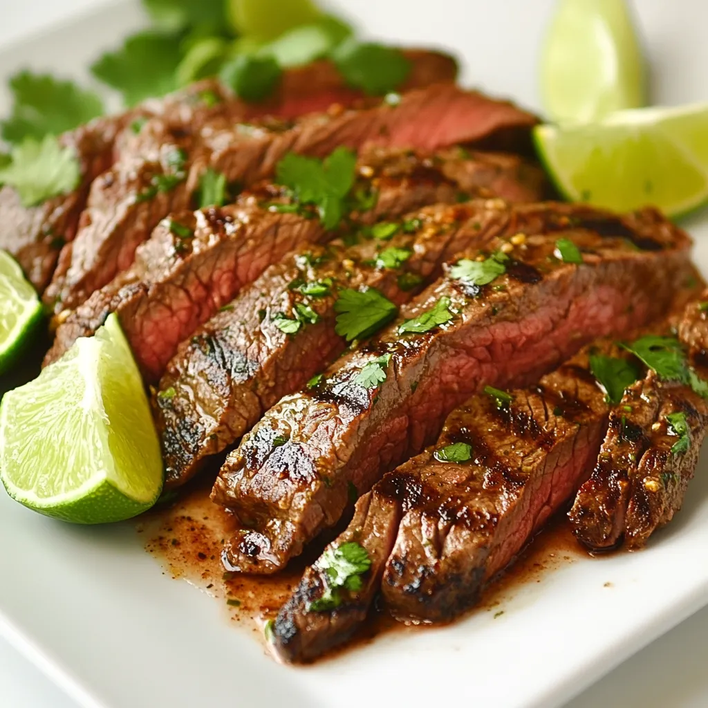- 1 lb flank steak - 2 tablespoons olive oil - 3 tablespoons lime juice - 2 teaspoons chili powder - 1 teaspoon garlic powder - 1 teaspoon cumin - 1 teaspoon smoked paprika - Salt and pepper to taste - Fresh cilantro, chopped (for garnish) - Lime wedges (for serving) I picked flank steak for its rich flavor and tenderness. This cut cooks quickly and is great for grilling. The olive oil helps the spices stick and adds moisture. Lime juice brings a fresh, zesty taste that brightens the meat. Chili powder adds heat, while garlic powder and cumin deepen the flavor. Smoked paprika gives a nice, smoky touch. Salt and pepper enhance all the flavors. Fresh cilantro adds a burst of freshness, making each bite delightful. Lime wedges are perfect for squeezing on top. When choosing flank steak, look for a bright red color. The meat should have some marbling but not too much fat. This marbling helps keep the steak juicy. Choose a cut that feels firm to the touch. Avoid any meat with a dull color or brown spots. Ask your butcher for help if you’re unsure. Fresh meat always makes a better meal. {{ingredient_image_1}} Start by making the marinade. In a medium bowl, mix olive oil, lime juice, chili powder, garlic powder, cumin, smoked paprika, salt, and pepper. Whisk it well so all ingredients blend. Next, take your flank steak and place it in a resealable bag or shallow dish. Pour the marinade over the steak, making sure it covers all sides. Seal the bag or cover the dish. Place it in the fridge for at least 30 minutes. If you have more time, let it marinate for up to 2 hours. This helps the meat soak up all the tasty flavors. While the steak marinates, preheat your grill. Set it to medium-high heat. If using a grill pan, place it on the stove and turn the heat to medium-high. It’s crucial to have the grill hot before adding the steak. This helps create a nice sear, which locks in juices and flavor. Once the grill is ready, take the flank steak out of the marinade. Let the excess marinade drip off. Place the steak on the grill. Grill for about 4 to 5 minutes on one side for medium-rare. Flip the steak only once during cooking. If you like it more done, adjust the time. Using a meat thermometer can help. Aim for 130°F for medium-rare. After grilling, remove the steak from the grill. Let it rest for about 5 minutes. Resting is key. It allows the juices to redistribute, making the steak juicy. Once rested, slice the steak against the grain into thin strips. This cuts through the fibers and makes the meat tender. Top with fresh cilantro and serve with lime wedges for extra zest. Enjoy your delicious meal! To get the best flavor from your flank steak, marinate it well. The marinade combines olive oil, lime juice, chili powder, and spices. Let the steak sit in the marinade for at least 30 minutes. If you can wait longer, go for two hours. This gives the meat time to soak up the flavors. Use fresh lime juice for a bright taste. The smoky notes from the paprika enhance the overall profile. Grilling can be easy, but some mistakes can ruin your steak. First, don’t skip preheating the grill. A hot grill helps sear the meat and locks in juices. Second, avoid flipping the steak too often. Flip it just once to get those nice grill marks. Lastly, don’t rush the resting time. Resting allows the juices to settle, making every bite juicy. When it’s time to serve, slice the steak against the grain. This method keeps the meat tender. Add fresh cilantro on top for a pop of color and freshness. Lime wedges on the side let guests add more zest if they like. Serve the steak with tortillas, rice, or a fresh salad for a complete meal. Enjoy this dish with friends and family for a fun meal! Pro Tips Marination Time: For best flavor, marinate the flank steak for at least 1 hour, but if you have more time, letting it sit for up to 2 hours will enhance the taste even further. Grill Temperature: Make sure your grill is preheated to medium-high heat. This ensures a good sear and helps lock in the juices. Slicing Technique: Always slice the steak against the grain. This makes the meat more tender and easier to chew. Resting Period: Allow the steak to rest for at least 5 minutes after grilling. This helps the juices redistribute, resulting in a juicier steak. {{image_2}} You can switch up the marinade to change the flavor. Try using soy sauce for a savory twist. A mix of orange juice and ginger gives a sweet and spicy taste. You can also add honey for a touch of sweetness. If you like it hot, add more chili powder or some diced jalapeños. Experimenting with different herbs, like basil or thyme, can also give a fresh feel. Grilling is great, but you can also cook flank steak in the oven. Preheat your oven to 400°F. Place the marinated steak on a baking sheet. Bake for about 15 to 20 minutes. Use a meat thermometer to check for doneness. For a broiler method, place the steak on a broiler pan. Broil for 4 to 5 minutes per side, keeping an eye on it to avoid burning. Each method gives a unique taste and texture. If you want a vegetarian dish, try using portobello mushrooms. They have a hearty texture and soak up marinades well. Marinate them the same way as the steak. Grill or roast them until tender. Cauliflower steaks are another option. Slice cauliflower into thick pieces and season with the same marinade. Cook them on the grill or in the oven for a tasty alternative. Both options will satisfy your craving for bold flavors. To store leftover flank steak, let it cool first. Cut the steak into slices. Place the slices in an airtight container. Add a piece of parchment paper to keep it fresh. Store it in the fridge for up to three days. This keeps the meat tasty and safe to eat later. When you want to eat the leftover steak, reheat it gently. You can use a skillet on low heat. Add a splash of water or broth to keep it moist. Cover the skillet with a lid. Heat for about 5 minutes. You can also use the microwave. Place the steak on a microwave-safe plate. Cover it loosely and heat for 30 seconds at a time. Check often to avoid overcooking. If you want to keep the steak longer, freezing is a great option. Wrap the steak tightly in plastic wrap. Then, place it in a freezer bag. Remove as much air as possible before sealing. This helps prevent freezer burn. You can keep it in the freezer for up to three months. When you’re ready to eat, thaw it in the fridge overnight. This way, your steak stays juicy and flavorful. You should marinate flank steak for at least 30 minutes. For better flavor, try to marinate it for up to 2 hours. The longer it sits, the more it soaks in the tasty chili and lime flavors. Just remember, don’t marinate for too long, or the meat can become mushy. The best cooking temperature for flank steak is medium-high heat. This allows the steak to sear well and cook evenly. Aim for about 145°F for medium-rare. Use a meat thermometer to check. This ensures the steak remains juicy and tender. Yes, you can use other cuts of meat. Skirt steak or sirloin works well too. Just remember that different cuts may need different cooking times. Choose a cut with good flavor and tenderness for best results. Great side dishes include rice, beans, or grilled veggies. You can also serve it with a fresh salad or corn tortillas. These sides balance the flavors and make the meal more filling. Feel free to mix and match based on your taste! In this post, we covered how to select great flank steak and marinate it well. I shared grilling tips and common mistakes to avoid. You also learned about delicious variations and how to store or reheat leftovers. Flank steak is tasty and versatile. Try different marinades or cooking methods for fun. With these tips, you can enjoy making a perfect meal every time. Happy grilling!