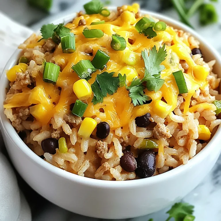 - 1 cup uncooked long-grain rice - 1 pound ground turkey or beef - 1 tablespoon olive oil - 1 small onion, diced - 2 cloves garlic, minced - 1 packet taco seasoning - 1 can (15 oz) black beans, rinsed and drained - 1 can (14.5 oz) diced tomatoes (with green chilies for extra flavor) - 2 cups chicken broth - 1 cup corn (fresh or frozen) - 1 cup shredded cheddar cheese (plus more for topping) - Salt and pepper to taste - Fresh cilantro or green onions, chopped (for garnish) Use cheddar cheese for its great melt and flavor. You can add more cheese on top for a cheesier experience. For fresh flavor, top with chopped cilantro or green onions. They bring color and a fresh taste. You will need a large skillet and measuring cups for this recipe. The skillet helps cook everything evenly. I suggest using good quality olive oil for sautéing. It adds a nice flavor to the dish. {{ingredient_image_1}} First, grab a large skillet. Heat one tablespoon of olive oil over medium heat. Once the oil is hot, add one small diced onion. Cook the onion for about three to four minutes. You want it soft and fragrant. Next, stir in two minced garlic cloves. Then, add one pound of ground turkey or beef. Cook the meat until it is browned and crumbled. If there’s extra fat, drain it away. Now, it’s time to add flavor. Sprinkle one packet of taco seasoning over the meat. Mix it well for about one minute. This step makes the meat tasty. Next, add one cup of uncooked long-grain rice to the skillet. Stir the rice into the meat mixture. Now, pour in one can of diced tomatoes (with juices), two cups of chicken broth, one can of black beans, and one cup of corn. Make sure to stir everything together well. Bring the mixture to a boil. Once it bubbles, reduce the heat to low. Cover the skillet with a lid. Let it simmer for about twenty to twenty-five minutes. This time lets the rice cook well. Check it to see if the rice is tender and the liquid is mostly gone. When it’s done, stir in one cup of shredded cheddar cheese. Mix until the cheese melts completely. Add salt and pepper to taste. To adjust the seasoning, taste your dish as you cook. If it needs more flavor, add more taco seasoning or salt. Mix well and let it cook a bit longer to blend the taste. For fluffy rice, rinse it before cooking. This removes excess starch. Use a 2:1 ratio of broth to rice for the right texture. Avoid stirring too much while it cooks. Let it simmer gently for best results. Add extra ingredients like bell peppers or jalapeños for a kick. You can also mix in avocado for creaminess. For a fresh side, serve it with a green salad. A simple corn salad pairs well too. These sides balance the rich flavors of the dish. Serve the cheesy taco rice in colorful bowls. Top with extra cheese for a cheesy finish. Fresh cilantro or green onions add a nice touch. For extra crunch, serve with tortilla chips on the side. You can even use chips to scoop the rice. This makes it fun to eat! Pro Tips Use Brown Rice: For a healthier option, substitute white rice with brown rice. Just remember to adjust the cooking time, as brown rice takes longer to cook. Customize Your Meat: Feel free to use other proteins like shredded chicken or plant-based meat alternatives for a different flavor profile. Add More Veggies: Incorporate additional vegetables like bell peppers, zucchini, or spinach to boost the nutritional content and add more color to your dish. Make It Spicy: If you love heat, add diced jalapeños or a dash of hot sauce to the mixture for an extra kick. {{image_2}} You can swap the meat in this dish for beans. Black beans provide a great protein source and keep the meal hearty. Simply add 2 cans of beans instead of meat. You can also try chicken or pork. For chicken, use ground or shredded meat. For pork, ground pork works well too. Each option adds its own flavor and texture. Add more veggies to boost flavor and nutrition. Bell peppers, zucchini, or spinach blend well in this dish. You can also mix in spices like cumin or paprika for depth. For cheese, try pepper jack or Monterey Jack for a kick. Mixing different cheeses creates a creamy texture and adds flavor. If you need a gluten-free dish, use gluten-free taco seasoning. Most rice is gluten-free, so you’re safe there. For dairy-free options, use dairy-free cheese. Coconut milk can replace chicken broth for a different taste. These adjustments ensure everyone can enjoy this meal without worry. After you enjoy your Cheesy Taco Rice Skillet, you can store the leftovers. Place them in an airtight container. This helps keep the flavors fresh. The dish lasts in the fridge for about 3 to 4 days. When you want to eat it again, just reheat it on the stove or in the microwave. If you want to save some for later, you can freeze the Cheesy Taco Rice Skillet. First, let it cool completely. Then, divide it into portions and place them in freezer-safe bags. Squeeze out as much air as you can before sealing. This way, it stays fresh. To thaw, move it to the fridge overnight. You can reheat it on the stove or in the microwave until hot. Leftovers are great for new meals! You can use them in burritos or tacos. Just spoon some rice onto a tortilla and add your favorite toppings. You can also mix it into a salad for a hearty lunch. For meal prep, pack individual portions in containers. This makes it easy to grab a meal on busy days. This dish is quick and easy! It takes about 35 minutes in total. You spend 10 minutes getting ready and then 25 minutes cooking. This means you can have a yummy dinner on the table fast! Yes, you can use brown rice! Just remember, it takes longer to cook. You will need about 45-50 minutes instead of 25. Make sure to add extra liquid, too, as brown rice absorbs more. Use 2 ½ cups of chicken broth for best results. The spice level depends on the taco seasoning you use. Some brands are mild, while others can be hot. If you want less heat, choose a mild seasoning. You can also add less seasoning or mix in some extra cheese to cool it down. Enjoy your meal just how you like it! In this blog post, we explored how to make Cheesy Taco Rice Skillet using ground meat, pantry staples, and delicious cheese. I shared tips to enhance flavor, perfect texture, and make this dish your own. Remember, cooking is creative. You can mix ingredients to suit your taste. Whether you keep it simple or add extra flair, you will enjoy this meal. With easy storage tips, this dish can stretch into multiple meals. Embrace the joy of cooking and enjoy every bite!